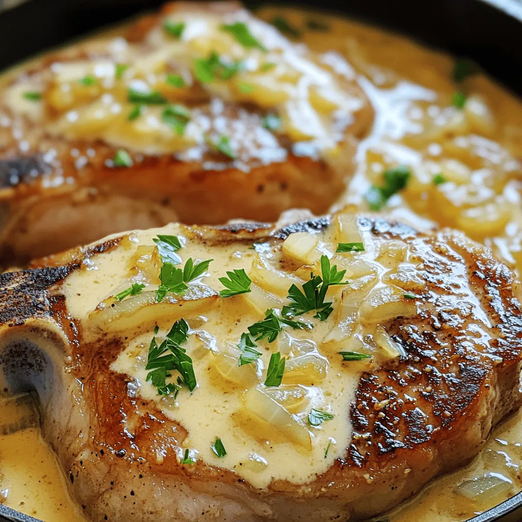 - 4 bone-in pork chops (about 1 inch thick) - 2 tablespoons olive oil - 1 medium onion, thinly sliced - 2 cloves garlic, minced