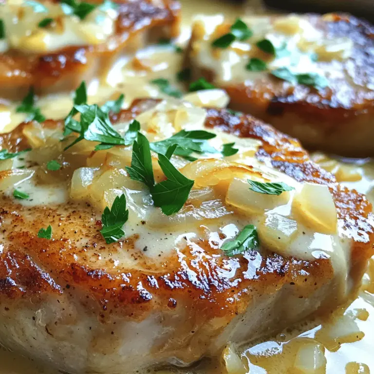 - 4 bone-in pork chops (about 1 inch thick) - 2 tablespoons olive oil - 1 medium onion, thinly sliced - 2 cloves garlic, minced