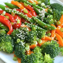 - Fresh vegetables: - 1 cup broccoli florets - 1 red bell pepper, sliced - 1 carrot, julienned - 1 zucchini, sliced - 1 cup snap peas - Aromatics: - 2 cloves garlic, minced - 1 tablespoon fresh ginger, minced - Seasoning: - 2 tablespoons soy sauce (or low-sodium soy sauce) - 1 tablespoon sesame oil - 1 tablespoon olive oil - Salt and pepper to taste - Optional garnish: - Sesame seeds - 3 green onions, chopped Gather these fresh ingredients to create a quick and healthy meal. I love using vibrant vegetables like broccoli and bell pepper for color and crunch. Garlic and ginger add a nice kick. The soy sauce and sesame oil bring everything together with savory flavor. You can even make it your own by adding extra toppings like sesame seeds or green onions. For the full recipe, follow the detailed instructions for a truly delightful stir-fry experience! Start by washing all your veggies. This removes dirt and germs. I like to use cold water. Once washed, chop them as needed. Cut the broccoli into small florets. Slice the bell pepper into thin strips. Julien the carrot into matchstick shapes. Slice the zucchini into half-moons. Arrange the vegetables on your cutting board. Keep them separate for easy access. This helps speed up cooking. It also keeps the colors vibrant. Heat a large skillet or wok on medium-high heat. Pour in the olive oil and let it warm up. You want the oil to shimmer but not smoke. This means it is ready for cooking. Add the minced garlic and ginger. Stir them for about 30 seconds. You want to smell their rich aroma. Next, toss in the harder vegetables first. Start with the broccoli, carrots, and red bell pepper. Stir-fry these for 3-4 minutes. They should soften but still have a nice crunch. Now it’s time to add the softer veggies. Toss in the zucchini and snap peas. Stir-fry for another 2-3 minutes. This will keep all the colors bright and inviting. Pour in the soy sauce and sesame oil. Stir everything well to coat the veggies. Season with salt and pepper to your taste. Finally, cook for an extra 1-2 minutes. This ensures the veggies are tender but still crisp. Serve the stir-fry hot on a platter or in bowls. You can sprinkle sesame seeds and chopped green onions on top for extra flair. This recipe makes a quick and healthy meal that is sure to please everyone! For the full recipe, check the earlier section. To boost the taste of your veggie stir-fry, I suggest adding a few spices. A pinch of red pepper flakes adds heat. For a sweet touch, try a drizzle of honey or maple syrup. Fresh herbs like cilantro or basil can also brighten the dish. Using fresh veggies is key. Fresh produce holds more flavor and nutrients. Buy seasonal vegetables for the best taste. To get the right crunch, use high heat. Heat your oil until it shimmers before adding veggies. Start with harder vegetables, like broccoli and carrots. They take longer to cook. Stir-fry them for about three to four minutes. Then, add softer veggies like zucchini and snap peas. Cook for an extra two to three minutes. This way, all your veggies stay bright and crisp. Pair your stir-fry with rice or quinoa for a full meal. Both add fiber and protein. You can also serve it over noodles for a different texture. For a beautiful presentation, use a large platter. Arrange the stir-fry neatly and sprinkle sesame seeds on top. Add chopped green onions for a pop of color. These tips make your meal look as good as it tastes! {{image_2}} You can switch out vegetables based on what you have. Try using seasonal veggies like asparagus, cauliflower, or bell peppers. They add great taste and color. Other greens, like kale or spinach, can also work well. Just remember to chop them before adding to the stir-fry. This helps them cook evenly. Adding protein makes your stir-fry more filling. Tofu is a great choice. It absorbs flavors well and adds a nice texture. Tempeh is another option; it has a firmer bite. You can also add chickpeas for a good protein boost. Pair these proteins with soy sauce or sesame oil for a tasty blend. Sauces can change the whole dish. For a sweet twist, use teriyaki sauce. If you like heat, try a spicy chili sauce. Fresh herbs like basil or cilantro can add a burst of flavor. Just toss them in at the end for the best taste. For more ideas, check out the Full Recipe for tips on sauces and herbs! After you finish your delicious veggie stir-fry, cool it down first. This step helps keep the taste fresh. Use airtight containers for storing your leftovers. Glass or plastic containers work well. Make sure they are clean and dry before use. Label your containers with the date. This way, you’ll know when you made it. In the fridge, your veggie stir-fry lasts about three to four days. Keep it in the back of the fridge for the best temperature. For long-term storage, you can freeze it. Use freezer-safe bags or containers. Be sure to remove as much air as possible to prevent freezer burn. Reheat your stir-fry on the stove for the best texture. Use medium heat and stir often. If you want to add fresh ingredients, toss in some new veggies or a splash of soy sauce. This boosts flavor and keeps your meal exciting. You can also use a microwave if you’re short on time, but stir occasionally to heat evenly. Enjoy your tasty stir-fry again! Yes, you can easily make this dish vegan. Just swap the soy sauce for a vegan version, if needed. Instead of using sesame oil, you can use another plant-based oil. If you want more protein, add tofu or tempeh. You have lots of options! Serve the stir-fry over steamed rice or quinoa. You can also pair it with noodles or a fresh salad. For a crunchy touch, add some roasted nuts or seeds. Making stir-fry sauce is simple! Combine soy sauce, sesame oil, garlic, and a bit of sugar. You can add some chili paste for heat or vinegar for a tangy kick. Mix these ingredients well, and pour over the stir-fry. Yes, stir-frying is a great method! It cooks food quickly, keeping nutrients intact. You use less oil than frying. Plus, it helps keep veggies crunchy and fresh. This method also allows for a colorful, tasty meal. In this blog post, we explored how to make an Easy Veggie Stir-Fry. We covered the required ingredients and provided step-by-step instructions to make cooking simple and fun. Tips addressed enhancing flavor and perfecting techniques for a great meal. I shared variations like adding proteins and alternative vegetables to suit your taste. Finally, we discussed storage and reheating to make the most of your leftovers. Now, you can create a tasty veggie dish that fits any meal!