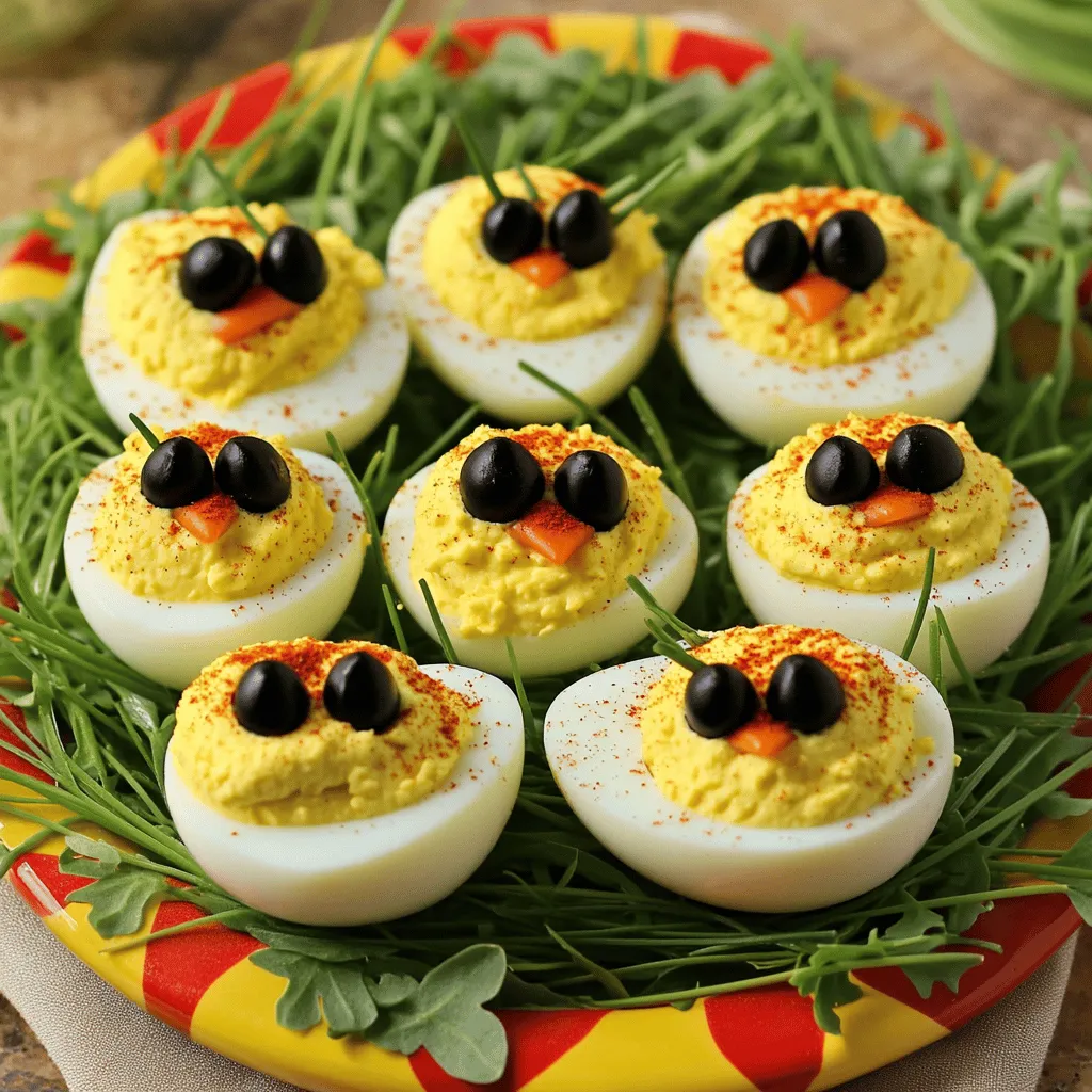 - 6 large eggs - 3 tablespoons mayonnaise - 1 teaspoon Dijon mustard - 1 teaspoon vinegar (white or apple cider) - Salt and pepper to taste - Black olives, sliced (for eyes) - Fresh chives, cut into small pieces (for beaks) - Paprika (for garnish)
