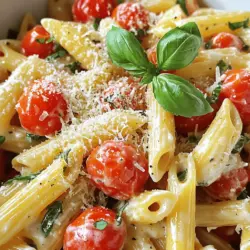 - Main ingredients: - 12 oz pasta (penne or fettuccine works best) - 2 cups cherry tomatoes, halved - 1 cup heavy cream - Fresh herbs: - 1 cup fresh basil leaves, chopped (plus extra for garnish) - Basil adds a sweet and aromatic taste. It brightens the dish. - Additional components: - 3 cloves garlic, minced - 2 tablespoons olive oil - 1/2 cup grated Parmesan cheese - 1 teaspoon red pepper flakes (optional) - Salt and pepper to taste Gather these ingredients before you start cooking. Each one plays a key role in making this creamy tomato basil pasta rich and flavorful. The tomatoes bring sweetness, while basil adds freshness. Parmesan gives a nice cheesy touch, and garlic adds depth. The heavy cream makes it all creamy and delicious! For the full recipe, check out the details above. To cook perfect al dente pasta, bring a large pot of salted water to a boil. Add the pasta and cook it as directed on the package. You want the pasta firm but not hard. This usually takes about 8-10 minutes. Once done, drain the pasta but save one cup of the pasta water. This water helps to make the sauce creamy later. For great garlic flavor, heat olive oil in a large skillet over medium heat. Once hot, add the minced garlic. Sauté it for 1-2 minutes until it smells amazing. Be careful not to burn the garlic. Burnt garlic tastes bitter and ruins the dish. Now, add the halved cherry tomatoes and red pepper flakes to the skillet. Cook them for about 5-7 minutes. Stir occasionally. You want the tomatoes to soften and release their juices. After that, lower the heat and pour in the heavy cream. Stir well and let it simmer for 2-3 minutes. This thickens the sauce just right. Time to combine everything! Add the grated Parmesan cheese and chopped basil to the skillet. Then, toss in the cooked pasta. Mix it all well so the pasta is coated in the creamy sauce. If it feels too thick, add a splash of the reserved pasta water. Finally, season with salt and pepper to taste. Toss one more time to blend all the flavors. Enjoy your creamy tomato basil pasta! For the full recipe, check out the complete guide. To make your sauce rich, follow these best practices: - Use heavy cream. It gives a smooth texture. - Simmer the cream gently. This helps it thicken without burning. - Stir frequently. This keeps the sauce from sticking. - Add a splash of pasta water. It helps blend the sauce and pasta. By using these tips, your sauce will be velvety and delicious. You can add herbs and spices to make your dish shine. Here are some ideas: - Fresh basil is key. Add it at the end for bright flavor. - Oregano and thyme work well too. They add depth to the dish. - For heat, add red pepper flakes. Use them when you sauté the garlic. Start with a little, then taste. You can always add more. These additions can suit your taste and make the dish stand out. A beautiful plate makes food even more enjoyable. Here are some garnishing ideas: - Top with extra fresh basil. It adds color and freshness. - Sprinkle more grated Parmesan on top. It gives a nice finish. - Serve in a big bowl or individual plates. This adds elegance. These simple tips will make your creamy tomato basil pasta look as good as it tastes. For the full recipe, check out the details above. {{image_2}} You can easily change this recipe to fit your needs. For a gluten-free version, use gluten-free pasta. Many brands make pasta from rice or lentils. They taste great and cook well. For a vegan twist, switch heavy cream with coconut milk or cashew cream. This keeps the dish creamy and rich. You can also skip the Parmesan cheese or use a vegan substitute. Want to add some protein? You have options! Grilled chicken is a favorite. It adds flavor and makes the meal heartier. Shrimp is another great choice. Just sauté it with the garlic until it's pink and cooked through. You can also use cooked sausage for a spicy kick. Mixing in these proteins makes the dish more filling and tasty. Make this dish shine with seasonal ingredients. In spring, add fresh asparagus or peas for a pop of color. In summer, zucchini or bell peppers work well. They add a nice crunch and flavor. In the fall, consider adding roasted butternut squash for sweetness. For winter, use hearty greens like kale or spinach. Incorporating seasonal veggies and herbs keeps your dish fresh and exciting. For a complete guide, check out the Full Recipe. To keep your creamy tomato basil pasta fresh, store it in an airtight container. Refrigerate it right after it cools down. It will stay tasty for about three to four days. If you want to keep it longer, freeze it. Use a freezer-safe container and try to remove as much air as possible. This will help avoid freezer burn. When you freeze it, aim to use it within three months. When you reheat this dish, do it gently. The best way is to use a skillet. Add a splash of water or extra cream to help it stay creamy. Heat it over low to medium heat. Stir often to mix the sauce back in with the pasta. You can also use the microwave. Place it in a microwave-safe bowl, cover it, and heat in short bursts. Stir in between to keep it even. Avoid high heat, as it can make the pasta tough. Creamy tomato basil pasta lasts well in the fridge for about four days. If frozen, it can last for three months. However, the texture may change after thawing. The sauce may separate slightly. Still, it will taste great. Just remember to check for any signs of spoilage before eating. Always trust your senses—if it smells or looks off, it’s best to toss it. Making creamy tomato basil pasta is quick and easy. Here’s the breakdown: - Prep Time: 10 minutes - Cook Time: 15 minutes - Total Time: 25 minutes You can enjoy a delicious meal in half an hour! Yes, you can use canned tomatoes. They save time and are convenient. Here are some pros and cons: - Pros: - Canned tomatoes are often juicier. - They have a longer shelf life. - Cons: - Fresh tomatoes provide a brighter flavor. - Canned tomatoes may alter the texture. If you use canned tomatoes, drain some juice to avoid a watery sauce. Cook them the same way as fresh ones! You can use many pasta types. Here are some popular choices: - Penne: Holds sauce well. - Fettuccine: Great for creamy sauces. - Spaghetti: Classic for any sauce. Choose your favorite! Just remember to cook it al dente for the best texture. Yes, this recipe is excellent for meal prep! Here are some tips: - Make Ahead: Cook the pasta and sauce separately. Store them in airtight containers. - Reheat: When ready to eat, combine them in a skillet. Add a splash of water to revive the sauce. This makes for an easy and quick meal during busy days! You learned how to make creamy tomato basil pasta from scratch. We covered the key ingredients, like pasta, tomatoes, and cream. I shared tips for cooking, flavoring, and presenting your dish. You can even adapt the recipe to fit your diet or season. Remember, good practice in storing and reheating is key to enjoying leftovers. With these steps, you can impress anyone with a simple yet delicious meal. Enjoy your cooking journey!