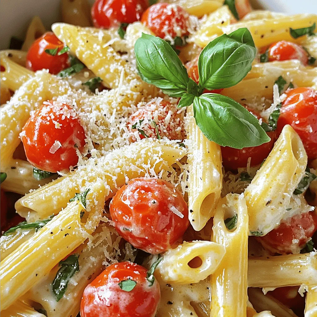 - Main ingredients: - 12 oz pasta (penne or fettuccine works best) - 2 cups cherry tomatoes, halved - 1 cup heavy cream - Fresh herbs: - 1 cup fresh basil leaves, chopped (plus extra for garnish) - Basil adds a sweet and aromatic taste. It brightens the dish. - Additional components: - 3 cloves garlic, minced - 2 tablespoons olive oil - 1/2 cup grated Parmesan cheese - 1 teaspoon red pepper flakes (optional) - Salt and pepper to taste Gather these ingredients before you start cooking. Each one plays a key role in making this creamy tomato basil pasta rich and flavorful. The tomatoes bring sweetness, while basil adds freshness. Parmesan gives a nice cheesy touch, and garlic adds depth. The heavy cream makes it all creamy and delicious! For the full recipe, check out the details above. To cook perfect al dente pasta, bring a large pot of salted water to a boil. Add the pasta and cook it as directed on the package. You want the pasta firm but not hard. This usually takes about 8-10 minutes. Once done, drain the pasta but save one cup of the pasta water. This water helps to make the sauce creamy later. For great garlic flavor, heat olive oil in a large skillet over medium heat. Once hot, add the minced garlic. Sauté it for 1-2 minutes until it smells amazing. Be careful not to burn the garlic. Burnt garlic tastes bitter and ruins the dish. Now, add the halved cherry tomatoes and red pepper flakes to the skillet. Cook them for about 5-7 minutes. Stir occasionally. You want the tomatoes to soften and release their juices. After that, lower the heat and pour in the heavy cream. Stir well and let it simmer for 2-3 minutes. This thickens the sauce just right. Time to combine everything! Add the grated Parmesan cheese and chopped basil to the skillet. Then, toss in the cooked pasta. Mix it all well so the pasta is coated in the creamy sauce. If it feels too thick, add a splash of the reserved pasta water. Finally, season with salt and pepper to taste. Toss one more time to blend all the flavors. Enjoy your creamy tomato basil pasta! For the full recipe, check out the complete guide. To make your sauce rich, follow these best practices: - Use heavy cream. It gives a smooth texture. - Simmer the cream gently. This helps it thicken without burning. - Stir frequently. This keeps the sauce from sticking. - Add a splash of pasta water. It helps blend the sauce and pasta. By using these tips, your sauce will be velvety and delicious. You can add herbs and spices to make your dish shine. Here are some ideas: - Fresh basil is key. Add it at the end for bright flavor. - Oregano and thyme work well too. They add depth to the dish. - For heat, add red pepper flakes. Use them when you sauté the garlic. Start with a little, then taste. You can always add more. These additions can suit your taste and make the dish stand out. A beautiful plate makes food even more enjoyable. Here are some garnishing ideas: - Top with extra fresh basil. It adds color and freshness. - Sprinkle more grated Parmesan on top. It gives a nice finish. - Serve in a big bowl or individual plates. This adds elegance. These simple tips will make your creamy tomato basil pasta look as good as it tastes. For the full recipe, check out the details above. {{image_2}} You can easily change this recipe to fit your needs. For a gluten-free version, use gluten-free pasta. Many brands make pasta from rice or lentils. They taste great and cook well. For a vegan twist, switch heavy cream with coconut milk or cashew cream. This keeps the dish creamy and rich. You can also skip the Parmesan cheese or use a vegan substitute. Want to add some protein? You have options! Grilled chicken is a favorite. It adds flavor and makes the meal heartier. Shrimp is another great choice. Just sauté it with the garlic until it's pink and cooked through. You can also use cooked sausage for a spicy kick. Mixing in these proteins makes the dish more filling and tasty. Make this dish shine with seasonal ingredients. In spring, add fresh asparagus or peas for a pop of color. In summer, zucchini or bell peppers work well. They add a nice crunch and flavor. In the fall, consider adding roasted butternut squash for sweetness. For winter, use hearty greens like kale or spinach. Incorporating seasonal veggies and herbs keeps your dish fresh and exciting. For a complete guide, check out the Full Recipe. To keep your creamy tomato basil pasta fresh, store it in an airtight container. Refrigerate it right after it cools down. It will stay tasty for about three to four days. If you want to keep it longer, freeze it. Use a freezer-safe container and try to remove as much air as possible. This will help avoid freezer burn. When you freeze it, aim to use it within three months. When you reheat this dish, do it gently. The best way is to use a skillet. Add a splash of water or extra cream to help it stay creamy. Heat it over low to medium heat. Stir often to mix the sauce back in with the pasta. You can also use the microwave. Place it in a microwave-safe bowl, cover it, and heat in short bursts. Stir in between to keep it even. Avoid high heat, as it can make the pasta tough. Creamy tomato basil pasta lasts well in the fridge for about four days. If frozen, it can last for three months. However, the texture may change after thawing. The sauce may separate slightly. Still, it will taste great. Just remember to check for any signs of spoilage before eating. Always trust your senses—if it smells or looks off, it’s best to toss it. Making creamy tomato basil pasta is quick and easy. Here’s the breakdown: - Prep Time: 10 minutes - Cook Time: 15 minutes - Total Time: 25 minutes You can enjoy a delicious meal in half an hour! Yes, you can use canned tomatoes. They save time and are convenient. Here are some pros and cons: - Pros: - Canned tomatoes are often juicier. - They have a longer shelf life. - Cons: - Fresh tomatoes provide a brighter flavor. - Canned tomatoes may alter the texture. If you use canned tomatoes, drain some juice to avoid a watery sauce. Cook them the same way as fresh ones! You can use many pasta types. Here are some popular choices: - Penne: Holds sauce well. - Fettuccine: Great for creamy sauces. - Spaghetti: Classic for any sauce. Choose your favorite! Just remember to cook it al dente for the best texture. Yes, this recipe is excellent for meal prep! Here are some tips: - Make Ahead: Cook the pasta and sauce separately. Store them in airtight containers. - Reheat: When ready to eat, combine them in a skillet. Add a splash of water to revive the sauce. This makes for an easy and quick meal during busy days! You learned how to make creamy tomato basil pasta from scratch. We covered the key ingredients, like pasta, tomatoes, and cream. I shared tips for cooking, flavoring, and presenting your dish. You can even adapt the recipe to fit your diet or season. Remember, good practice in storing and reheating is key to enjoying leftovers. With these steps, you can impress anyone with a simple yet delicious meal. Enjoy your cooking journey!
