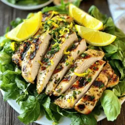 To make Zesty Lemon Herb Chicken, you need a few key items. Here is what you'll need: - 4 boneless, skinless chicken breasts - 2 lemons (zest and juice) - 4 cloves garlic, minced - 1/4 cup fresh parsley, finely chopped - 1/4 cup fresh basil, finely chopped - 2 tablespoons olive oil - 1 teaspoon dried oregano - 1 teaspoon salt - 1/2 teaspoon black pepper - 1/4 teaspoon red pepper flakes (optional for spice) These ingredients work together to create a bright and fresh flavor. The chicken absorbs the lemon and herb notes, making it delicious. You can add some extra ingredients to boost the taste. These are not required but can make your dish special: - Fresh thyme - A splash of white wine - Sun-dried tomatoes - Capers These flavors can add depth to the dish. Feel free to mix and match based on what you like. When picking herbs, freshness is key. Here are some tips to choose the best ones: - Look for vibrant green leaves. Avoid yellow or wilted ones. - Smell the herbs. They should have a strong, fragrant scent. - Check for moisture. Fresh herbs should feel damp, not dry. Using fresh herbs can make a big difference in taste. They bring brightness to your Zesty Lemon Herb Chicken. For the full recipe, refer to the detailed instructions provided earlier. To make the marinade, grab a mixing bowl. Combine the lemon zest and juice, minced garlic, chopped parsley, and chopped basil. Add olive oil, oregano, salt, black pepper, and red pepper flakes if you want some heat. Mix it all well. This mix packs a punch of flavor that makes the chicken shine. Next, place the chicken breasts in a large resealable plastic bag or a shallow dish. Pour that tasty marinade over the chicken, making sure each piece gets coated. Seal the bag or cover the dish. Now, let it soak in the fridge for at least 30 minutes, or up to 2 hours for a deeper flavor. After the chicken has marinated, it's time to grill! Preheat your grill to medium-high heat, about 375°F to 400°F. Remove the chicken from the marinade, letting any extra drip off. You can toss the leftover marinade; it has done its job. Place the chicken on the grill. Cook for about 6-7 minutes on each side. You want the internal temperature to reach 165°F and for the chicken to be white inside. Once the chicken is grilled, take it off the heat. Let it rest for about 5 minutes. This helps the juices stay inside the chicken, making it tasty and tender. When you’re ready to serve, slice the chicken and place it on a bed of mixed greens. Drizzle some extra lemon juice on top for a fresh kick. Garnish it with lemon wedges and a sprinkle of fresh herbs. For the full recipe, check out the [Full Recipe]. Enjoy your meal! To get great grill marks, preheat your grill well. Aim for medium-high heat. Place the chicken on the grill at a 45-degree angle. This angle helps create those nice crisscross marks. Don’t move the chicken for the first few minutes. Let it sit so it can sear nicely. After about 3-4 minutes, flip the chicken to the other side. This gives you those perfect grill marks that look great and taste even better. Making the marinade ahead is easy and smart. You can mix it the night before. Just combine all the marinade ingredients and store them in the fridge. This way, the flavors deepen and make your chicken taste awesome. When you’re ready to cook, simply add the chicken to the marinade. Let it sit for at least 30 minutes or up to 2 hours for the best taste. This simple step saves you time on busy days. Zesty Lemon Herb Chicken pairs well with many sides. Try serving it on a bed of mixed greens. You can add fresh veggies like cherry tomatoes or cucumbers. Drizzle extra lemon juice on top for a zesty kick. You can also serve it with rice or quinoa for a heartier meal. For a yummy touch, add a sprinkle of fresh herbs. This adds color and flavor to your dish. Check out the full recipe for more ideas! {{image_2}} You can cook Zesty Lemon Herb Chicken in different ways. Grilling gives it a smoky flavor and nice grill marks. The high heat seals in juices, making it tender. Baking is also great if you want a hands-off approach. It cooks evenly in the oven. To bake, preheat to 400°F. Place the marinated chicken on a baking sheet. Bake for about 25-30 minutes or until it reaches 165°F. Both methods work well, but choose based on your time and tools. You can mix up the flavors by using different herbs. Instead of parsley and basil, try thyme or rosemary. These herbs add depth and aroma. For a Mediterranean twist, use oregano and dill. You can also explore using cilantro for a fresh taste. Mix and match herbs based on what you have. This keeps the dish exciting and new every time. Your taste buds will love the variety! If you have dietary needs, you can still enjoy this dish. For a low-carb option, skip the chicken and use cauliflower. It absorbs the lemon and herbs well. If you want a vegan option, use chickpeas marinated in the same mix. You can also swap chicken for turkey or fish. Just adjust cooking times as needed. These swaps keep the meal tasty while meeting your needs. Enjoy the flavor and make it your own! After enjoying your Zesty Lemon Herb Chicken, store leftovers quickly. Place the chicken in a shallow, airtight container. This helps keep the chicken fresh and tasty. You can also wrap the chicken tightly in plastic wrap. Make sure to let it cool first. Proper storage keeps the chicken good for up to three days in the fridge. Reheating your chicken can be simple. Preheat your oven to 350°F. Place the chicken on a baking sheet. Cover it with foil to keep moisture in. Heat for about 15 to 20 minutes. You can also use a microwave if you're in a hurry. Place the chicken on a microwave-safe plate. Heat for one to two minutes until warm. Just be careful not to overcook it, or it may dry out. Freezing is a great way to save time. You can freeze the chicken before or after cooking. If freezing raw, marinate the chicken first. Place it in a freezer bag. Remove as much air as you can before sealing. This helps prevent freezer burn. If freezing cooked chicken, let it cool completely. Then, place it in a freezer-safe container. It can last up to three months in the freezer. When you're ready to enjoy it, just thaw in the fridge overnight. Then, reheat as needed. For more details, check the Full Recipe. You should marinate the chicken for at least 30 minutes. This time helps the chicken soak in all the bright lemon and herb flavors. For more flavor, you can marinate it for up to 2 hours. Just remember not to exceed this time, as the acid from the lemon can make the chicken too soft. Yes, you can use chicken thighs instead of breasts. Thighs have more fat, which makes them juicy and full of flavor. Just keep in mind that they may need a few more minutes to cook through. Ensure the internal temperature reaches 165°F for safety. Zesty Lemon Herb Chicken pairs well with many sides. Here are some great options: - Grilled vegetables: Bell peppers and zucchini are excellent choices. - Rice: Lemon or herb-infused rice adds a nice touch. - Salad: A fresh green salad with a light vinaigrette complements the flavors well. - Potatoes: Roasted or mashed potatoes provide a hearty balance. Try out these sides to create a full meal that shines! For the full recipe, check the earlier sections. This post covered how to make Zesty Lemon Herb Chicken. We discussed essential and optional ingredients for flavor. You learned tips for using fresh herbs and step-by-step cooking instructions. Perfect grill marks add to its appeal. We also explored cooking methods, flavor variations, and storage tips for leftovers. Lastly, I answered common questions to make cooking easier. Enjoy your tasty meal and impress your friends!