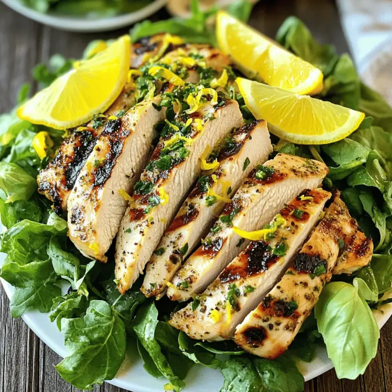 To make Zesty Lemon Herb Chicken, you need a few key items. Here is what you'll need: - 4 boneless, skinless chicken breasts - 2 lemons (zest and juice) - 4 cloves garlic, minced - 1/4 cup fresh parsley, finely chopped - 1/4 cup fresh basil, finely chopped - 2 tablespoons olive oil - 1 teaspoon dried oregano - 1 teaspoon salt - 1/2 teaspoon black pepper - 1/4 teaspoon red pepper flakes (optional for spice) These ingredients work together to create a bright and fresh flavor. The chicken absorbs the lemon and herb notes, making it delicious. You can add some extra ingredients to boost the taste. These are not required but can make your dish special: - Fresh thyme - A splash of white wine - Sun-dried tomatoes - Capers These flavors can add depth to the dish. Feel free to mix and match based on what you like. When picking herbs, freshness is key. Here are some tips to choose the best ones: - Look for vibrant green leaves. Avoid yellow or wilted ones. - Smell the herbs. They should have a strong, fragrant scent. - Check for moisture. Fresh herbs should feel damp, not dry. Using fresh herbs can make a big difference in taste. They bring brightness to your Zesty Lemon Herb Chicken. For the full recipe, refer to the detailed instructions provided earlier. To make the marinade, grab a mixing bowl. Combine the lemon zest and juice, minced garlic, chopped parsley, and chopped basil. Add olive oil, oregano, salt, black pepper, and red pepper flakes if you want some heat. Mix it all well. This mix packs a punch of flavor that makes the chicken shine. Next, place the chicken breasts in a large resealable plastic bag or a shallow dish. Pour that tasty marinade over the chicken, making sure each piece gets coated. Seal the bag or cover the dish. Now, let it soak in the fridge for at least 30 minutes, or up to 2 hours for a deeper flavor. After the chicken has marinated, it's time to grill! Preheat your grill to medium-high heat, about 375°F to 400°F. Remove the chicken from the marinade, letting any extra drip off. You can toss the leftover marinade; it has done its job. Place the chicken on the grill. Cook for about 6-7 minutes on each side. You want the internal temperature to reach 165°F and for the chicken to be white inside. Once the chicken is grilled, take it off the heat. Let it rest for about 5 minutes. This helps the juices stay inside the chicken, making it tasty and tender. When you’re ready to serve, slice the chicken and place it on a bed of mixed greens. Drizzle some extra lemon juice on top for a fresh kick. Garnish it with lemon wedges and a sprinkle of fresh herbs. For the full recipe, check out the [Full Recipe]. Enjoy your meal! To get great grill marks, preheat your grill well. Aim for medium-high heat. Place the chicken on the grill at a 45-degree angle. This angle helps create those nice crisscross marks. Don’t move the chicken for the first few minutes. Let it sit so it can sear nicely. After about 3-4 minutes, flip the chicken to the other side. This gives you those perfect grill marks that look great and taste even better. Making the marinade ahead is easy and smart. You can mix it the night before. Just combine all the marinade ingredients and store them in the fridge. This way, the flavors deepen and make your chicken taste awesome. When you’re ready to cook, simply add the chicken to the marinade. Let it sit for at least 30 minutes or up to 2 hours for the best taste. This simple step saves you time on busy days. Zesty Lemon Herb Chicken pairs well with many sides. Try serving it on a bed of mixed greens. You can add fresh veggies like cherry tomatoes or cucumbers. Drizzle extra lemon juice on top for a zesty kick. You can also serve it with rice or quinoa for a heartier meal. For a yummy touch, add a sprinkle of fresh herbs. This adds color and flavor to your dish. Check out the full recipe for more ideas! {{image_2}} You can cook Zesty Lemon Herb Chicken in different ways. Grilling gives it a smoky flavor and nice grill marks. The high heat seals in juices, making it tender. Baking is also great if you want a hands-off approach. It cooks evenly in the oven. To bake, preheat to 400°F. Place the marinated chicken on a baking sheet. Bake for about 25-30 minutes or until it reaches 165°F. Both methods work well, but choose based on your time and tools. You can mix up the flavors by using different herbs. Instead of parsley and basil, try thyme or rosemary. These herbs add depth and aroma. For a Mediterranean twist, use oregano and dill. You can also explore using cilantro for a fresh taste. Mix and match herbs based on what you have. This keeps the dish exciting and new every time. Your taste buds will love the variety! If you have dietary needs, you can still enjoy this dish. For a low-carb option, skip the chicken and use cauliflower. It absorbs the lemon and herbs well. If you want a vegan option, use chickpeas marinated in the same mix. You can also swap chicken for turkey or fish. Just adjust cooking times as needed. These swaps keep the meal tasty while meeting your needs. Enjoy the flavor and make it your own! After enjoying your Zesty Lemon Herb Chicken, store leftovers quickly. Place the chicken in a shallow, airtight container. This helps keep the chicken fresh and tasty. You can also wrap the chicken tightly in plastic wrap. Make sure to let it cool first. Proper storage keeps the chicken good for up to three days in the fridge. Reheating your chicken can be simple. Preheat your oven to 350°F. Place the chicken on a baking sheet. Cover it with foil to keep moisture in. Heat for about 15 to 20 minutes. You can also use a microwave if you're in a hurry. Place the chicken on a microwave-safe plate. Heat for one to two minutes until warm. Just be careful not to overcook it, or it may dry out. Freezing is a great way to save time. You can freeze the chicken before or after cooking. If freezing raw, marinate the chicken first. Place it in a freezer bag. Remove as much air as you can before sealing. This helps prevent freezer burn. If freezing cooked chicken, let it cool completely. Then, place it in a freezer-safe container. It can last up to three months in the freezer. When you're ready to enjoy it, just thaw in the fridge overnight. Then, reheat as needed. For more details, check the Full Recipe. You should marinate the chicken for at least 30 minutes. This time helps the chicken soak in all the bright lemon and herb flavors. For more flavor, you can marinate it for up to 2 hours. Just remember not to exceed this time, as the acid from the lemon can make the chicken too soft. Yes, you can use chicken thighs instead of breasts. Thighs have more fat, which makes them juicy and full of flavor. Just keep in mind that they may need a few more minutes to cook through. Ensure the internal temperature reaches 165°F for safety. Zesty Lemon Herb Chicken pairs well with many sides. Here are some great options: - Grilled vegetables: Bell peppers and zucchini are excellent choices. - Rice: Lemon or herb-infused rice adds a nice touch. - Salad: A fresh green salad with a light vinaigrette complements the flavors well. - Potatoes: Roasted or mashed potatoes provide a hearty balance. Try out these sides to create a full meal that shines! For the full recipe, check the earlier sections. This post covered how to make Zesty Lemon Herb Chicken. We discussed essential and optional ingredients for flavor. You learned tips for using fresh herbs and step-by-step cooking instructions. Perfect grill marks add to its appeal. We also explored cooking methods, flavor variations, and storage tips for leftovers. Lastly, I answered common questions to make cooking easier. Enjoy your tasty meal and impress your friends!