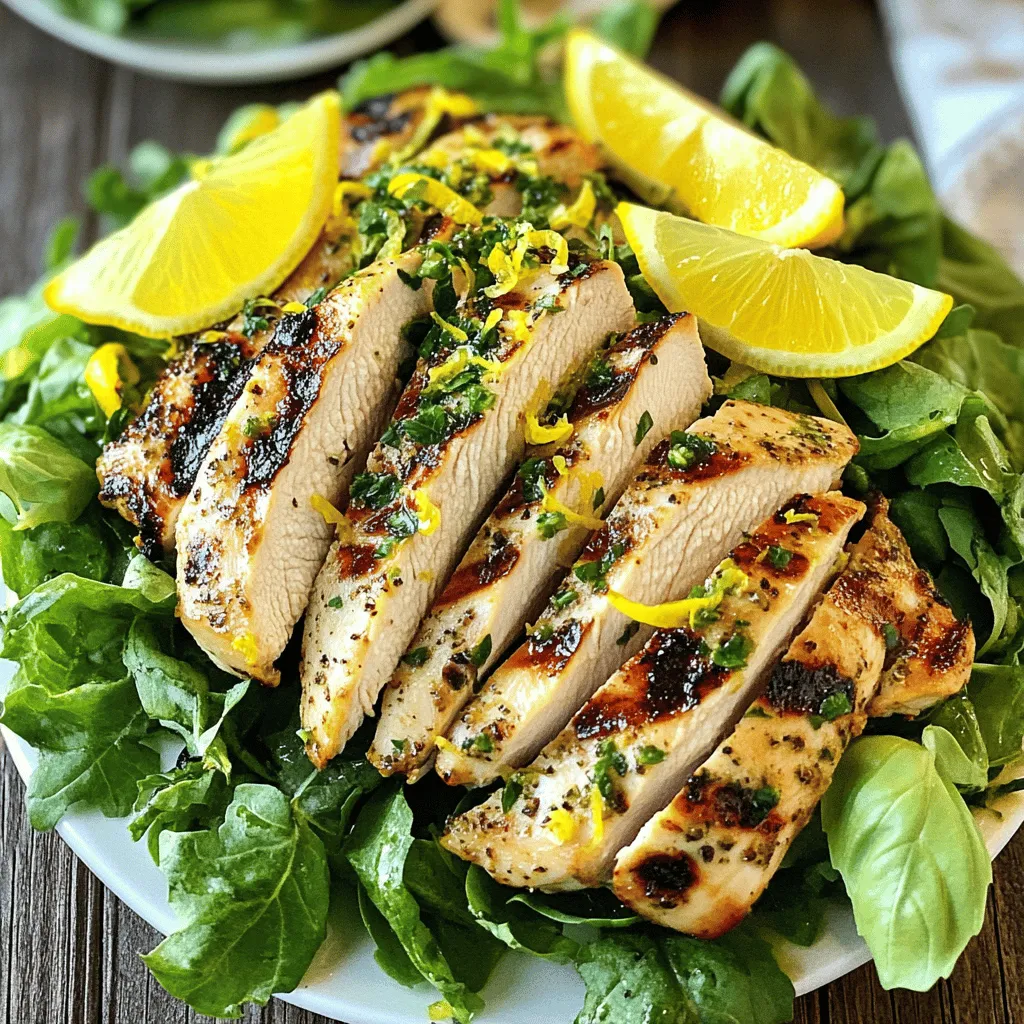 To make Zesty Lemon Herb Chicken, you need a few key items. Here is what you'll need: - 4 boneless, skinless chicken breasts - 2 lemons (zest and juice) - 4 cloves garlic, minced - 1/4 cup fresh parsley, finely chopped - 1/4 cup fresh basil, finely chopped - 2 tablespoons olive oil - 1 teaspoon dried oregano - 1 teaspoon salt - 1/2 teaspoon black pepper - 1/4 teaspoon red pepper flakes (optional for spice) These ingredients work together to create a bright and fresh flavor. The chicken absorbs the lemon and herb notes, making it delicious. You can add some extra ingredients to boost the taste. These are not required but can make your dish special: - Fresh thyme - A splash of white wine - Sun-dried tomatoes - Capers These flavors can add depth to the dish. Feel free to mix and match based on what you like. When picking herbs, freshness is key. Here are some tips to choose the best ones: - Look for vibrant green leaves. Avoid yellow or wilted ones. - Smell the herbs. They should have a strong, fragrant scent. - Check for moisture. Fresh herbs should feel damp, not dry. Using fresh herbs can make a big difference in taste. They bring brightness to your Zesty Lemon Herb Chicken. For the full recipe, refer to the detailed instructions provided earlier. To make the marinade, grab a mixing bowl. Combine the lemon zest and juice, minced garlic, chopped parsley, and chopped basil. Add olive oil, oregano, salt, black pepper, and red pepper flakes if you want some heat. Mix it all well. This mix packs a punch of flavor that makes the chicken shine. Next, place the chicken breasts in a large resealable plastic bag or a shallow dish. Pour that tasty marinade over the chicken, making sure each piece gets coated. Seal the bag or cover the dish. Now, let it soak in the fridge for at least 30 minutes, or up to 2 hours for a deeper flavor. After the chicken has marinated, it's time to grill! Preheat your grill to medium-high heat, about 375°F to 400°F. Remove the chicken from the marinade, letting any extra drip off. You can toss the leftover marinade; it has done its job. Place the chicken on the grill. Cook for about 6-7 minutes on each side. You want the internal temperature to reach 165°F and for the chicken to be white inside. Once the chicken is grilled, take it off the heat. Let it rest for about 5 minutes. This helps the juices stay inside the chicken, making it tasty and tender. When you’re ready to serve, slice the chicken and place it on a bed of mixed greens. Drizzle some extra lemon juice on top for a fresh kick. Garnish it with lemon wedges and a sprinkle of fresh herbs. For the full recipe, check out the [Full Recipe]. Enjoy your meal! To get great grill marks, preheat your grill well. Aim for medium-high heat. Place the chicken on the grill at a 45-degree angle. This angle helps create those nice crisscross marks. Don’t move the chicken for the first few minutes. Let it sit so it can sear nicely. After about 3-4 minutes, flip the chicken to the other side. This gives you those perfect grill marks that look great and taste even better. Making the marinade ahead is easy and smart. You can mix it the night before. Just combine all the marinade ingredients and store them in the fridge. This way, the flavors deepen and make your chicken taste awesome. When you’re ready to cook, simply add the chicken to the marinade. Let it sit for at least 30 minutes or up to 2 hours for the best taste. This simple step saves you time on busy days. Zesty Lemon Herb Chicken pairs well with many sides. Try serving it on a bed of mixed greens. You can add fresh veggies like cherry tomatoes or cucumbers. Drizzle extra lemon juice on top for a zesty kick. You can also serve it with rice or quinoa for a heartier meal. For a yummy touch, add a sprinkle of fresh herbs. This adds color and flavor to your dish. Check out the full recipe for more ideas! {{image_2}} You can cook Zesty Lemon Herb Chicken in different ways. Grilling gives it a smoky flavor and nice grill marks. The high heat seals in juices, making it tender. Baking is also great if you want a hands-off approach. It cooks evenly in the oven. To bake, preheat to 400°F. Place the marinated chicken on a baking sheet. Bake for about 25-30 minutes or until it reaches 165°F. Both methods work well, but choose based on your time and tools. You can mix up the flavors by using different herbs. Instead of parsley and basil, try thyme or rosemary. These herbs add depth and aroma. For a Mediterranean twist, use oregano and dill. You can also explore using cilantro for a fresh taste. Mix and match herbs based on what you have. This keeps the dish exciting and new every time. Your taste buds will love the variety! If you have dietary needs, you can still enjoy this dish. For a low-carb option, skip the chicken and use cauliflower. It absorbs the lemon and herbs well. If you want a vegan option, use chickpeas marinated in the same mix. You can also swap chicken for turkey or fish. Just adjust cooking times as needed. These swaps keep the meal tasty while meeting your needs. Enjoy the flavor and make it your own! After enjoying your Zesty Lemon Herb Chicken, store leftovers quickly. Place the chicken in a shallow, airtight container. This helps keep the chicken fresh and tasty. You can also wrap the chicken tightly in plastic wrap. Make sure to let it cool first. Proper storage keeps the chicken good for up to three days in the fridge. Reheating your chicken can be simple. Preheat your oven to 350°F. Place the chicken on a baking sheet. Cover it with foil to keep moisture in. Heat for about 15 to 20 minutes. You can also use a microwave if you're in a hurry. Place the chicken on a microwave-safe plate. Heat for one to two minutes until warm. Just be careful not to overcook it, or it may dry out. Freezing is a great way to save time. You can freeze the chicken before or after cooking. If freezing raw, marinate the chicken first. Place it in a freezer bag. Remove as much air as you can before sealing. This helps prevent freezer burn. If freezing cooked chicken, let it cool completely. Then, place it in a freezer-safe container. It can last up to three months in the freezer. When you're ready to enjoy it, just thaw in the fridge overnight. Then, reheat as needed. For more details, check the Full Recipe. You should marinate the chicken for at least 30 minutes. This time helps the chicken soak in all the bright lemon and herb flavors. For more flavor, you can marinate it for up to 2 hours. Just remember not to exceed this time, as the acid from the lemon can make the chicken too soft. Yes, you can use chicken thighs instead of breasts. Thighs have more fat, which makes them juicy and full of flavor. Just keep in mind that they may need a few more minutes to cook through. Ensure the internal temperature reaches 165°F for safety. Zesty Lemon Herb Chicken pairs well with many sides. Here are some great options: - Grilled vegetables: Bell peppers and zucchini are excellent choices. - Rice: Lemon or herb-infused rice adds a nice touch. - Salad: A fresh green salad with a light vinaigrette complements the flavors well. - Potatoes: Roasted or mashed potatoes provide a hearty balance. Try out these sides to create a full meal that shines! For the full recipe, check the earlier sections. This post covered how to make Zesty Lemon Herb Chicken. We discussed essential and optional ingredients for flavor. You learned tips for using fresh herbs and step-by-step cooking instructions. Perfect grill marks add to its appeal. We also explored cooking methods, flavor variations, and storage tips for leftovers. Lastly, I answered common questions to make cooking easier. Enjoy your tasty meal and impress your friends!