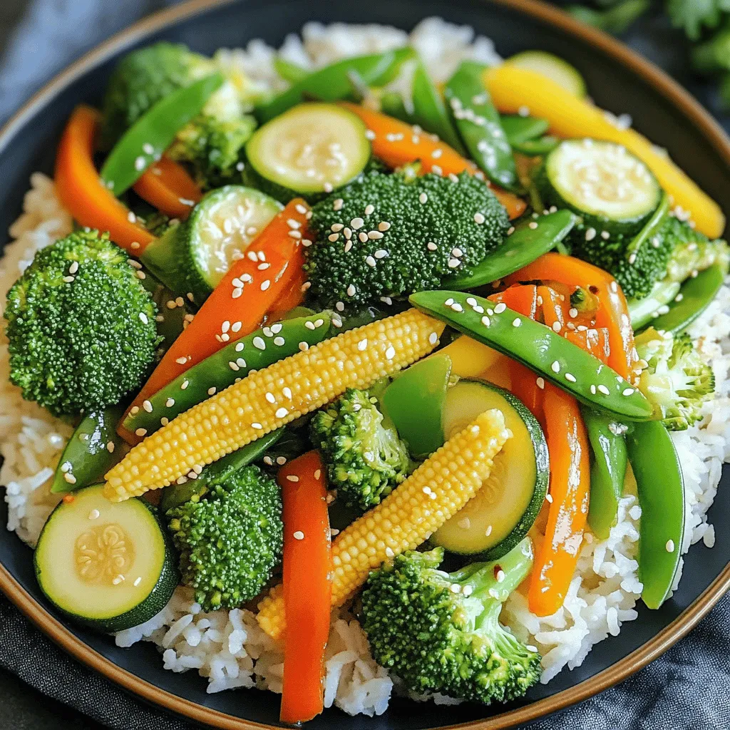 For a tasty quick veggie stir-fry, you need fresh vegetables. Here are my favorites: - 1 cup broccoli florets - 1 bell pepper (any color), sliced - 1 medium carrot, julienned - 1 cup snap peas - 1 small zucchini, sliced into half-moons - 1 cup baby corn, halved These veggies add color, crunch, and a lot of nutrients. You can mix and match based on what you enjoy or have on hand! To create flavor, you need the right oils and sauces. Here’s what you'll want: - 3 tablespoons vegetable oil - 2 tablespoons soy sauce (or tamari for gluten-free) - 1 tablespoon sesame oil - 1 teaspoon grated fresh ginger - 2 cloves garlic, minced These ingredients bring life to your stir-fry. The oils help with cooking, while the sauces add that savory kick. Garnishes can make your dish even better. Here are some ideas: - 1 tablespoon sesame seeds (optional) - Fresh herbs like cilantro or green onions Adding these at the end gives your dish a nice touch. You can also use what you have for more fun! Check the Full Recipe to see how everything comes together in this quick and easy meal. To start, gather your fresh veggies. You will need: - 1 cup broccoli florets - 1 bell pepper (any color), sliced - 1 medium carrot, julienned - 1 cup snap peas - 1 small zucchini, sliced into half-moons - 1 cup baby corn, halved Wash and chop all the vegetables. Cut them into bite-sized pieces. This helps them cook evenly. Now heat a large skillet or wok over medium-high heat. Add 3 tablespoons of vegetable oil. Once it’s hot, add 2 cloves of minced garlic and 1 teaspoon of grated fresh ginger. Sauté for about 30 seconds. You want to smell that lovely aroma. Next, toss in the broccoli and julienned carrot. Stir them for about 2 minutes. This step helps them soften. After that, add the bell pepper, snap peas, zucchini, and baby corn. Stir-fry for 3 to 4 minutes. You want the veggies to stay bright and crisp-tender. Pour in 2 tablespoons of soy sauce and 1 tablespoon of sesame oil. Toss everything together well. Cook for another minute. You want the sauce to coat all the veggies. Season with salt and pepper to taste. When everything looks good, remove the pan from heat. If you like, sprinkle 1 tablespoon of sesame seeds on top. Serve your quick veggie stir-fry hot over cooked rice or noodles. Enjoy your colorful and healthy meal! For the complete recipe, check out the [Full Recipe]. To get that great crunch in your stir-fry, choose fresh veggies. I love using broccoli, bell peppers, and snap peas. Cut them evenly. This helps them cook at the same pace. Always heat your oil before adding the veggies. This step locks in texture. Stir-fry over high heat. It should cook fast, keeping the veggies crisp. To boost flavor, add ginger and garlic early. They give a warm taste. Use soy sauce and sesame oil for a savory kick. You can try adding a splash of rice vinegar for tang. If you want spice, add red pepper flakes. This gives your dish some heat. You can also sprinkle sesame seeds on top for a nutty crunch. Prep your veggies before you cook. Wash and chop them all at once. Store them in clear bowls. This makes cooking fast and easy. You can also use pre-cut veggies from the store. They save time and still taste great. And remember, keep your cooking area clean. A tidy space helps you focus and enjoy your cooking. For the full recipe, check out the details above. {{image_2}} You can easily add proteins to your stir-fry. Chicken, beef, or shrimp work well. If you prefer plant-based options, tofu or tempeh are great choices. Just cut your protein into bite-sized pieces. Cook them in the pan first. Remove them before adding vegetables. This way, they stay juicy and tender. After cooking the veggies, mix everything back in. This makes your meal filling and tasty. Explore different sauces to change the flavor. You can use teriyaki sauce for a sweet touch. Hoisin sauce adds a unique twist. For spice lovers, try sriracha or chili paste. If you like a tangy taste, add a splash of rice vinegar. Each sauce brings its own flavor, so feel free to experiment. This keeps your stir-fry fresh and exciting every time. Use seasonal vegetables for the best taste. In spring, add asparagus or peas. Summer is perfect for bell peppers and eggplant. Fall brings squash and Brussels sprouts. In winter, you can use hearty greens like kale or Swiss chard. Each season gives you new colors and flavors. Mixing seasonal veggies keeps your dish vibrant and nutritious. Check local markets for fresh options every time you cook this quick veggie stir-fry. To keep your quick veggie stir-fry fresh, store it in an airtight container. Make sure it cools down first. This helps prevent steam from building up inside and making the veggies soggy. If you want to keep each type of vegetable crisp, you can separate them in the container. When you’re ready to eat, reheat your stir-fry in a skillet on medium heat. Add a splash of water or a bit of oil to help bring back moisture. Stir it often to heat evenly. You can also use the microwave if you're short on time. Just cover it loosely and heat in short bursts, stirring in between. Your veggie stir-fry lasts about 3 to 4 days in the fridge. After that, the veggies may lose their crunch and flavor. Always check for any signs of spoilage before eating. If you notice any off smells or textures, it's best to toss it out. Enjoy the flavors while they are fresh! I love using fresh, colorful veggies in a stir-fry. Here are my favorites: - Broccoli florets - Bell peppers (any color) - Carrots (julienned) - Snap peas - Zucchini (sliced) - Baby corn These veggies cook quickly and keep their crunch. You can mix and match as you like. Just remember to cut them into similar sizes. This helps them cook evenly and look pretty on your plate. Yes, you can! To make it gluten-free, use tamari instead of soy sauce. Tamari is a great option that tastes just as good. Always check labels on sauces for hidden gluten. Most fresh veggies are gluten-free, so you're good to go! To keep your veggies crisp, follow these tips: - Start with a hot pan. Heat your oil well before adding veggies. - Add harder vegetables first. Broccoli and carrots need more time to cook. - Stir-fry quickly. Do not let them sit too long. - Avoid overcrowding the pan. Cook in batches if needed. These steps will help keep your stir-fry vibrant and crunchy. For the full recipe, check the earlier section. Enjoy your cooking! This blog post explored how to make a delicious stir-fry using fresh vegetables, oils, and sauces. You learned about preparation, cooking techniques, and tips for perfect crispness. We also covered ways to vary your dish with proteins and seasonal veggies. Storage tips help you keep leftovers fresh, while FAQs answered common questions. In the end, stir-frying gives you a quick, tasty meal that you can customize to your liking. Enjoy your cooking journey!