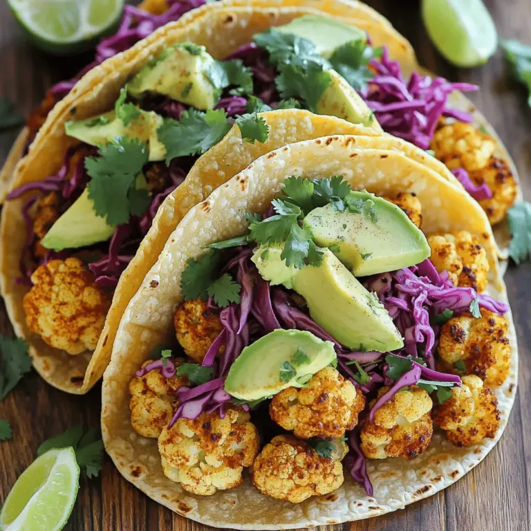 To make these tacos, you need some simple and fresh ingredients. Here’s what you will need: - 1 medium head of cauliflower, cut into small florets - 2 tablespoons olive oil - 1 teaspoon smoked paprika - 1 teaspoon cumin - 1 teaspoon garlic powder - 1/2 teaspoon chili powder - Salt and pepper to taste - 8 small corn tortillas - 1 cup shredded red cabbage - 1 avocado, sliced - 1/4 cup fresh cilantro, chopped - 1 lime, cut into wedges - Salsa or hot sauce, for serving These main ingredients create a tasty base for your tacos. The cauliflower gives a nice texture and flavor. Olive oil helps the spices stick and adds richness. You can customize your tacos with fun toppings. Here are some ideas: - Diced tomatoes - Fresh jalapeños - Sliced radishes - Vegan sour cream - Lime zest Feel free to mix and match these toppings to suit your taste. They can add extra crunch and flavor. Each ingredient in these tacos brings great health benefits. Here’s a quick look: - Cauliflower: Low in calories and high in fiber, it supports digestion. - Olive oil: Full of healthy fats, it is good for heart health. - Spices: Smoked paprika, cumin, and garlic powder boost metabolism and add flavor. - Red cabbage: Rich in vitamins C and K, it helps with immunity. - Avocado: Packed with healthy fats, it keeps you full longer. - Cilantro: Contains antioxidants and adds freshness to your dish. Using these ingredients creates a meal that is not only tasty but also nutritious. The Full Recipe will guide you through making these delicious tacos step by step. First, grab a medium head of cauliflower. Cut it into small florets. This size helps them cook evenly. Next, place the florets into a large bowl. Add two tablespoons of olive oil. Then, mix in one teaspoon of smoked paprika, one teaspoon of cumin, one teaspoon of garlic powder, and half a teaspoon of chili powder. Season with salt and pepper to taste. Toss everything well so the cauliflower is fully coated. Now, preheat your oven to 425°F (220°C). Spread the seasoned cauliflower on a baking sheet. Make sure they are in a single layer. Roasting them at this high heat will make them crispy. Roast for 25 to 30 minutes. Toss the cauliflower halfway through to ensure even cooking. You’ll know they are ready when the edges are golden and crispy. While the cauliflower roasts, warm the corn tortillas. Use a dry skillet and heat them for about 30 seconds on each side. This makes them soft and easy to fold. Once the cauliflower is done, it's time to build your tacos. Start with a warm tortilla. Add a generous portion of roasted cauliflower. Top it with shredded red cabbage and slices of avocado. Finish with chopped cilantro and serve with lime wedges on the side. For extra flavor, add your favorite salsa or hot sauce. Enjoy your delicious Vegan Cauliflower Tacos! For the detailed recipe, check the Full Recipe section. To get the best taste from your tacos, use fresh spices. Fresh spices add a rich taste. Always toast spices in a dry pan for a minute. This step wakes up the flavors. Mix your cauliflower well with the spice blend. Make sure each piece gets coated. This helps every bite burst with flavor. Don’t skip the lime juice; it brightens the dish. Lastly, let the roasted cauliflower cool slightly before adding it to the tacos. This keeps it crisp. One common mistake is overcrowding the baking sheet. When you pile cauliflower, it steams instead of roasts. This makes it soggy. Another mistake is not seasoning well. Cauliflower needs salt and spice to shine. Avoid skipping the toppings like cabbage and avocado. They add texture and flavor. Lastly, don’t forget to warm your tortillas. Cold tortillas can break easily and ruin your meal. You’ll need a few simple tools to make this dish easy. A baking sheet is essential for roasting the cauliflower. Use a large mixing bowl to toss the ingredients. A good knife helps chop the veggies neatly. A spatula is great for flipping the cauliflower halfway through cooking. Finally, a skillet for warming the tortillas makes a big difference. For the full recipe, check out the complete guide. {{image_2}} If you want to switch things up, try using chickpeas or lentils. Both add great texture and protein. You can also use tofu. Just press and cube it, then season like the cauliflower. This gives you a tasty twist. The sauce can change the whole taco vibe. Try a cashew cream for a rich taste. A zesty lime vinaigrette adds a fresh kick. You can also mix in different spices. Try adding chipotle or even curry for a unique flavor. For those who need gluten-free options, corn tortillas work well. You can also use lettuce wraps for a low-carb choice. If you want a nut-free option, skip the cashew cream. This recipe is very flexible and can fit many diets. Explore the [Full Recipe] for more details to create these delicious tacos! To keep leftover tacos fresh, place them in an airtight container. Store them in the fridge for up to three days. Make sure to separate the toppings from the cauliflower. This keeps the tortillas from getting soggy. If you have extra roasted cauliflower, store it in a separate container. It will stay fresh for a longer time. You can freeze the roasted cauliflower for future meals. To do this, let it cool completely. Then, place it in a freezer-safe bag. Remove as much air as possible before sealing. This way, it can last for up to three months. Just remember not to freeze the tortillas or toppings. They are best fresh. When you are ready to eat the tacos again, reheat the cauliflower first. Use an oven or skillet for best results. Heat it at 350°F (175°C) for about 10-15 minutes. This will help restore its crispy texture. For the tortillas, warm them in a skillet for a few seconds. Assemble your tacos once everything is heated. Enjoy them fresh like the first time! Yes, you can add other vegetables. Peppers, onions, and zucchini work well. They add color and taste. Just chop them into small pieces. Mix them with the cauliflower before roasting. This adds more flavor and nutrients. Try different veggies for variety! If you need a substitute, use flour tortillas or lettuce wraps. Flour tortillas are soft and easy to handle. Lettuce wraps are low in carbs and fresh. You can also use whole grain or gluten-free tortillas. Choose what fits your diet best. Roasting is very important for flavor. It makes the cauliflower crispy and brings out its natural sweetness. The high heat caramelizes the edges, adding depth. If you skip roasting, the tacos won’t taste as good. Follow the Full Recipe for the best results. Vegan cauliflower tacos are tasty and easy to make. We covered key ingredients and their benefits, plus how to prepare and assemble them. You learned helpful tips to enhance flavor and avoid common mistakes. Exploring variations and storage options lets you customize your meals. Embrace your creativity with these tacos, knowing they fit many diets. Enjoy experimenting and sharing your tasty creations!