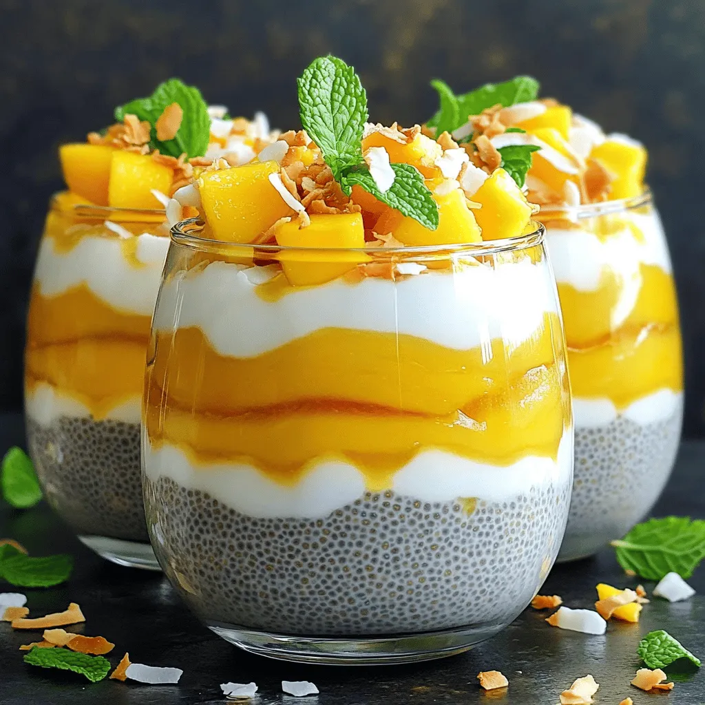 To make Mango Coconut Chia Pudding, you will need: - 1 cup coconut milk (canned or carton) - 2 tablespoons chia seeds - 2 ripe mangoes (1 diced, 1 pureed) - 2 tablespoons honey or maple syrup (optional) - 1 teaspoon vanilla extract - A pinch of salt - Toasted coconut flakes for garnish - Fresh mint leaves for garnish You can swap coconut milk with almond milk or soy milk. If you want a nut-free option, try oat milk. For chia seeds, you can use flax seeds, but the texture will differ. Instead of honey, you may use agave syrup for a vegan version. You can skip the sweetener if your mangoes are sweet enough. - Coconut Milk: Rich in healthy fats, it boosts energy and supports heart health. - Chia Seeds: Packed with fiber, protein, and omega-3s, they aid digestion and keep you full. - Mangoes: High in vitamins A and C, they support eye health and boost immunity. - Honey/Maple Syrup: They provide natural sweetness and antioxidants, promoting overall health. - Vanilla Extract: Adds flavor and may help reduce stress. - Salt: Enhances flavor and balances sweetness. - Toasted Coconut Flakes: Add crunch and healthy fats, making the dish more enjoyable. - Fresh Mint Leaves: They add freshness and may aid digestion. For the full recipe, check out the complete instructions provided earlier. First, gather all your ingredients. You need coconut milk, chia seeds, mangoes, honey or maple syrup, vanilla extract, and salt. If you want to add a fun touch, grab some toasted coconut flakes and mint leaves for garnish. 1. Start by mixing the coconut milk and chia seeds in a bowl. 2. If you like sweetness, add honey or maple syrup, along with vanilla and salt. 3. Stir well to mix everything. This helps prevent the chia seeds from clumping together. 4. Let this mixture sit for about 5-10 minutes. Give it another stir to spread the seeds evenly. 5. Cover the bowl and place it in the fridge. Leave it there for at least 4 hours, or overnight. This time allows the chia seeds to swell and thicken the mix. 6. While waiting, prepare your mangoes. Peel and dice one mango into small cubes. Blend the second mango into a smooth puree. 7. When the chia pudding is ready, take it out of the fridge. Stir it again to ensure it is smooth. 8. In serving bowls or glasses, layer the chia pudding with the mango puree. Top it with the diced mango. 9. For a nice finish, sprinkle some toasted coconut flakes and add mint leaves on top. To get the right pudding texture, make sure to stir the chia mix well after it sits. This step ensures the seeds don’t clump and helps create a creamy texture. If you want a little more thickness, let it sit longer in the fridge. You can adjust the amount of chia seeds if needed. If you want it creamier, use less coconut milk. Enjoy your Mango Coconut Chia Pudding! For the full recipe, check the details above. One common mistake is not letting the chia seeds soak long enough. Chia seeds need time to absorb liquid and expand. If you skip this step, your pudding may be runny. Stirring the mixture again after a few minutes helps. This keeps the seeds from clumping together. Another mistake is using unripe mangoes. Choose ripe, sweet mangoes for the best flavor. They add natural sweetness to your pudding. Layering is key for a beautiful presentation. Start with a layer of chia pudding. Then, add a layer of pureed mango. This creates a nice contrast in color. Use clear glasses to show off the layers. After the pureed mango, add some diced mango. Finish with toasted coconut flakes on top. This adds crunch and visual appeal. Make sure to use a spoon to scoop from the bottom for every bite. You can enhance the flavor of your pudding with a few extras. Try adding a pinch of cinnamon for warmth. You might also use a splash of lime juice for brightness. If you like nuts, sprinkle some on top for added texture. A dollop of yogurt can add creaminess. Feel free to get creative with flavors that you love. Remember, the goal is to make it your own! For the full recipe, check out the instructions above. {{image_2}} You can switch up the mango for other fruits. Berries, like strawberries or blueberries, add a nice touch. Bananas bring a creamy texture. Pineapple gives a tropical twist. You can mix and match fruits to find your favorite combo. To make this pudding vegan, swap honey for maple syrup or agave nectar. You can also skip the sweetener altogether. The natural fruit flavors shine without added sugar. This keeps the pudding healthy and light. Try adding spices for a flavor boost. A pinch of cinnamon or nutmeg can add warmth. For a zesty kick, mix in some lime or lemon juice. You can also blend in a bit of cocoa powder for a chocolate twist. Each variation opens a new taste adventure! You can store leftovers in a sealed container. Make sure to keep it in the fridge. This helps maintain its fresh taste and texture. If you have any toppings, store them separately. This way, your chia pudding stays creamy. Mango Coconut Chia Pudding lasts about 3 to 5 days in the fridge. Keep an eye on it for any changes in smell or texture. If it starts to look or smell off, it's best to toss it. Enjoy it while it's fresh for the best flavor! You can freeze chia pudding for longer storage. Pour it into freezer-safe containers. Leave some space at the top for expansion. To thaw, move it to the fridge overnight. Stir well before serving. The texture may change slightly, but it will still taste great! For more details, check the Full Recipe. Yes, you can use different types of milk. Almond milk, oat milk, or soy milk work well. Each type adds its own flavor. Coconut milk gives a rich taste, but feel free to explore. Just make sure the milk is unsweetened for a healthier option. You can store this pudding in the fridge for up to five days. Keep it in an airtight container. This helps maintain its freshness. If you notice any separation, just stir it before eating. The flavor will still be great! Yes, this recipe is perfect for meal prep. You can make it ahead for busy mornings. Prepare several servings at once and store them in jars. Just grab one when you need a quick breakfast or snack. It’s easy to enjoy on the go! Absolutely! You can skip the sugar altogether. The ripe mangoes add natural sweetness. If you want a little extra, try using mashed banana or dates. These options keep it healthy while still tasting yummy. This article covered the key ingredients and their benefits for Mango Coconut Chia Pudding. We detailed the steps to prepare it with perfect consistency. I shared tips to avoid common mistakes and ways to enhance its flavor. You learned about variations and how to store leftovers effectively. In summary, this recipe is easy and fun. It offers many options to fit your taste and needs. Enjoy exploring new flavors and making it your own!