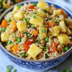 For my favorite fried rice, I use these simple ingredients: - 2 cups cooked jasmine rice (preferably day-old) - 1 cup pineapple chunks (fresh or canned) - 1/2 cup green peas - 1/2 cup carrots, diced - 1/2 cup bell pepper, diced (any color) - 2 green onions, chopped - 2 cloves garlic, minced - 2 tablespoons soy sauce - 1 tablespoon teriyaki sauce - 2 tablespoons sesame oil (divided) - Salt and pepper to taste - Optional: sesame seeds for garnish I recommend using day-old rice for the best texture. Fresh rice can be too sticky. Each cup of rice should be cooked and cooled before use. For measuring, I use standard measuring cups and spoons. Keep your veggies chopped small for quick cooking. When I cook, I trust these brands: - Jasmine rice: Nishiki or Royal - Soy sauce: Kikkoman or La Choy - Teriyaki sauce: Kikkoman or Soy Vay - Sesame oil: Kadoya or Spectrum Using these brands helps me get great flavor and quality. These ingredients make my fried rice tasty and easy to prepare. You can find the full recipe above to guide you through the cooking process! Start by gathering all your ingredients. You need: - 2 cups cooked jasmine rice (preferably day-old) - 1 cup pineapple chunks (fresh or canned) - 1/2 cup green peas - 1/2 cup carrots, diced - 1/2 cup bell pepper, diced (any color) - 2 green onions, chopped - 2 cloves garlic, minced - 2 tablespoons soy sauce - 1 tablespoon teriyaki sauce - 2 tablespoons sesame oil (divided) - Salt and pepper to taste - Optional: sesame seeds for garnish Make sure your rice is cold. This helps it fry better without getting mushy. Chop your vegetables and set them aside. Heat 1 tablespoon of sesame oil in a large skillet or wok over medium-high heat. Add the minced garlic and sauté for 30 seconds. You want it to smell nice but not burn. Toss in the diced carrots and bell peppers, cooking them for 2-3 minutes. They should start to soften but still have some crunch. Next, add the cooked rice to the skillet. Use a spatula to break up any clumps. Stir well to mix the rice with the veggies. Drizzle the soy sauce and teriyaki sauce over the rice. Mix it all together until the rice is well coated. Now, add in the green peas and pineapple chunks. Stir gently and cook for an additional 3-4 minutes. You want everything heated through but still fresh. Finally, drizzle the last tablespoon of sesame oil and season with salt and pepper. Stir in the chopped green onions for a fresh finish. Remove the skillet from heat and let the fried rice cool for a minute. Serve it in bowls, topped with sesame seeds and extra chopped green onions for color. For a fun twist, you can serve it in a pineapple half. This makes the dish look gorgeous and adds a tropical flair. Enjoy your meal! For fried rice, day-old cooked jasmine rice is best. It has the right texture. Fresh rice tends to be too sticky. If you must use fresh rice, spread it out to cool. This helps it dry a bit. You can also use basmati rice for a nice flavor twist. When cooking fried rice, remember these dos and don'ts: - Do use a hot pan. This helps the rice fry well. - Do break up clumps of rice. This keeps it from sticking together. - Do add ingredients in stages. Start with veggies, then add rice. - Don’t overcrowd the pan. This can steam the rice instead of frying it. - Don’t skip the oil. It helps with cooking and adds flavor. To boost flavor, try these tips: - Use soy sauce and teriyaki sauce for depth. They add saltiness and sweetness. - Add a splash of sesame oil at the end for richness. - Fresh herbs like cilantro or basil can brighten the dish. - A squeeze of lime juice can add a nice zing. - You can also toss in some chili flakes for heat. For more details, check the Full Recipe. Enjoy customizing your fried rice! {{image_2}} You can make fried rice without meat. Start with the base recipe. Use your favorite veggies. Good choices include bell peppers, carrots, and peas. Add in some corn for sweetness. For protein, toss in edamame or chickpeas. You can even use tofu for a hearty option. It absorbs flavors well and adds a nice texture. Adding protein makes fried rice more filling. For chicken, use cooked, shredded meat. It blends nicely with the rice. Shrimp is another great choice. Cook it until pink and tender before mixing it into the rice. If you prefer plant-based, use tofu. Press it to remove water, then cube and fry it. This gives a nice, crispy bite. Want to kick up the heat? Add chili flakes or sriracha. Start with a little, then taste. You can always add more if needed. For a milder option, toss in sweet chili sauce. It adds flavor without too much heat. Adjusting spice levels makes the dish fun and personal. You can create your own favorite blend! Explore these ideas and let your fried rice shine! Check out the Full Recipe for more details. After making your fried rice, let it cool to room temperature. Once cooled, place it in an airtight container. Store the container in the fridge. Fried rice stays fresh for up to three days. Make sure to label the container with the date. This helps you keep track of how long it has been stored. When you're ready to eat your leftover fried rice, take it out of the fridge. You can reheat it in a few ways. Use a microwave for quick heating. Place the rice in a bowl and cover it with a damp paper towel. Heat it for one minute, then stir. If it's not hot enough, heat it for another 30 seconds. You can also use a skillet. Heat a little oil in the skillet over medium heat. Add the rice and stir it often until it’s hot. If you want to save fried rice for longer, freezing is a great option. First, let the rice cool completely. Then, divide it into serving sizes. Use freezer-safe bags or containers. Remove as much air as you can before sealing. Label each bag with the date. Fried rice can last up to three months in the freezer. When you’re ready to eat it, thaw it overnight in the fridge. Then, reheat it using the methods mentioned above. This keeps the flavor and texture nice! Yes, you can use many kinds of vegetables in fried rice. Broccoli, corn, and zucchini work well. You can even add spinach or mushrooms for extra flavor. Just remember to chop them small so they cook evenly. Use what you like or what you have at home. The key is to keep the colors bright and the flavors fresh. To store leftover fried rice, let it cool first. Then, place it in an airtight container. You can keep it in the fridge for about three to four days. If you want to keep it longer, freeze it. To freeze, use a freezer-safe bag. Remember to remove as much air as possible before sealing. When ready to eat, just reheat it on the stove or in the microwave. You can make fried rice without soy sauce by using other tasty options. Try coconut aminos for a sweet and salty flavor. You can also use lemon juice for a fresh taste or a splash of vinegar. Adding herbs like basil or cilantro can boost flavor too. Experiment with different flavors to find what you like best! For a full recipe, check out the Ultimate Pineapple Teriyaki Fried Rice. To make tasty fried rice, remember the key steps. I covered the best ingredients, measurements, and brands. Next, I detailed the cooking process and how to add final touches. Tips on rice choices and seasoning help boost flavor. I shared fun variations for everyone, plus storage tips for leftovers. Fried rice can be simple and delicious, no matter how you make it. Enjoy crafting your perfect dish with these ideas.