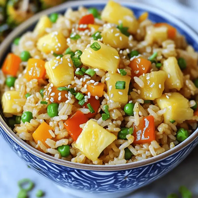 For my favorite fried rice, I use these simple ingredients: - 2 cups cooked jasmine rice (preferably day-old) - 1 cup pineapple chunks (fresh or canned) - 1/2 cup green peas - 1/2 cup carrots, diced - 1/2 cup bell pepper, diced (any color) - 2 green onions, chopped - 2 cloves garlic, minced - 2 tablespoons soy sauce - 1 tablespoon teriyaki sauce - 2 tablespoons sesame oil (divided) - Salt and pepper to taste - Optional: sesame seeds for garnish I recommend using day-old rice for the best texture. Fresh rice can be too sticky. Each cup of rice should be cooked and cooled before use. For measuring, I use standard measuring cups and spoons. Keep your veggies chopped small for quick cooking. When I cook, I trust these brands: - Jasmine rice: Nishiki or Royal - Soy sauce: Kikkoman or La Choy - Teriyaki sauce: Kikkoman or Soy Vay - Sesame oil: Kadoya or Spectrum Using these brands helps me get great flavor and quality. These ingredients make my fried rice tasty and easy to prepare. You can find the full recipe above to guide you through the cooking process! Start by gathering all your ingredients. You need: - 2 cups cooked jasmine rice (preferably day-old) - 1 cup pineapple chunks (fresh or canned) - 1/2 cup green peas - 1/2 cup carrots, diced - 1/2 cup bell pepper, diced (any color) - 2 green onions, chopped - 2 cloves garlic, minced - 2 tablespoons soy sauce - 1 tablespoon teriyaki sauce - 2 tablespoons sesame oil (divided) - Salt and pepper to taste - Optional: sesame seeds for garnish Make sure your rice is cold. This helps it fry better without getting mushy. Chop your vegetables and set them aside. Heat 1 tablespoon of sesame oil in a large skillet or wok over medium-high heat. Add the minced garlic and sauté for 30 seconds. You want it to smell nice but not burn. Toss in the diced carrots and bell peppers, cooking them for 2-3 minutes. They should start to soften but still have some crunch. Next, add the cooked rice to the skillet. Use a spatula to break up any clumps. Stir well to mix the rice with the veggies. Drizzle the soy sauce and teriyaki sauce over the rice. Mix it all together until the rice is well coated. Now, add in the green peas and pineapple chunks. Stir gently and cook for an additional 3-4 minutes. You want everything heated through but still fresh. Finally, drizzle the last tablespoon of sesame oil and season with salt and pepper. Stir in the chopped green onions for a fresh finish. Remove the skillet from heat and let the fried rice cool for a minute. Serve it in bowls, topped with sesame seeds and extra chopped green onions for color. For a fun twist, you can serve it in a pineapple half. This makes the dish look gorgeous and adds a tropical flair. Enjoy your meal! For fried rice, day-old cooked jasmine rice is best. It has the right texture. Fresh rice tends to be too sticky. If you must use fresh rice, spread it out to cool. This helps it dry a bit. You can also use basmati rice for a nice flavor twist. When cooking fried rice, remember these dos and don'ts: - Do use a hot pan. This helps the rice fry well. - Do break up clumps of rice. This keeps it from sticking together. - Do add ingredients in stages. Start with veggies, then add rice. - Don’t overcrowd the pan. This can steam the rice instead of frying it. - Don’t skip the oil. It helps with cooking and adds flavor. To boost flavor, try these tips: - Use soy sauce and teriyaki sauce for depth. They add saltiness and sweetness. - Add a splash of sesame oil at the end for richness. - Fresh herbs like cilantro or basil can brighten the dish. - A squeeze of lime juice can add a nice zing. - You can also toss in some chili flakes for heat. For more details, check the Full Recipe. Enjoy customizing your fried rice! {{image_2}} You can make fried rice without meat. Start with the base recipe. Use your favorite veggies. Good choices include bell peppers, carrots, and peas. Add in some corn for sweetness. For protein, toss in edamame or chickpeas. You can even use tofu for a hearty option. It absorbs flavors well and adds a nice texture. Adding protein makes fried rice more filling. For chicken, use cooked, shredded meat. It blends nicely with the rice. Shrimp is another great choice. Cook it until pink and tender before mixing it into the rice. If you prefer plant-based, use tofu. Press it to remove water, then cube and fry it. This gives a nice, crispy bite. Want to kick up the heat? Add chili flakes or sriracha. Start with a little, then taste. You can always add more if needed. For a milder option, toss in sweet chili sauce. It adds flavor without too much heat. Adjusting spice levels makes the dish fun and personal. You can create your own favorite blend! Explore these ideas and let your fried rice shine! Check out the Full Recipe for more details. After making your fried rice, let it cool to room temperature. Once cooled, place it in an airtight container. Store the container in the fridge. Fried rice stays fresh for up to three days. Make sure to label the container with the date. This helps you keep track of how long it has been stored. When you're ready to eat your leftover fried rice, take it out of the fridge. You can reheat it in a few ways. Use a microwave for quick heating. Place the rice in a bowl and cover it with a damp paper towel. Heat it for one minute, then stir. If it's not hot enough, heat it for another 30 seconds. You can also use a skillet. Heat a little oil in the skillet over medium heat. Add the rice and stir it often until it’s hot. If you want to save fried rice for longer, freezing is a great option. First, let the rice cool completely. Then, divide it into serving sizes. Use freezer-safe bags or containers. Remove as much air as you can before sealing. Label each bag with the date. Fried rice can last up to three months in the freezer. When you’re ready to eat it, thaw it overnight in the fridge. Then, reheat it using the methods mentioned above. This keeps the flavor and texture nice! Yes, you can use many kinds of vegetables in fried rice. Broccoli, corn, and zucchini work well. You can even add spinach or mushrooms for extra flavor. Just remember to chop them small so they cook evenly. Use what you like or what you have at home. The key is to keep the colors bright and the flavors fresh. To store leftover fried rice, let it cool first. Then, place it in an airtight container. You can keep it in the fridge for about three to four days. If you want to keep it longer, freeze it. To freeze, use a freezer-safe bag. Remember to remove as much air as possible before sealing. When ready to eat, just reheat it on the stove or in the microwave. You can make fried rice without soy sauce by using other tasty options. Try coconut aminos for a sweet and salty flavor. You can also use lemon juice for a fresh taste or a splash of vinegar. Adding herbs like basil or cilantro can boost flavor too. Experiment with different flavors to find what you like best! For a full recipe, check out the Ultimate Pineapple Teriyaki Fried Rice. To make tasty fried rice, remember the key steps. I covered the best ingredients, measurements, and brands. Next, I detailed the cooking process and how to add final touches. Tips on rice choices and seasoning help boost flavor. I shared fun variations for everyone, plus storage tips for leftovers. Fried rice can be simple and delicious, no matter how you make it. Enjoy crafting your perfect dish with these ideas.