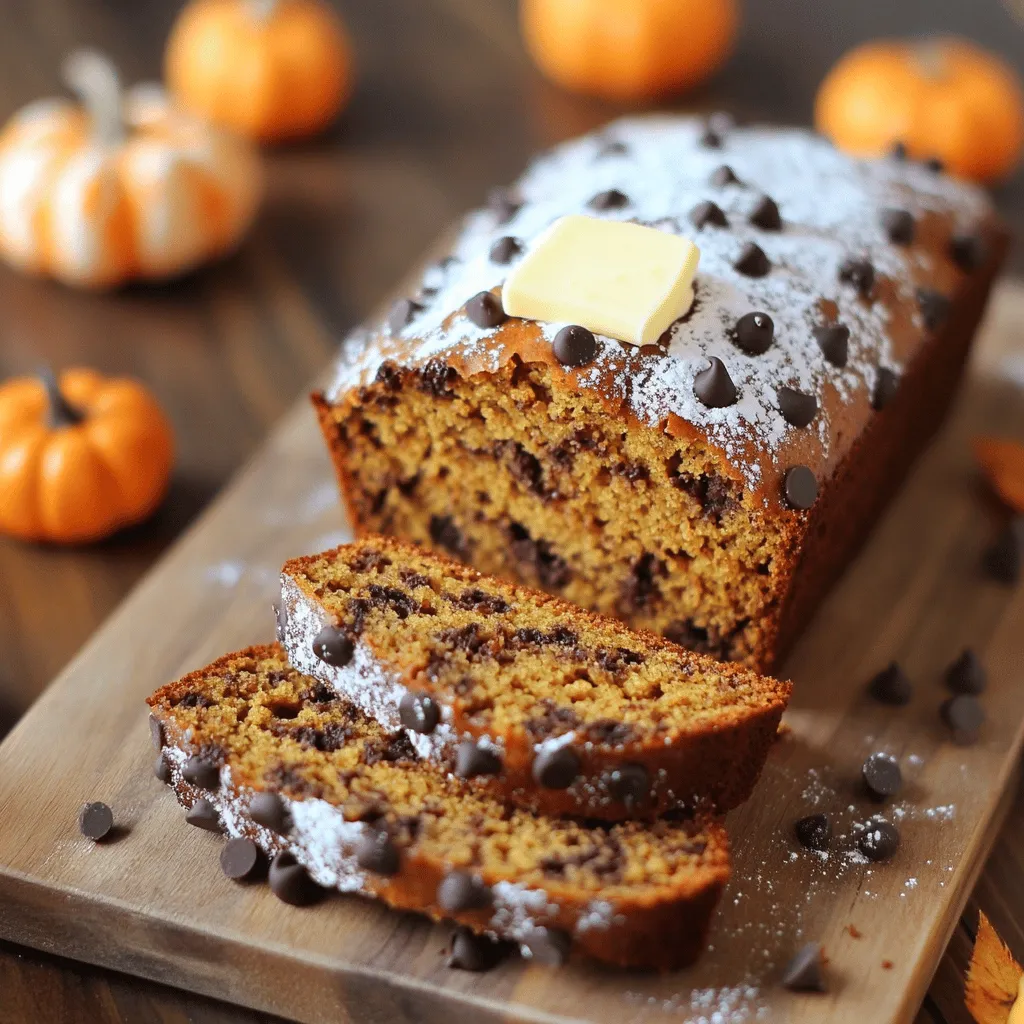 To make this tasty chocolate chip pumpkin bread, you will need: - 1 ½ cups all-purpose flour - 1 teaspoon baking soda - ½ teaspoon baking powder - ½ teaspoon salt - 1 teaspoon ground cinnamon - ½ teaspoon ground nutmeg - 1 cup canned pumpkin puree - ½ cup granulated sugar - ½ cup brown sugar, packed - 2 large eggs - ⅓ cup vegetable oil - 1 teaspoon vanilla extract - 1 cup semi-sweet chocolate chips - Optional: ½ cup chopped walnuts or pecans You can swap some ingredients if needed. For flour, try whole wheat flour for a nutty taste. Use coconut oil instead of vegetable oil for a hint of sweetness. If you prefer less sugar, reduce it by a quarter cup. For eggs, use unsweetened applesauce or mashed banana. This change keeps the bread moist. For nut allergies, skip the nuts or try seeds like sunflower seeds. Always use fresh ingredients for the best flavor. Check your baking powder and baking soda for freshness. Old spices can dull the taste. I recommend using pure vanilla extract, as it adds rich flavor. Choose canned pumpkin that is 100% pumpkin, not pumpkin pie filling. This ensures you get true pumpkin flavor without added sugars or spices. First, gather all your ingredients. You need flour, baking soda, baking powder, salt, spices, pumpkin, sugars, eggs, oil, vanilla, and chocolate chips. For a nutty twist, grab walnuts or pecans too. Preheat your oven to 350°F (175°C). Prepare your loaf pan by greasing it or placing parchment paper inside. This helps with easy removal. Start by whisking the dry ingredients. Combine flour, baking soda, baking powder, salt, cinnamon, and nutmeg in a bowl. Mix until everything is even. In a separate large bowl, mix the pumpkin puree, both sugars, eggs, oil, and vanilla. Stir until smooth. Next, add the dry mix to the pumpkin mix. Stir gently until just combined. Be careful not to overmix. Now, fold in the chocolate chips and nuts if you want. Pour this thick batter into your prepared loaf pan. Smooth the top with a spatula. Bake your bread for 60 to 70 minutes. Check by inserting a toothpick in the center. If it comes out clean, your bread is ready. The bread should be golden brown on top. It should also spring back when lightly pressed. If you see cracks, that's normal. This shows it's baking well. Let the bread cool in the pan for 10 minutes before moving it to a wire rack. This helps it finish cooling and keeps it from getting soggy. Enjoy your delicious creation! For a full recipe, check out the details above. To get the best texture in your chocolate chip pumpkin bread, use canned pumpkin puree. It gives a smooth and moist base. Make sure your eggs are at room temperature. This helps blend everything well. Do not overmix the batter. Stir just enough to combine the wet and dry ingredients. This keeps the bread light and fluffy. Start by mixing the dry ingredients in one bowl. In another bowl, mix the wet ingredients. This keeps your flavors balanced. When you combine them, do it gently. Use a spatula to fold in the dry mix. Adding the chocolate chips last ensures they spread evenly. If you want nuts, fold them in at the same time as the chips. You can add fun spices for more flavor. Try a pinch of ginger or allspice. These spices pair well with pumpkin. You can also swap the chocolate chips for butterscotch or white chocolate chips. If you want a nutty taste, add chopped walnuts or pecans. For a touch of sweetness, drizzle honey on top before serving. Check out the Full Recipe for more ways to enjoy this treat! {{image_2}} You can easily change the flavor of your chocolate chip pumpkin bread. Try adding different spices, like ginger or allspice, for a warm twist. You can also mix in dried fruits, such as cranberries or raisins, for a sweet surprise in every bite. If you want a nutty taste, add in walnuts or pecans. These add-ins make every loaf unique and fun. If you need a gluten-free version, you can still enjoy this tasty bread. Use gluten-free flour blends instead of all-purpose flour. Look for blends that include xanthan gum; this helps with the texture. Make sure to check the labels on your baking powder and chocolate chips. Most are gluten-free, but it’s good to confirm. This way, everyone can join in the fall fun! To make this recipe vegan, you can replace the eggs with flaxseed meal. Mix 1 tablespoon of flaxseed meal with 2.5 tablespoons of water for each egg. Let it sit for a few minutes until it thickens. Swap out the vegetable oil for a plant-based oil, such as coconut or olive oil. For extra sweetness, use maple syrup instead of granulated sugar. These small changes keep the bread moist and delicious, while making it vegan-friendly! For the full recipe, check out the link above to create your own delicious loaf. To keep your chocolate chip pumpkin bread fresh, wrap it tightly. Use plastic wrap or aluminum foil. You can also store it in an airtight container. Place it at room temperature for up to three days. For longer storage, refrigerate it. This will keep the bread good for about a week. If you want to keep it even longer, consider freezing it. Freezing your chocolate chip pumpkin bread is easy. First, let it cool completely. Then, slice the bread if you want individual pieces. Wrap each slice in plastic wrap. After that, place the slices in a freezer bag. This helps save space and keeps the bread fresh. It can stay in the freezer for up to three months. When you’re ready to eat it, just take out what you need. To reheat your chocolate chip pumpkin bread, you have a few options. You can use a microwave or an oven. For the microwave, place a slice on a plate. Heat it for about 15-20 seconds. If you want it warm and a bit crispy, use the oven. Preheat the oven to 350°F (175°C). Wrap the slice in foil and heat for about 10 minutes. Enjoy a warm slice with butter on top. It makes for a cozy treat! For the full recipe, check the section above. You can use applesauce or mashed bananas. Use ¼ cup of either for each egg. This makes the bread moist and adds flavor. You can also use flaxseed meal. Mix 1 tablespoon of flaxseed with 2.5 tablespoons of water. Let it sit for a few minutes until it thickens. Yes, you can use fresh pumpkin! To do this, roast a small pumpkin until soft. Scoop out the flesh and blend it until smooth. This adds a fresh taste. Just make sure to measure 1 cup of your fresh puree for the recipe. The best way to check is with a toothpick. Insert it into the center of the bread. If it comes out clean or with a few crumbs, the bread is done. If it’s wet, bake for a few more minutes. The top should also be golden brown. Absolutely! For mini loaves, fill mini loaf pans about halfway. Bake for 30-40 minutes. For muffins, fill muffin cups about two-thirds full. Bake for 20-25 minutes. Both options give you a fun twist on this recipe. If stored properly, it lasts about 3-5 days at room temperature. Keep it in an airtight container to keep it fresh. You can also freeze it for up to 3 months. Just wrap it tightly in plastic wrap, then foil. Thaw it at room temperature when ready to enjoy! We covered all you need for making chocolate chip pumpkin bread. I shared the key ingredients, tips for mixing, and how to bake to perfection. I included fun variations and how to store your bread. Remember, fresh ingredients make a big difference in flavor. Try different add-ins for a unique twist. With these steps and tips, you can enjoy a tasty treat. Don’t forget to experiment and have fun with your baking process!