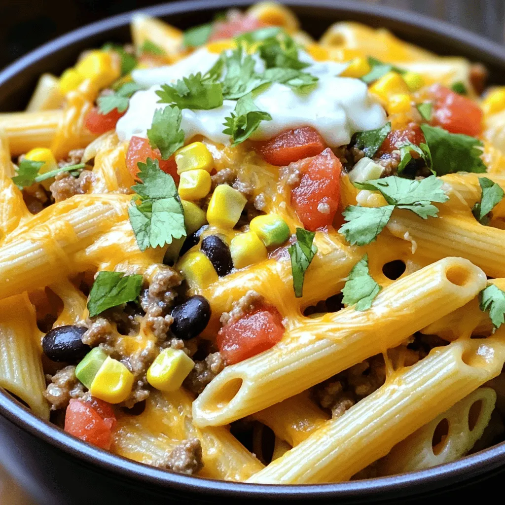 You need a few key items for this one-pan cheesy taco pasta. Here’s what you will need: - 8 ounces penne pasta - 1 pound ground beef (or turkey) - 1 medium onion, diced - 2 cloves garlic, minced - 1 tablespoon olive oil - 1 packet taco seasoning - 1 can (15 ounces) diced tomatoes with green chilies, undrained - 2 cups chicken or vegetable broth - 1 cup shredded cheddar cheese - 1 cup corn (fresh, frozen, or canned) - 1 cup black beans (rinsed and drained) - Salt and pepper to taste - Fresh cilantro for garnish (optional)