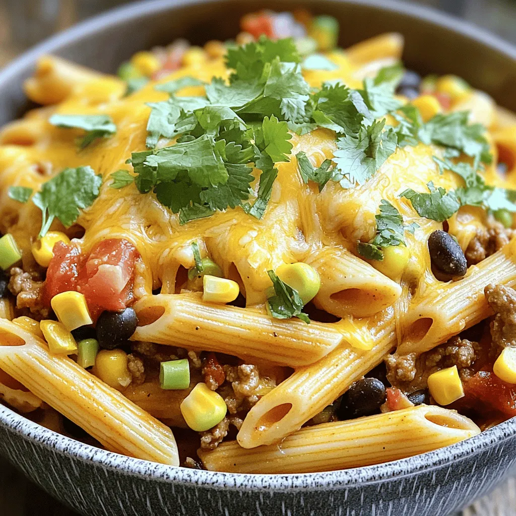 You need a few key items for this one-pan cheesy taco pasta. Here’s what you will need: - 8 ounces penne pasta - 1 pound ground beef (or turkey) - 1 medium onion, diced - 2 cloves garlic, minced - 1 tablespoon olive oil - 1 packet taco seasoning - 1 can (15 ounces) diced tomatoes with green chilies, undrained - 2 cups chicken or vegetable broth - 1 cup shredded cheddar cheese - 1 cup corn (fresh, frozen, or canned) - 1 cup black beans (rinsed and drained) - Salt and pepper to taste - Fresh cilantro for garnish (optional)