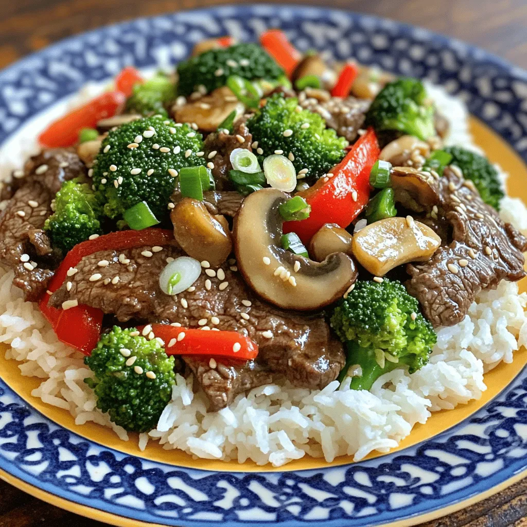 To make Asian Beef with Mushrooms, gather these key ingredients: - 1 lb (450g) flank steak, thinly sliced - 1 cup shiitake mushrooms, sliced - 1 red bell pepper, sliced - 1 cup broccoli florets - 3 cloves garlic, minced - 1 inch fresh ginger, grated - 2 tablespoons soy sauce - 1 tablespoon hoisin sauce - 1 tablespoon sesame oil - 1 teaspoon sugar - Salt and pepper, to taste - 2 tablespoons vegetable oil - 2 teaspoons sesame seeds, for garnish - 2 green onions, chopped, for garnish This dish shines due to its rich flavors. The flank steak offers a tender bite. Shiitake mushrooms add earthy depth. Red bell pepper gives sweetness, while broccoli brings a fresh crunch. Garlic and ginger boost the dish with aromatic warmth. Soy sauce and hoisin sauce provide that essential umami taste. Sesame oil adds a nutty finish, while sugar balances the flavors. Salt and pepper round out the seasoning, ensuring every bite is full of taste. For the best flavor, always choose fresh ingredients. Look for flank steak that is bright red with minimal fat. Your shiitake mushrooms should be firm and smooth. Avoid slimy or dark spots. Select bell peppers that are shiny and firm to the touch. Fresh broccoli should be vibrant green with tight florets. Always check the expiry dates on sauces. Using high-quality ingredients makes a big difference in your meal’s taste. Start by preparing the marinade. In a bowl, mix the soy sauce, hoisin sauce, sesame oil, sugar, and a pinch of salt and pepper. This blend gives the beef a rich flavor. Next, add the thinly sliced flank steak to the bowl. Make sure each piece is well-coated. Let it marinate for 15 to 20 minutes. This step helps the beef soak up all the tasty flavors. After marinating, heat a large skillet or wok over medium-high heat. Add vegetable oil and let it heat up. Once hot, add the marinated beef to the skillet. Cook for about 3 to 4 minutes. You want the beef to turn a nice brown color. When it’s done, remove the beef from the pan and set it aside. This keeps it juicy and prevents overcooking. In the same skillet, add minced garlic and grated ginger. Stir them for about 30 seconds until they smell great. Then, add the sliced shiitake mushrooms. Cook them for 3 minutes until they start to soften. After that, toss in the broccoli florets and sliced red bell pepper. Stir-fry these for 4 to 5 minutes. You want the veggies to be tender but still crisp. Now it’s time to bring everything together. Return the cooked beef to the skillet. Toss all the ingredients together for about 2 minutes. This allows the flavors to meld. Make sure to check the seasoning and adjust if needed. Serve hot and garnish with sesame seeds and chopped green onions. For a complete meal, serve over steamed rice or noodles. For the full recipe, check the recipe section above. To get the best stir-fry, heat is key. Use a large skillet or wok. Preheat it over medium-high heat. This helps cook the beef quickly. When the pan is hot, add oil right before the meat. This prevents sticking and burning. Cook the beef in small batches. Crowding the pan will steam the meat instead of browning it. You can easily change the flavors to fit your taste. Want it spicier? Add some red pepper flakes or sriracha. If you like it sweeter, increase the sugar a bit. Always taste as you cook. This helps you find the perfect balance. If it’s too salty, add a splash of water. If it needs more umami, add more soy sauce. Garnishes make your dish look fancy and tasty. Here are some ideas: - Sprinkle sesame seeds on top for crunch. - Chop green onions and scatter them for freshness. - Add a few slices of lime or lemon for a zesty kick. - Fresh cilantro or basil will add a bright flavor. These simple touches will elevate your Asian Beef with Mushrooms. For detailed cooking steps, check out the Full Recipe. {{image_2}} You can swap beef for chicken or tofu. Chicken gives a lighter taste. Use boneless chicken thighs or breasts for best results. Tofu is great for a plant-based meal. Choose firm tofu, and press it to remove excess water. Marinate it just like the beef, then cook it until golden. Feel free to mix different veggies in your dish. Snap peas, carrots, or baby corn add crunch. You can also use bok choy for a unique flavor. Try zucchini for a fresh twist. Just make sure to cut the vegetables into uniform pieces for even cooking. For a spicy kick, add red pepper flakes or sriracha. This will wake up your taste buds! If you prefer a sweeter taste, drizzle more hoisin sauce over your dish. You can also toss in some pineapple chunks for a fruity twist. Adjust these flavors to fit your mood and taste. Feel free to explore these variations to make your Asian Beef with Mushrooms even more delightful. For the full recipe, check out the details above. After enjoying Asian Beef with Mushrooms, you may have leftovers. To store them well, let the dish cool to room temperature. Transfer it to an airtight container. Make sure to seal it tight to keep moisture out. Store it in the fridge. It should stay fresh for up to three days. When you want to eat your leftovers, reheating them properly is key. Use a skillet over low heat. Add a splash of water or broth to keep it moist. Stir often to heat evenly. You can also use a microwave. Place the food in a microwave-safe dish. Cover it with a damp paper towel to trap steam. Heat in short bursts, stirring in between, until warm. If you want to save the dish for later, freezing is a great option. Let the beef and veggies cool completely first. Place them in a freezer-safe container. Label it with the date for easy tracking. This dish can last for up to three months in the freezer. To enjoy later, thaw it in the fridge overnight before reheating. For the full recipe and more tips, check out the Full Recipe section. To make a gluten-free Asian Beef with Mushrooms, swap out soy sauce for gluten-free tamari. This sauce gives the same salty flavor without gluten. Check your hoisin sauce too; some brands are not gluten-free. You can also make hoisin sauce at home using gluten-free ingredients. You can serve Asian Beef with Mushrooms over steamed rice or noodles. Fried rice is another great choice. For a fresh touch, add a side salad with a soy-ginger dressing. You can also pair it with spring rolls for a fun meal. Asian Beef with Mushrooms can last in the fridge for up to three days. Make sure to store it in an airtight container. If you want to eat it later, reheat it in a pan over low heat. This keeps the flavors fresh and the beef tender. Yes, you can use dried mushrooms instead of fresh. However, you must rehydrate them first. Soak dried shiitake mushrooms in warm water for about 30 minutes. Once they are soft, slice them and use them just like fresh ones in the recipe. This blog post covered everything you need for Asian Beef with Mushrooms. We explored must-have ingredients, marinating tips, and how to perfect your stir-fry. You learned variations for different proteins and veggies, plus how to store leftovers. In closing, trying this dish is worth it. Ready your kitchen, gather your ingredients, and enjoy a delicious meal tonight!