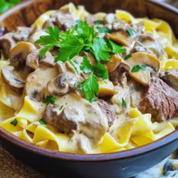 - 1 lb (450g) beef sirloin, thinly sliced - 2 tablespoons olive oil - 1 medium onion, finely chopped - 2 cloves garlic, minced - 8 oz (225g) mushrooms, sliced - 1 teaspoon Dijon mustard - 1 cup beef broth (low sodium) - 1 cup sour cream - 2 tablespoons flour - 1 teaspoon Worcestershire sauce - Salt and pepper to taste To create a rich beef stroganoff, you need high-quality beef sirloin. This cut offers great flavor and tenderness. Olive oil helps brown the beef and adds a nice richness to the dish. Fresh onion and garlic give depth to the sauce. Mushrooms add umami and texture, making every bite satisfying. Dijon mustard gives a subtle tang, while beef broth forms the base of the sauce. Sour cream brings creaminess and balances the flavors. Flour thickens the sauce, making it luscious. Finally, Worcestershire sauce adds a savory depth. Don't forget to season with salt and pepper to enhance all these flavors! - Fresh parsley for garnish - Egg noodles or rice for serving Fresh parsley adds a pop of color and freshness to your dish. Serving over egg noodles or rice makes it filling and comforting. You can choose what you prefer based on your taste or occasion. - Large skillet - Sharp knife for slicing beef - Measuring cups and spoons Using a large skillet makes cooking easy and gives enough space for all the ingredients. A sharp knife helps you slice the beef thinly, which is key for quick cooking. Measuring cups and spoons ensure you use the right amounts of each ingredient, keeping your dish balanced and tasty. For the full recipe, check out the detailed steps that will guide you through the cooking process to make this classic dish shine. - Start by heating 2 tablespoons of olive oil in a large skillet over medium-high heat. - Thinly slice 1 pound of beef sirloin. Once the oil is hot, add the beef slices. - Sauté the beef for about 3 to 4 minutes until it turns brown on all sides. - Remove the beef from the skillet and set it aside on a plate. - In the same skillet, add the finely chopped onion and minced garlic. - Sauté them for 2 to 3 minutes until the onion becomes clear. - Next, add 8 ounces of sliced mushrooms. Cook for an additional 4 to 5 minutes until they are golden brown. - Sprinkle 2 tablespoons of flour over the mushrooms and mix well. This helps thicken the sauce. - Slowly pour in 1 cup of low-sodium beef broth while stirring. This prevents lumps. - Add 1 teaspoon of Dijon mustard and 1 teaspoon of Worcestershire sauce. Mix everything together. - Bring the mixture to a gentle simmer and cook for about 5 minutes until it thickens slightly. - Lower the heat and stir in 1 cup of sour cream until it is creamy and smooth. - Add the cooked beef back into the skillet. Season with salt and pepper to taste. - Let it warm through for another 2 to 3 minutes. Serve your beef stroganoff over egg noodles or rice. For the full recipe, make sure to check the ingredients and instructions above! To ensure your beef is tender, slice it against the grain. This cuts through the muscle fibers. Thin slices cook quickly and stay juicy. Aim for 1/4 inch thickness. Cook the beef for about 3-4 minutes. You want it browned, not overcooked. This keeps it soft and tasty. Season your dish well. Use salt, pepper, and Worcestershire sauce. These add depth and richness. Fresh ingredients matter too. Fresh garlic and onions boost flavor. Try to use high-quality beef broth. This adds a nice, hearty taste. To make a lump-free sauce, sprinkle flour evenly over the mushrooms. Stir well to mix it in before adding broth. When you pour in the broth, do it slowly while stirring. This helps the sauce thicken without lumps. For a creamy texture, keep the heat low when adding sour cream. Stir gently to avoid curdling. {{image_2}} You can mix things up with different meats. If you want a lighter dish, use chicken. Thinly slice boneless chicken breasts instead of beef sirloin. Cook it the same way. You get a tasty chicken stroganoff. For a vegetarian meal, try mushrooms. Use a mix of different types like cremini and shiitake. This gives you a rich flavor without meat. You can also add tofu for protein. Changing herbs and spices can really boost the taste. Try adding thyme or paprika for warmth. A pinch of nutmeg can add depth, too. Experiment with flavors to find your favorite mix. You might also want to add some white wine or sherry. Pour a splash into the sauce after you add the broth. This adds a nice acidity that balances the creaminess. Classic stroganoff pairs well with egg noodles or rice. Both soak up the sauce nicely. Serve the stroganoff over your choice. You can add steamed vegetables on the side. Broccoli or green beans work great. They add color and nutrition to your plate. For a complete meal, think about a simple salad, too. For the Full Recipe, check the details above. To store leftover beef stroganoff, cool it first. Place it in an airtight container. This keeps moisture in and air out. Make sure to seal it tightly. Store it in the fridge. It will stay fresh for 3 to 4 days. Good containers for storage include glass or plastic. Choose containers that stack easily. This helps save space in your fridge. Avoid using metal containers, as they can react with the sauce. For long-term storage, you can freeze beef stroganoff. Use a freezer-safe container or heavy-duty freezer bag. Make sure to remove as much air as possible. This prevents freezer burn and keeps flavors intact. When you are ready to eat, thaw the stroganoff overnight in the fridge. Reheat it gently on the stove over low heat. Stir often to keep it creamy. If it looks thick, add a splash of beef broth or water. Typically, beef stroganoff lasts 3 to 4 days in the fridge. If frozen, it can last up to 3 months. Always label the container with the date. This helps you track how long it has been stored. Signs of spoilage include an off smell and changes in color. If you see mold or an unusual texture, it’s best to throw it out. Always trust your senses. If something seems off, do not eat it. To make Classic Beef Stroganoff gluten-free, use alternative flours. - Almond flour - Coconut flour - Gluten-free all-purpose flour These options work well for thickening your sauce. Just replace regular flour with the gluten-free flour of your choice. You may need to adjust the amount, so start with less and add more as needed. Yes, you can use a slow cooker for this recipe! Here are some tips: - Brown the beef in a skillet first for flavor. - Transfer the beef to the slow cooker. - Add the onions, garlic, mushrooms, and broth. - Cook on low for 6-8 hours or high for 3-4 hours. - Stir in sour cream just before serving for creaminess. This method makes it easy to enjoy a rich meal without much effort. You have several options if you need a substitute for sour cream. - Greek yogurt offers a similar tang and texture. - Cream cheese can work, but thin it with milk. - Silken tofu blended can be a vegan option. Each substitute alters the taste slightly, but they all provide creaminess. Classic Beef Stroganoff is perfect for meal prepping! Here’s how to do it: - Cook the stroganoff as directed. - Let it cool before storing. - Use airtight containers for storage. It keeps well in the fridge for about 3 days. You can freeze it for longer storage. Just reheat gently on the stove or in the microwave before serving. Classic Beef Stroganoff is easy and tasty. We covered the key ingredients, cooking steps, and tips for tender meat. You can also try different meats or flavors to make it your own. Remember to store leftovers correctly to enjoy later. With these instructions, you can impress anyone at the dinner table. Enjoy creating this hearty meal; it’s sure to be a hit with family and friends!