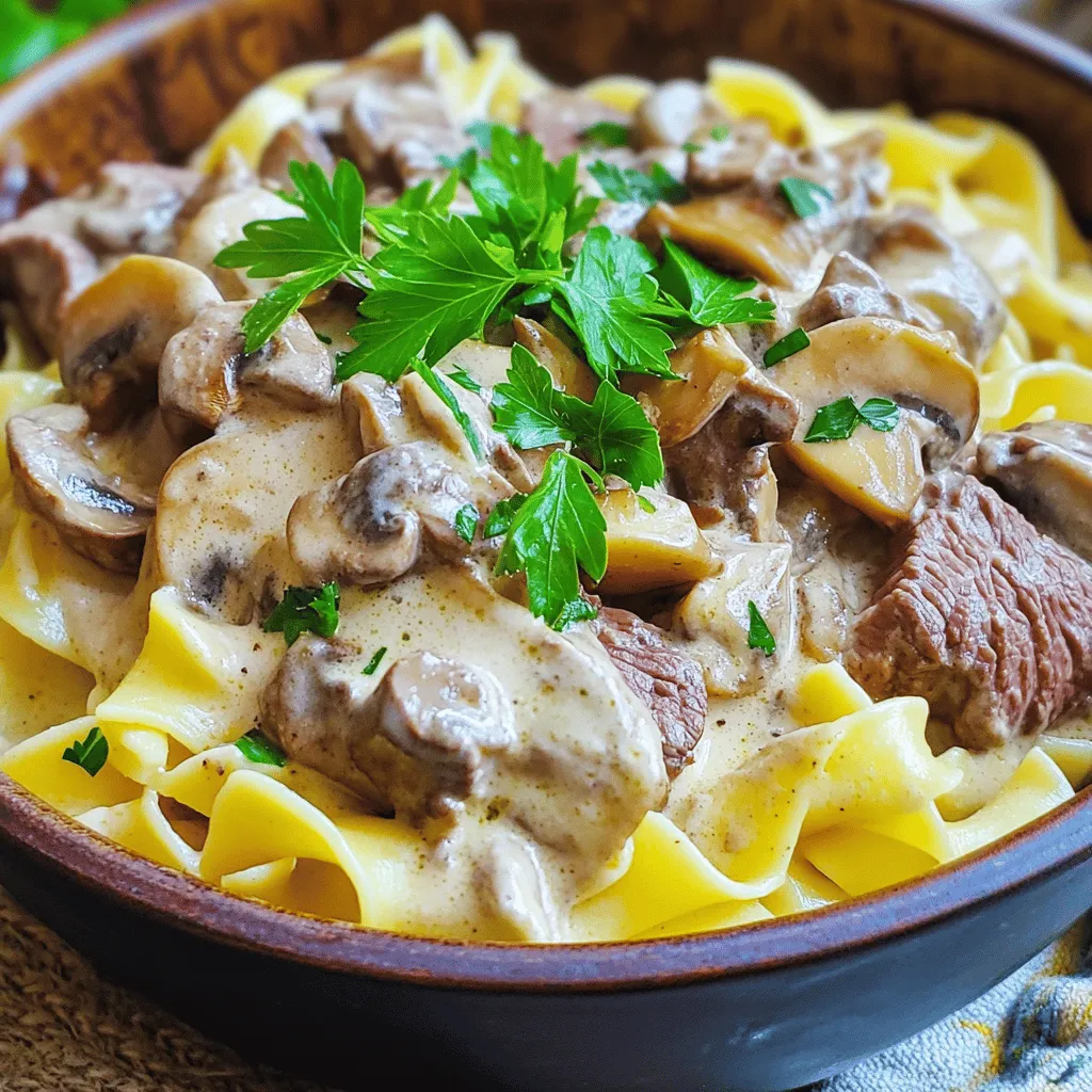 - 1 lb (450g) beef sirloin, thinly sliced - 2 tablespoons olive oil - 1 medium onion, finely chopped - 2 cloves garlic, minced - 8 oz (225g) mushrooms, sliced - 1 teaspoon Dijon mustard - 1 cup beef broth (low sodium) - 1 cup sour cream - 2 tablespoons flour - 1 teaspoon Worcestershire sauce - Salt and pepper to taste To create a rich beef stroganoff, you need high-quality beef sirloin. This cut offers great flavor and tenderness. Olive oil helps brown the beef and adds a nice richness to the dish. Fresh onion and garlic give depth to the sauce. Mushrooms add umami and texture, making every bite satisfying. Dijon mustard gives a subtle tang, while beef broth forms the base of the sauce. Sour cream brings creaminess and balances the flavors. Flour thickens the sauce, making it luscious. Finally, Worcestershire sauce adds a savory depth. Don't forget to season with salt and pepper to enhance all these flavors! - Fresh parsley for garnish - Egg noodles or rice for serving Fresh parsley adds a pop of color and freshness to your dish. Serving over egg noodles or rice makes it filling and comforting. You can choose what you prefer based on your taste or occasion. - Large skillet - Sharp knife for slicing beef - Measuring cups and spoons Using a large skillet makes cooking easy and gives enough space for all the ingredients. A sharp knife helps you slice the beef thinly, which is key for quick cooking. Measuring cups and spoons ensure you use the right amounts of each ingredient, keeping your dish balanced and tasty. For the full recipe, check out the detailed steps that will guide you through the cooking process to make this classic dish shine. - Start by heating 2 tablespoons of olive oil in a large skillet over medium-high heat. - Thinly slice 1 pound of beef sirloin. Once the oil is hot, add the beef slices. - Sauté the beef for about 3 to 4 minutes until it turns brown on all sides. - Remove the beef from the skillet and set it aside on a plate. - In the same skillet, add the finely chopped onion and minced garlic. - Sauté them for 2 to 3 minutes until the onion becomes clear. - Next, add 8 ounces of sliced mushrooms. Cook for an additional 4 to 5 minutes until they are golden brown. - Sprinkle 2 tablespoons of flour over the mushrooms and mix well. This helps thicken the sauce. - Slowly pour in 1 cup of low-sodium beef broth while stirring. This prevents lumps. - Add 1 teaspoon of Dijon mustard and 1 teaspoon of Worcestershire sauce. Mix everything together. - Bring the mixture to a gentle simmer and cook for about 5 minutes until it thickens slightly. - Lower the heat and stir in 1 cup of sour cream until it is creamy and smooth. - Add the cooked beef back into the skillet. Season with salt and pepper to taste. - Let it warm through for another 2 to 3 minutes. Serve your beef stroganoff over egg noodles or rice. For the full recipe, make sure to check the ingredients and instructions above! To ensure your beef is tender, slice it against the grain. This cuts through the muscle fibers. Thin slices cook quickly and stay juicy. Aim for 1/4 inch thickness. Cook the beef for about 3-4 minutes. You want it browned, not overcooked. This keeps it soft and tasty. Season your dish well. Use salt, pepper, and Worcestershire sauce. These add depth and richness. Fresh ingredients matter too. Fresh garlic and onions boost flavor. Try to use high-quality beef broth. This adds a nice, hearty taste. To make a lump-free sauce, sprinkle flour evenly over the mushrooms. Stir well to mix it in before adding broth. When you pour in the broth, do it slowly while stirring. This helps the sauce thicken without lumps. For a creamy texture, keep the heat low when adding sour cream. Stir gently to avoid curdling. {{image_2}} You can mix things up with different meats. If you want a lighter dish, use chicken. Thinly slice boneless chicken breasts instead of beef sirloin. Cook it the same way. You get a tasty chicken stroganoff. For a vegetarian meal, try mushrooms. Use a mix of different types like cremini and shiitake. This gives you a rich flavor without meat. You can also add tofu for protein. Changing herbs and spices can really boost the taste. Try adding thyme or paprika for warmth. A pinch of nutmeg can add depth, too. Experiment with flavors to find your favorite mix. You might also want to add some white wine or sherry. Pour a splash into the sauce after you add the broth. This adds a nice acidity that balances the creaminess. Classic stroganoff pairs well with egg noodles or rice. Both soak up the sauce nicely. Serve the stroganoff over your choice. You can add steamed vegetables on the side. Broccoli or green beans work great. They add color and nutrition to your plate. For a complete meal, think about a simple salad, too. For the Full Recipe, check the details above. To store leftover beef stroganoff, cool it first. Place it in an airtight container. This keeps moisture in and air out. Make sure to seal it tightly. Store it in the fridge. It will stay fresh for 3 to 4 days. Good containers for storage include glass or plastic. Choose containers that stack easily. This helps save space in your fridge. Avoid using metal containers, as they can react with the sauce. For long-term storage, you can freeze beef stroganoff. Use a freezer-safe container or heavy-duty freezer bag. Make sure to remove as much air as possible. This prevents freezer burn and keeps flavors intact. When you are ready to eat, thaw the stroganoff overnight in the fridge. Reheat it gently on the stove over low heat. Stir often to keep it creamy. If it looks thick, add a splash of beef broth or water. Typically, beef stroganoff lasts 3 to 4 days in the fridge. If frozen, it can last up to 3 months. Always label the container with the date. This helps you track how long it has been stored. Signs of spoilage include an off smell and changes in color. If you see mold or an unusual texture, it’s best to throw it out. Always trust your senses. If something seems off, do not eat it. To make Classic Beef Stroganoff gluten-free, use alternative flours. - Almond flour - Coconut flour - Gluten-free all-purpose flour These options work well for thickening your sauce. Just replace regular flour with the gluten-free flour of your choice. You may need to adjust the amount, so start with less and add more as needed. Yes, you can use a slow cooker for this recipe! Here are some tips: - Brown the beef in a skillet first for flavor. - Transfer the beef to the slow cooker. - Add the onions, garlic, mushrooms, and broth. - Cook on low for 6-8 hours or high for 3-4 hours. - Stir in sour cream just before serving for creaminess. This method makes it easy to enjoy a rich meal without much effort. You have several options if you need a substitute for sour cream. - Greek yogurt offers a similar tang and texture. - Cream cheese can work, but thin it with milk. - Silken tofu blended can be a vegan option. Each substitute alters the taste slightly, but they all provide creaminess. Classic Beef Stroganoff is perfect for meal prepping! Here’s how to do it: - Cook the stroganoff as directed. - Let it cool before storing. - Use airtight containers for storage. It keeps well in the fridge for about 3 days. You can freeze it for longer storage. Just reheat gently on the stove or in the microwave before serving. Classic Beef Stroganoff is easy and tasty. We covered the key ingredients, cooking steps, and tips for tender meat. You can also try different meats or flavors to make it your own. Remember to store leftovers correctly to enjoy later. With these instructions, you can impress anyone at the dinner table. Enjoy creating this hearty meal; it’s sure to be a hit with family and friends!