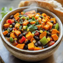 To make this vegan sweet potato chili, gather the following ingredients: - 2 medium sweet potatoes, peeled and diced - 1 tablespoon olive oil - 1 large onion, chopped - 3 cloves garlic, minced - 1 red bell pepper, diced - 1 green bell pepper, diced - 2 cans (15 oz each) black beans, rinsed and drained - 1 can (15 oz) diced tomatoes with green chilies - 1 cup corn kernels (fresh or frozen) - 2 cups vegetable broth - 2 tablespoons chili powder - 1 teaspoon cumin - 1 teaspoon smoked paprika - Salt and pepper to taste - Fresh cilantro, chopped (for garnish) This chili packs a nutritious punch! Each serving has around: - Calories: 250 - Protein: 10g - Carbohydrates: 45g - Dietary Fiber: 12g - Sugars: 6g - Fat: 5g - Vitamin A: 180% DV - Vitamin C: 70% DV - Iron: 20% DV These numbers make it clear this meal is hearty and healthy. If you need alternatives, here are some great options: - Sweet Potatoes: Butternut squash or regular potatoes work well. - Black Beans: Kidney beans or pinto beans can replace black beans. - Olive Oil: Avocado oil or coconut oil will also do the job. - Vegetable Broth: Water or homemade broth can be used instead. - Chili Powder: Use taco seasoning for a different flavor. These swaps can help you customize the chili to your taste or pantry. You can find the full recipe in the previous section. Start by gathering all your ingredients. This makes cooking smooth and easy. Peel and dice the sweet potatoes into small cubes. Chop the onion and bell peppers. Mince the garlic. Rinse and drain the black beans. 1. In a large pot, heat the olive oil over medium heat. 2. Add the chopped onion and sauté for about 5 minutes, until it turns translucent. 3. Stir in the minced garlic and cook for one more minute. This brings out the flavor. 4. Add the diced sweet potatoes, red bell pepper, and green bell pepper to the pot. Cook for about 10 minutes. Stir often to keep the veggies from sticking. 5. Next, stir in the black beans, diced tomatoes (with juice), corn, and vegetable broth. 6. Season with chili powder, cumin, smoked paprika, salt, and pepper. Bring it to a gentle simmer. 7. Reduce the heat to low, cover the pot, and let it simmer for 30-35 minutes. Stir occasionally. The sweet potatoes should be tender when done. 8. Taste and adjust the seasoning before serving. To get the best texture, cut the sweet potatoes into uniform pieces. This helps them cook evenly. Stir often as it simmers to prevent sticking. If you want a thicker chili, let it cook longer without the lid. For a smoother texture, you can mash some of the sweet potatoes while cooking. This adds creaminess without dairy. Enjoy this hearty dish with crusty bread or cornbread for a complete meal! If you want the full recipe, you can find it in the recipe section above. To make your vegan sweet potato chili pop with flavor, try a few easy tricks. First, add a splash of lime juice before serving. This brightens the taste. You can also use smoked salt instead of regular salt. It adds a nice, rich depth. Fresh herbs like cilantro or parsley will make it even better. Consider adding a dash of hot sauce for heat. If you want a sweeter taste, a pinch of brown sugar can balance the chili's spices. Want to save time in the kitchen? Start by prepping your ingredients ahead of time. Chop the vegetables and store them in the fridge. You can also cook the sweet potatoes in the microwave for a quicker start. If you have leftover chili, it is great for lunch. Make a big batch, and you have meals ready to go! Using canned beans and tomatoes helps cut down on prep time too. When serving your vegan sweet potato chili, presentation matters. Ladle it into bowls and sprinkle fresh cilantro on top. This adds color and flavor. Pair it with crusty bread or cornbread for a filling meal. You can also serve it over rice for a heartier dish. If you like toppings, consider avocado slices, dairy-free sour cream, or vegan cheese. These add creaminess and extra flavor to your chili. For the full recipe, check out the complete guide. {{image_2}} This vegan sweet potato chili is already gluten-free! You can enjoy it without worry. Just check any canned goods, like beans and tomatoes, to ensure they are gluten-free. Most brands are safe, but it is good to read labels. You can make this chili even better by adding more veggies. Try these options: - Zucchini, diced - Carrots, chopped - Spinach or kale, stirred in at the end These add color and nutrients to your meal. You could also throw in some quinoa or lentils for extra protein and texture. For those who love heat, add more chili powder or some diced jalapeños. If you prefer it mild, just use less chili powder. You can also add a touch of maple syrup to balance the heat. This sweet touch can make the chili more complex without losing flavor. Feel free to adjust based on your taste. Remember, you can find the full recipe above to guide you through these variations! After you make this vegan sweet potato chili, you might have some left. First, let it cool down to room temperature. Then, pour it into an airtight container. Make sure to seal it well to keep it fresh. You can store it in the fridge for up to five days. If you want it to last longer, consider freezing it. When you're ready to enjoy your chili again, you can reheat it easily. For the best taste, heat it on the stove. Pour the chili into a pot and warm it over medium heat. Stir often to avoid sticking. If you need to, add a splash of vegetable broth for moisture. You can also microwave it. Just put it in a microwave-safe bowl and cover it. Heat in short bursts, stirring in between. Freezing is a great way to save your chili for later. Use freezer-safe containers or bags. Portion the chili into smaller servings for easy meals. Leave some space at the top of the container. This allows the chili to expand as it freezes. You can freeze it for up to three months. When you want to eat it, thaw it overnight in the fridge. Then, reheat it as described above. Enjoy your flavorful and hearty meal anytime! Vegan sweet potato chili is a warm and filling dish. It blends sweet potatoes, beans, and spices. You might wonder if it's hard to make. The answer is no! This recipe is easy and quick. You can whip it up in about 50 minutes. Many ask about the taste. It’s rich, hearty, and full of flavor. The chili powder and smoked paprika add depth. Plus, the sweet potatoes give it a nice sweetness. If you have allergies, you can adjust the recipe. For example, if you are allergic to beans, use lentils instead. You can swap corn with diced zucchini or carrots. If you can't have nightshades, skip the bell peppers and use celery. You can also use vegetable broth made from scratch if you want to avoid store-bought options. Always check labels to ensure safety. You don’t need much to make this chili. A large pot works best for cooking. A good wooden spoon helps to stir the ingredients well. If you have a sharp knife, it will make chopping easier. A cutting board is also essential. For serving, use bowls and a ladle. If you want to make it even easier, consider a slow cooker or an Instant Pot. These tools can help you make great chili with less fuss. You can find the full recipe linked above! In this blog post, we covered the key ingredients and steps to make vegan sweet potato chili. You learned about nutritional details, possible substitutes, and step-by-step cooking instructions. Tips on enhancing flavor and storing leftovers help ensure great taste and freshness. Remember, you can make this chili your own with variations and serving ideas. Enjoy your cooking journey, and don’t forget to share your results!