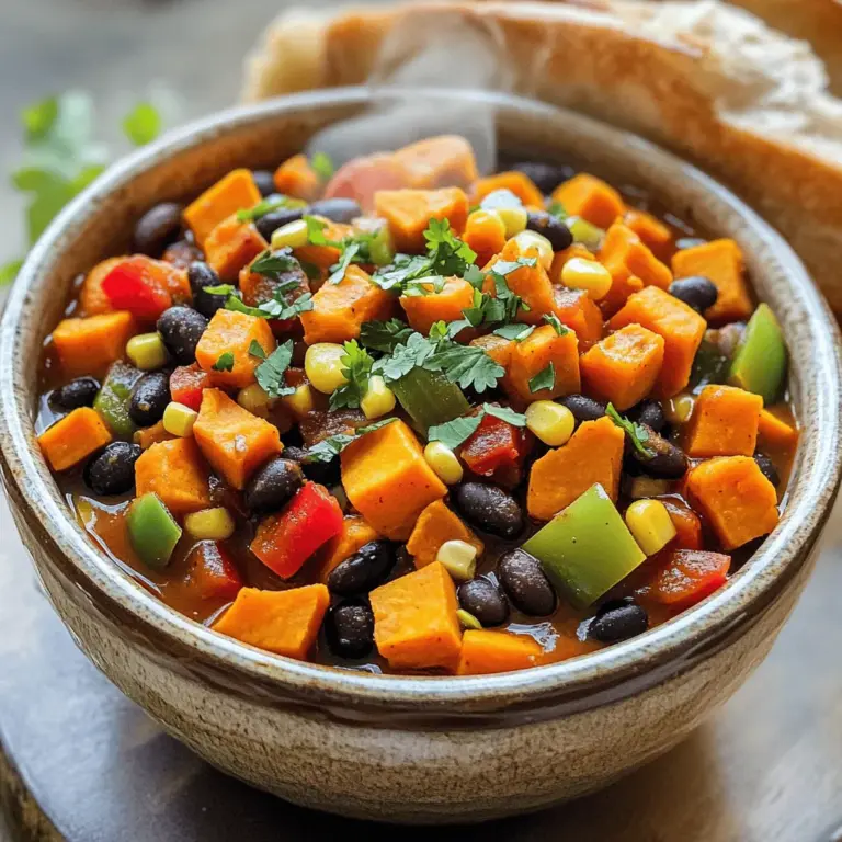 To make this vegan sweet potato chili, gather the following ingredients: - 2 medium sweet potatoes, peeled and diced - 1 tablespoon olive oil - 1 large onion, chopped - 3 cloves garlic, minced - 1 red bell pepper, diced - 1 green bell pepper, diced - 2 cans (15 oz each) black beans, rinsed and drained - 1 can (15 oz) diced tomatoes with green chilies - 1 cup corn kernels (fresh or frozen) - 2 cups vegetable broth - 2 tablespoons chili powder - 1 teaspoon cumin - 1 teaspoon smoked paprika - Salt and pepper to taste - Fresh cilantro, chopped (for garnish) This chili packs a nutritious punch! Each serving has around: - Calories: 250 - Protein: 10g - Carbohydrates: 45g - Dietary Fiber: 12g - Sugars: 6g - Fat: 5g - Vitamin A: 180% DV - Vitamin C: 70% DV - Iron: 20% DV These numbers make it clear this meal is hearty and healthy. If you need alternatives, here are some great options: - Sweet Potatoes: Butternut squash or regular potatoes work well. - Black Beans: Kidney beans or pinto beans can replace black beans. - Olive Oil: Avocado oil or coconut oil will also do the job. - Vegetable Broth: Water or homemade broth can be used instead. - Chili Powder: Use taco seasoning for a different flavor. These swaps can help you customize the chili to your taste or pantry. You can find the full recipe in the previous section. Start by gathering all your ingredients. This makes cooking smooth and easy. Peel and dice the sweet potatoes into small cubes. Chop the onion and bell peppers. Mince the garlic. Rinse and drain the black beans. 1. In a large pot, heat the olive oil over medium heat. 2. Add the chopped onion and sauté for about 5 minutes, until it turns translucent. 3. Stir in the minced garlic and cook for one more minute. This brings out the flavor. 4. Add the diced sweet potatoes, red bell pepper, and green bell pepper to the pot. Cook for about 10 minutes. Stir often to keep the veggies from sticking. 5. Next, stir in the black beans, diced tomatoes (with juice), corn, and vegetable broth. 6. Season with chili powder, cumin, smoked paprika, salt, and pepper. Bring it to a gentle simmer. 7. Reduce the heat to low, cover the pot, and let it simmer for 30-35 minutes. Stir occasionally. The sweet potatoes should be tender when done. 8. Taste and adjust the seasoning before serving. To get the best texture, cut the sweet potatoes into uniform pieces. This helps them cook evenly. Stir often as it simmers to prevent sticking. If you want a thicker chili, let it cook longer without the lid. For a smoother texture, you can mash some of the sweet potatoes while cooking. This adds creaminess without dairy. Enjoy this hearty dish with crusty bread or cornbread for a complete meal! If you want the full recipe, you can find it in the recipe section above. To make your vegan sweet potato chili pop with flavor, try a few easy tricks. First, add a splash of lime juice before serving. This brightens the taste. You can also use smoked salt instead of regular salt. It adds a nice, rich depth. Fresh herbs like cilantro or parsley will make it even better. Consider adding a dash of hot sauce for heat. If you want a sweeter taste, a pinch of brown sugar can balance the chili's spices. Want to save time in the kitchen? Start by prepping your ingredients ahead of time. Chop the vegetables and store them in the fridge. You can also cook the sweet potatoes in the microwave for a quicker start. If you have leftover chili, it is great for lunch. Make a big batch, and you have meals ready to go! Using canned beans and tomatoes helps cut down on prep time too. When serving your vegan sweet potato chili, presentation matters. Ladle it into bowls and sprinkle fresh cilantro on top. This adds color and flavor. Pair it with crusty bread or cornbread for a filling meal. You can also serve it over rice for a heartier dish. If you like toppings, consider avocado slices, dairy-free sour cream, or vegan cheese. These add creaminess and extra flavor to your chili. For the full recipe, check out the complete guide. {{image_2}} This vegan sweet potato chili is already gluten-free! You can enjoy it without worry. Just check any canned goods, like beans and tomatoes, to ensure they are gluten-free. Most brands are safe, but it is good to read labels. You can make this chili even better by adding more veggies. Try these options: - Zucchini, diced - Carrots, chopped - Spinach or kale, stirred in at the end These add color and nutrients to your meal. You could also throw in some quinoa or lentils for extra protein and texture. For those who love heat, add more chili powder or some diced jalapeños. If you prefer it mild, just use less chili powder. You can also add a touch of maple syrup to balance the heat. This sweet touch can make the chili more complex without losing flavor. Feel free to adjust based on your taste. Remember, you can find the full recipe above to guide you through these variations! After you make this vegan sweet potato chili, you might have some left. First, let it cool down to room temperature. Then, pour it into an airtight container. Make sure to seal it well to keep it fresh. You can store it in the fridge for up to five days. If you want it to last longer, consider freezing it. When you're ready to enjoy your chili again, you can reheat it easily. For the best taste, heat it on the stove. Pour the chili into a pot and warm it over medium heat. Stir often to avoid sticking. If you need to, add a splash of vegetable broth for moisture. You can also microwave it. Just put it in a microwave-safe bowl and cover it. Heat in short bursts, stirring in between. Freezing is a great way to save your chili for later. Use freezer-safe containers or bags. Portion the chili into smaller servings for easy meals. Leave some space at the top of the container. This allows the chili to expand as it freezes. You can freeze it for up to three months. When you want to eat it, thaw it overnight in the fridge. Then, reheat it as described above. Enjoy your flavorful and hearty meal anytime! Vegan sweet potato chili is a warm and filling dish. It blends sweet potatoes, beans, and spices. You might wonder if it's hard to make. The answer is no! This recipe is easy and quick. You can whip it up in about 50 minutes. Many ask about the taste. It’s rich, hearty, and full of flavor. The chili powder and smoked paprika add depth. Plus, the sweet potatoes give it a nice sweetness. If you have allergies, you can adjust the recipe. For example, if you are allergic to beans, use lentils instead. You can swap corn with diced zucchini or carrots. If you can't have nightshades, skip the bell peppers and use celery. You can also use vegetable broth made from scratch if you want to avoid store-bought options. Always check labels to ensure safety. You don’t need much to make this chili. A large pot works best for cooking. A good wooden spoon helps to stir the ingredients well. If you have a sharp knife, it will make chopping easier. A cutting board is also essential. For serving, use bowls and a ladle. If you want to make it even easier, consider a slow cooker or an Instant Pot. These tools can help you make great chili with less fuss. You can find the full recipe linked above! In this blog post, we covered the key ingredients and steps to make vegan sweet potato chili. You learned about nutritional details, possible substitutes, and step-by-step cooking instructions. Tips on enhancing flavor and storing leftovers help ensure great taste and freshness. Remember, you can make this chili your own with variations and serving ideas. Enjoy your cooking journey, and don’t forget to share your results!