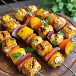- 1 pound boneless, skinless chicken breasts, cut into 1-inch cubes - 1/4 cup honey - 1/4 cup Dijon mustard - 2 tablespoons olive oil - 1 tablespoon apple cider vinegar - 1 teaspoon garlic powder - 1 teaspoon onion powder - Salt and pepper to taste - 1 bell pepper, cut into 1-inch pieces (any color) - 1 medium red onion, cut into wedges The heart of this dish is the chicken. I prefer using boneless, skinless chicken breasts for their tenderness. The marinade shines with honey and Dijon mustard, giving a sweet and tangy flavor. Olive oil helps keep the chicken moist, while apple cider vinegar adds a bit of brightness. Garlic and onion powder enhance the taste without overpowering the dish. For veggies, I love using bell peppers and red onions. They add color and crunch. You can choose any color of bell pepper. This way, your skewers look vibrant and inviting. - Grill Types: Gas or charcoal grills work well. I find charcoal adds a nice smoky flavor. - Types of Skewers: Wooden skewers need to soak in water first. This stops them from burning. Metal skewers are great for reusing, but they can get hot! With these ingredients and tools, you will create a dish that is both simple and packed with flavor. For the full recipe, check out the detailed instructions provided. Mixing Ingredients To make the marinade, grab a medium bowl. Add 1/4 cup honey and 1/4 cup Dijon mustard. Next, pour in 2 tablespoons of olive oil and 1 tablespoon of apple cider vinegar. Sprinkle in 1 teaspoon of garlic powder and 1 teaspoon of onion powder. Don’t forget some salt and pepper! Whisk everything together until it’s smooth and well mixed. Marinating Time Now, take your chicken. Use 1 pound of boneless, skinless chicken breasts, cut into 1-inch cubes. Add the chicken to the marinade. Make sure each piece is well coated. Cover the bowl and place it in the fridge. Let it marinate for at least 30 minutes. For the best flavor, try to marinate for up to 2 hours. How to Thread Chicken and Vegetables Once the chicken is marinated, it’s time to assemble your skewers. Grab your wooden or metal skewers. If you use wooden ones, soak them in water for 15-20 minutes to prevent burning. Start by threading the marinated chicken onto the skewer. Alternate between the chicken and pieces of bell pepper and red onion. Cut the bell pepper and onion into 1-inch pieces. This adds color and flavor! Tips for Even Cooking Make sure to leave a little space between each piece. This helps the heat circulate around the food, ensuring even cooking. Aim for a good mix of chicken and veggies on each skewer to get all those flavors together. Preheating the Grill Before you grill, preheat your grill to medium-high heat. This step is key for getting nice grill marks and juicy chicken. If you’re using a charcoal grill, let the coals turn white before cooking. Cooking Time and Techniques Place the skewers on the grill. Cook them for about 10-12 minutes. Make sure to turn them occasionally. Check the chicken’s internal temperature; it should reach 165°F (75°C). In the last few minutes, brush the skewers with any leftover marinade for extra flavor. Once done, let them rest for a couple of minutes before serving. For the full recipe, you can refer to the main article. Enjoy your delicious honey mustard chicken skewers! How Long to Marinate for Best Flavor Marinating chicken is key for great flavor. I recommend marinating for at least 30 minutes. If you have time, go for 2 hours. This longer time allows the flavors to soak into the chicken. It makes a big difference in taste. Adjusting Ingredients for Heat or Sweetness You can change the taste by adding more honey for sweetness or more mustard for heat. If you want spice, try adding a pinch of cayenne pepper. Taste the marinade before you add the chicken. Adjust it to fit your preferences. Indirect vs Direct Heat When grilling, use direct heat for quick cooking. Place the skewers over hot coals or flames. If you need to cook slowly, use indirect heat. This method cooks the chicken evenly without burning. Avoiding Common Grilling Mistakes Don't crowd the skewers on the grill. Leave space so heat can circulate. Always preheat your grill. This helps get nice grill marks. Avoid flipping too often; let them cook for a few minutes on each side. Garnishing Suggestions For a beautiful plate, sprinkle fresh parsley or cilantro on top. It adds color and freshness. You can also drizzle a bit of extra honey mustard on the skewers for a nice touch. Side Dishes That Pair Well Serve these skewers with a side salad or grilled veggies. They go well with rice or couscous, too. A light yogurt dip can add a cool contrast to the dish. These sides make your meal more complete and fun! {{image_2}} You can switch up the main protein in this recipe. Shrimp is an excellent choice. It cooks quickly and adds a nice texture. Just be sure to marinate it for only 15-20 minutes. This way, you keep it tender and juicy. Tofu is another great option for a vegetarian twist. Use firm tofu for better skewering. Press it to remove extra moisture, then cut it into cubes. Marinate the tofu just like the chicken. This helps the flavors soak in well. If you like a kick in your dish, add some heat. You can mix in sriracha or cayenne pepper with the marinade. Start with just a teaspoon. Taste the marinade before adding more heat. You can also add chopped jalapeños or red pepper flakes. This gives the chicken a nice spicy touch without overpowering the honey and mustard. You can make a great vegetarian version too. Use an array of colorful veggies like zucchini, mushrooms, or cherry tomatoes. Cut them into bite-sized pieces. Toss them in the same honey mustard marinade to enhance their flavor. Thread the veggies onto skewers and grill them just like the chicken. This way, everyone can enjoy a tasty meal, regardless of their diet. You can find the full recipe above to guide you through these variations. Store any leftover honey mustard chicken skewers in an airtight container. This keeps them fresh and tasty. Make sure to let them cool down first. Place them in the fridge within two hours of cooking. They will stay good for up to three days. To reheat the skewers, use the oven or a skillet. Preheat the oven to 350°F (175°C). Place the skewers on a baking sheet. Cover them with foil to keep moisture in. Heat for about 10-15 minutes. If you use a skillet, heat it on medium. Add a splash of water and cover the pan. This method helps keep them juicy. To freeze honey mustard chicken skewers, wrap them tightly in plastic wrap. Then, place them in a freezer bag. Remove as much air as you can. They will stay good for up to three months. When ready to eat, thaw them in the fridge overnight before reheating. You can serve many tasty sides with Honey Mustard Chicken Skewers. Here are some ideas: - Mixed greens salad: A light salad adds freshness. - Rice or quinoa: These grains soak up flavors well. - Grilled vegetables: Add color and nutrients to your plate. - Garlic bread: This pairs nicely with the skewers. - Potato wedges: Crispy potatoes are always a hit. These sides make your meal more enjoyable and balanced. Yes, you can use different mustards for flavor. Dijon gives a tangy taste. Yellow mustard is milder and sweeter. Honey mustard adds extra sweetness. Spicy brown mustard adds a kick. Experiment with your favorite types. Each will change the taste of your skewers in a unique way. Don’t be afraid to try new flavors! Grilling chicken skewers at medium-high heat works best. This temperature allows the chicken to cook evenly. Aim for about 375°F to 400°F (190°C to 200°C). This heat helps achieve a nice char while keeping the chicken juicy. Always check the internal temperature. It should reach 165°F (75°C) for safety. Using a grill thermometer can help you get it right. Honey mustard chicken skewers are easy and fun to make. Start with good chicken, a flavorful marinade, and fresh veggies. Use the right tools and follow the steps for grilling. Remember to marinate for great flavor and avoid common grilling mistakes. Try variations like shrimp or veggie options for new tastes. Store leftovers properly and enjoy them later. This dish is a crowd-pleaser, perfect for any meal. Enjoy experimenting with flavors to find your favorite combo!