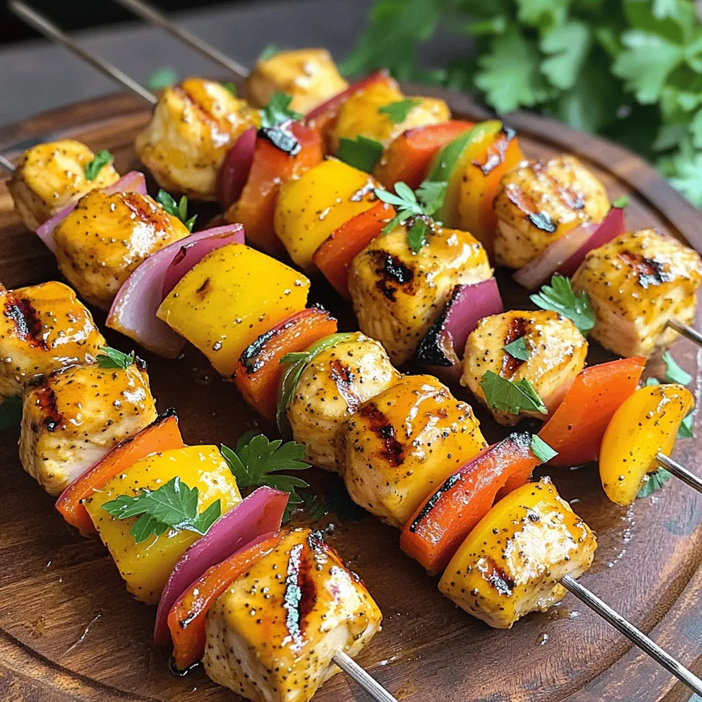 - 1 pound boneless, skinless chicken breasts, cut into 1-inch cubes - 1/4 cup honey - 1/4 cup Dijon mustard - 2 tablespoons olive oil - 1 tablespoon apple cider vinegar - 1 teaspoon garlic powder - 1 teaspoon onion powder - Salt and pepper to taste - 1 bell pepper, cut into 1-inch pieces (any color) - 1 medium red onion, cut into wedges The heart of this dish is the chicken. I prefer using boneless, skinless chicken breasts for their tenderness. The marinade shines with honey and Dijon mustard, giving a sweet and tangy flavor. Olive oil helps keep the chicken moist, while apple cider vinegar adds a bit of brightness. Garlic and onion powder enhance the taste without overpowering the dish. For veggies, I love using bell peppers and red onions. They add color and crunch. You can choose any color of bell pepper. This way, your skewers look vibrant and inviting. - Grill Types: Gas or charcoal grills work well. I find charcoal adds a nice smoky flavor. - Types of Skewers: Wooden skewers need to soak in water first. This stops them from burning. Metal skewers are great for reusing, but they can get hot! With these ingredients and tools, you will create a dish that is both simple and packed with flavor. For the full recipe, check out the detailed instructions provided. Mixing Ingredients To make the marinade, grab a medium bowl. Add 1/4 cup honey and 1/4 cup Dijon mustard. Next, pour in 2 tablespoons of olive oil and 1 tablespoon of apple cider vinegar. Sprinkle in 1 teaspoon of garlic powder and 1 teaspoon of onion powder. Don’t forget some salt and pepper! Whisk everything together until it’s smooth and well mixed. Marinating Time Now, take your chicken. Use 1 pound of boneless, skinless chicken breasts, cut into 1-inch cubes. Add the chicken to the marinade. Make sure each piece is well coated. Cover the bowl and place it in the fridge. Let it marinate for at least 30 minutes. For the best flavor, try to marinate for up to 2 hours. How to Thread Chicken and Vegetables Once the chicken is marinated, it’s time to assemble your skewers. Grab your wooden or metal skewers. If you use wooden ones, soak them in water for 15-20 minutes to prevent burning. Start by threading the marinated chicken onto the skewer. Alternate between the chicken and pieces of bell pepper and red onion. Cut the bell pepper and onion into 1-inch pieces. This adds color and flavor! Tips for Even Cooking Make sure to leave a little space between each piece. This helps the heat circulate around the food, ensuring even cooking. Aim for a good mix of chicken and veggies on each skewer to get all those flavors together. Preheating the Grill Before you grill, preheat your grill to medium-high heat. This step is key for getting nice grill marks and juicy chicken. If you’re using a charcoal grill, let the coals turn white before cooking. Cooking Time and Techniques Place the skewers on the grill. Cook them for about 10-12 minutes. Make sure to turn them occasionally. Check the chicken’s internal temperature; it should reach 165°F (75°C). In the last few minutes, brush the skewers with any leftover marinade for extra flavor. Once done, let them rest for a couple of minutes before serving. For the full recipe, you can refer to the main article. Enjoy your delicious honey mustard chicken skewers! How Long to Marinate for Best Flavor Marinating chicken is key for great flavor. I recommend marinating for at least 30 minutes. If you have time, go for 2 hours. This longer time allows the flavors to soak into the chicken. It makes a big difference in taste. Adjusting Ingredients for Heat or Sweetness You can change the taste by adding more honey for sweetness or more mustard for heat. If you want spice, try adding a pinch of cayenne pepper. Taste the marinade before you add the chicken. Adjust it to fit your preferences. Indirect vs Direct Heat When grilling, use direct heat for quick cooking. Place the skewers over hot coals or flames. If you need to cook slowly, use indirect heat. This method cooks the chicken evenly without burning. Avoiding Common Grilling Mistakes Don't crowd the skewers on the grill. Leave space so heat can circulate. Always preheat your grill. This helps get nice grill marks. Avoid flipping too often; let them cook for a few minutes on each side. Garnishing Suggestions For a beautiful plate, sprinkle fresh parsley or cilantro on top. It adds color and freshness. You can also drizzle a bit of extra honey mustard on the skewers for a nice touch. Side Dishes That Pair Well Serve these skewers with a side salad or grilled veggies. They go well with rice or couscous, too. A light yogurt dip can add a cool contrast to the dish. These sides make your meal more complete and fun! {{image_2}} You can switch up the main protein in this recipe. Shrimp is an excellent choice. It cooks quickly and adds a nice texture. Just be sure to marinate it for only 15-20 minutes. This way, you keep it tender and juicy. Tofu is another great option for a vegetarian twist. Use firm tofu for better skewering. Press it to remove extra moisture, then cut it into cubes. Marinate the tofu just like the chicken. This helps the flavors soak in well. If you like a kick in your dish, add some heat. You can mix in sriracha or cayenne pepper with the marinade. Start with just a teaspoon. Taste the marinade before adding more heat. You can also add chopped jalapeños or red pepper flakes. This gives the chicken a nice spicy touch without overpowering the honey and mustard. You can make a great vegetarian version too. Use an array of colorful veggies like zucchini, mushrooms, or cherry tomatoes. Cut them into bite-sized pieces. Toss them in the same honey mustard marinade to enhance their flavor. Thread the veggies onto skewers and grill them just like the chicken. This way, everyone can enjoy a tasty meal, regardless of their diet. You can find the full recipe above to guide you through these variations. Store any leftover honey mustard chicken skewers in an airtight container. This keeps them fresh and tasty. Make sure to let them cool down first. Place them in the fridge within two hours of cooking. They will stay good for up to three days. To reheat the skewers, use the oven or a skillet. Preheat the oven to 350°F (175°C). Place the skewers on a baking sheet. Cover them with foil to keep moisture in. Heat for about 10-15 minutes. If you use a skillet, heat it on medium. Add a splash of water and cover the pan. This method helps keep them juicy. To freeze honey mustard chicken skewers, wrap them tightly in plastic wrap. Then, place them in a freezer bag. Remove as much air as you can. They will stay good for up to three months. When ready to eat, thaw them in the fridge overnight before reheating. You can serve many tasty sides with Honey Mustard Chicken Skewers. Here are some ideas: - Mixed greens salad: A light salad adds freshness. - Rice or quinoa: These grains soak up flavors well. - Grilled vegetables: Add color and nutrients to your plate. - Garlic bread: This pairs nicely with the skewers. - Potato wedges: Crispy potatoes are always a hit. These sides make your meal more enjoyable and balanced. Yes, you can use different mustards for flavor. Dijon gives a tangy taste. Yellow mustard is milder and sweeter. Honey mustard adds extra sweetness. Spicy brown mustard adds a kick. Experiment with your favorite types. Each will change the taste of your skewers in a unique way. Don’t be afraid to try new flavors! Grilling chicken skewers at medium-high heat works best. This temperature allows the chicken to cook evenly. Aim for about 375°F to 400°F (190°C to 200°C). This heat helps achieve a nice char while keeping the chicken juicy. Always check the internal temperature. It should reach 165°F (75°C) for safety. Using a grill thermometer can help you get it right. Honey mustard chicken skewers are easy and fun to make. Start with good chicken, a flavorful marinade, and fresh veggies. Use the right tools and follow the steps for grilling. Remember to marinate for great flavor and avoid common grilling mistakes. Try variations like shrimp or veggie options for new tastes. Store leftovers properly and enjoy them later. This dish is a crowd-pleaser, perfect for any meal. Enjoy experimenting with flavors to find your favorite combo!