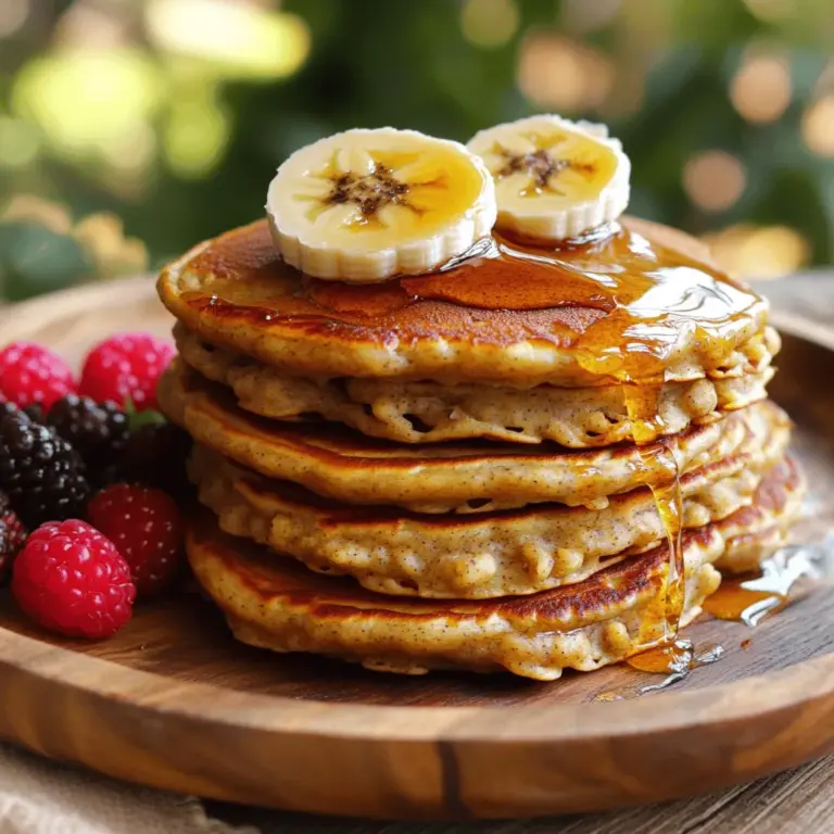 For these pancakes, you need simple items. Here's what you will need: - 1 cup rolled oats - 1 ripe banana (mashed) - 1 cup milk (dairy or non-dairy) - 1 large egg - 1 tablespoon honey (or maple syrup) - 1 teaspoon baking powder - 1/2 teaspoon cinnamon - 1/4 teaspoon salt - 1 teaspoon vanilla extract - Cooking oil or butter for frying These ingredients work well together. The oats give the pancakes heartiness. The banana adds natural sweetness and moisture. Milk makes the batter smooth. The egg helps bind the mixture. Honey or maple syrup boosts the flavor. You can add fun extras to your pancakes. Here are some ideas: - Chopped nuts (like walnuts or pecans) - Chocolate chips - Fresh berries (like blueberries or strawberries) - Shredded coconut - A spoonful of nut butter Adding any of these gives the pancakes a unique twist. You can mix them into the batter or sprinkle them on top. If you have specific dietary needs, you can adjust the recipe. Here are some easy swaps: - Use gluten-free oats for a gluten-free version. - Replace the egg with a flaxseed meal or chia seed mixture for a vegan option. - Choose almond milk or oat milk for a dairy-free choice. - Swap honey for agave syrup if you want a vegan sweetener. These substitutions let everyone enjoy the pancakes. You can make them fit your diet while keeping them tasty. For the full recipe, check out the details above. To start, grab 1 cup of rolled oats. Place them in a blender or food processor. Pulse them until they look like flour. This step makes a great base for our pancakes. Once done, transfer the oat flour to a mixing bowl. Next, it's time to mix! Add the following ingredients to the bowl: - 1 ripe banana (mashed) - 1 cup milk (dairy or non-dairy) - 1 large egg - 1 tablespoon honey (or maple syrup) - 1 teaspoon baking powder - 1/2 teaspoon cinnamon - 1/4 teaspoon salt - 1 teaspoon vanilla extract Mix everything until just combined. The batter should feel slightly thick. Don't overmix; a few lumps are okay. Now, preheat a non-stick skillet or griddle over medium heat. Lightly grease it with cooking oil or butter. Pour 1/4 cup of batter onto the skillet for each pancake. Cook until bubbles form on the surface and the edges look set, about 2-3 minutes. Flip the pancakes carefully. Cook for another 2-3 minutes on the other side until they turn golden brown. Remove the pancakes and keep them warm. Repeat this until you cook all the batter. For the full recipe, check out the full section above. Enjoy your delicious banana oatmeal pancakes! To get the best texture, blend your oats well. Aim for a fine flour. This helps the pancakes rise and stay fluffy. Mix the wet and dry ingredients gently. Over-mixing can make pancakes tough. Let the batter rest for a few minutes. This allows the oats to absorb the liquid. Your pancakes will turn out soft and tender. One common mistake is using too much liquid. If your batter is thin, the pancakes will spread too much. Another mistake is cooking on high heat. This can burn the outside while leaving the inside raw. Always cook on medium heat. Lastly, don't forget to grease your pan. This prevents sticking and helps the pancakes cook evenly. Serve your pancakes warm for the best taste. Stack them high on a plate. Drizzle with honey or maple syrup for sweetness. Fresh fruit like banana slices or berries adds color and flavor. Sprinkle some cinnamon on top for an extra touch. Enjoy your pancakes with a side of yogurt for creaminess. For the full recipe, check the section above. {{image_2}} You can make gluten-free banana oatmeal pancakes easily. Just use certified gluten-free oats. This ensures no gluten mixes in, making them safe for those with gluten sensitivities. The oats provide a great texture. They will still taste delicious and fluffy. To make a vegan version, swap the egg with a flax egg. Mix one tablespoon of ground flaxseed with three tablespoons of water. Let it sit for five minutes to thicken. You can also use plant-based milk, like almond or oat milk. This way, everyone can enjoy these tasty pancakes. You can add fun flavors to your pancakes. Try mixing in chocolate chips for a sweet treat. Blueberries also work great; they burst with juice when you cook them. You can even experiment with spices, like nutmeg or cardamom. These simple changes can bring new excitement to your breakfast. For the full recipe, check out the previous section. To keep your leftover pancakes fresh, let them cool first. Place them in a stack on a plate. Cover the stack with plastic wrap or foil. You can also keep them in an airtight container. Store them in the fridge for up to three days. This way, they stay soft and tasty. When you want to eat your leftover pancakes, you have a few good options. The microwave is quick. Just place pancakes on a plate and heat for about 30 seconds. You can also use a toaster or toaster oven. This method makes them crispy! For the best taste, reheat them on a skillet over low heat for about two minutes on each side. To freeze pancakes, make sure they are fully cooled. Place a piece of parchment paper between each pancake. This prevents them from sticking together. Then, put them in a freezer bag or container. Be sure to remove as much air as possible. You can freeze them for up to two months. When you're ready to eat, just reheat them straight from the freezer. Enjoy these delicious banana oatmeal pancakes anytime! For the full recipe, check out the earlier section. Yes, you can make these pancakes without eggs. To replace one egg, use 1/4 cup of unsweetened applesauce or mashed banana. Both options keep the pancakes moist and add natural sweetness. If you use applesauce, the flavor stays mild. If you use banana, the flavor gets a bit stronger. Each option works well and gives you a tasty pancake. To make these pancakes healthier, consider these tips: - Use whole-grain oats instead of regular oats for more fiber. - Swap honey for a natural sweetener like stevia or use less sweetener. - Add in some chia seeds or flaxseeds for extra nutrients. - Use almond milk or oat milk instead of regular milk for fewer calories. These changes help you enjoy a delicious meal that fits a healthier diet. The best toppings for Banana Oatmeal Pancakes include: - Fresh sliced bananas - A drizzle of honey or maple syrup - A sprinkle of cinnamon or nutmeg - Chopped nuts like walnuts or pecans - A dollop of yogurt - Fresh berries like strawberries or blueberries These toppings add flavor and color, making your pancakes even more enjoyable. You can mix and match for a fun experience! For the complete recipe, refer to the Full Recipe section. Banana oatmeal pancakes are easy, tasty, and healthy. We covered key ingredients and add-ins, plus tips for the best texture. I shared step-by-step instructions to help you cook perfect pancakes every time. You can also try variations to fit your needs. Lastly, storing pancakes is simple for later use. Whether you enjoy them warm from the skillet or as a meal prep option, these pancakes will satisfy. Enjoy your delicious creations today!