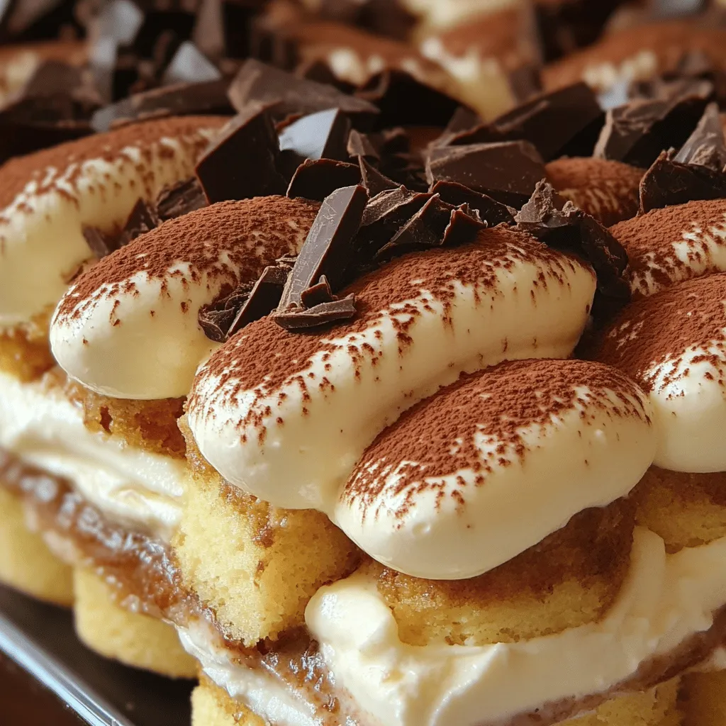 - 1 cup strong brewed coffee, cooled - 1 tablespoon cocoa powder (for dusting) - 24 ladyfinger cookies - 1 cup mascarpone cheese - 1 cup heavy whipping cream - 1/2 cup powdered sugar - 1 teaspoon vanilla extract - 2 tablespoons coffee extract (for extra flavor) - Dark chocolate shavings for garnish (optional) Choosing the right coffee Use strong coffee for the best flavor. Brew a fresh cup and let it cool. Avoid instant coffee as it lacks depth. A dark roast works great, adding richness to your dessert. Substituting mascarpone cheese If you can't find mascarpone, use cream cheese. Soften it first to blend smoothly. Mix in a bit of sour cream for a similar taste. This swap keeps the creamy texture without losing flavor. You can find the Full Recipe to guide you through the steps. Enjoy crafting this delightful dessert! To start, gather your tools and equipment. You will need a mixing bowl, a shallow dish, and a spatula. A whisk or mixer is great for whipping cream. You will also need a rectangular or square dish for layering your tiramisu. The layers of this dessert are simple. You will have soaked ladyfingers and a creamy mascarpone mixture. This creates a delightful contrast in texture and taste. First, brew one cup of strong coffee and let it cool. In a shallow dish, mix the cooled coffee with coffee extract. This mixture adds depth to the flavor. Set it aside for later use. In a mixing bowl, whip one cup of heavy cream until soft peaks form. This step is key for a light texture. Gradually add in half a cup of powdered sugar and one teaspoon of vanilla extract. Keep whipping until stiff peaks form. In another bowl, gently fold one cup of mascarpone cheese into the whipped cream mixture. Mix until it is smooth and well combined. This will be the creamy filling that balances the coffee flavor. Take the 24 ladyfinger cookies and quickly dip each one into the coffee mixture for about 1-2 seconds. Make sure they are soaked but not soggy. This is crucial to maintain the structure of the layers. Arrange half of the soaked ladyfingers in a single layer at the bottom of your dish. Spread half of the mascarpone mixture over the ladyfingers, ensuring an even layer. Repeat the process with the remaining ladyfingers and mascarpone mixture. This creates a lovely two-layer dessert that is rich and indulgent. Cover the dish with plastic wrap and refrigerate for at least four hours. For best results, let it chill overnight. This lets the flavors meld and the dessert set perfectly. When ready to serve, dust the top with cocoa powder. You can also add dark chocolate shavings for a touch of elegance. Slice and enjoy your no-bake tiramisu! For the full recipe, refer to the earlier section. Achieving the right texture is key for a great tiramisu. You want a creamy mix, smooth but not runny. Fold the mascarpone gently into the whipped cream. This keeps the air in and makes it light. To avoid soggy ladyfingers, dip them quickly in the coffee mixture. A quick 1-2 second soak is enough. If you soak too long, they get mushy. This will ruin your layers. For serving, a clear dish works best. It shows off the lovely layers. You can use a square or rectangular dish. Just make sure it’s deep enough for all the layers. For garnishing, dust the top with cocoa powder. Add some dark chocolate shavings for a touch of flair. You can also place fresh berries on top for color. It makes each serving pop! One common mistake is overwhipping the cream. This can make it grainy. Stop whipping as soon as you see stiff peaks. Another mistake is skipping the chilling step. Chilling allows the flavors to meld. If you skip this, your tiramisu may taste flat. Chill for at least four hours or overnight for the best flavor. For the full recipe, check out the [Full Recipe]. {{image_2}} You can really play with flavors in your no-bake tiramisu. Here are some ideas: - Adding different extracts: Try almond or hazelnut extract for a new twist. Just a teaspoon can change the whole taste! - Incorporating flavored liqueurs: You can add Kahlua or Amaretto for a rich, adult flavor. Just a splash makes it special. Experimenting with flavors is so much fun. You might find a new favorite! If you have dietary needs, you can still enjoy this dessert. - Gluten-free options: Use gluten-free ladyfingers. They work just as well, and you won’t taste the difference. - Vegan adaptations: Replace mascarpone with coconut cream and use a plant-based whipped cream. It’s creamy and delicious! These options let everyone enjoy tiramisu! Serving your tiramisu in different ways can add a fun touch. Here are some ideas: - Mini Tiramisu cups: Layer the ingredients in small cups. They are cute and perfect for parties. - Tiramisu parfaits: Alternate layers in a glass with fruit or other flavors. This adds color and makes it unique. These serving ideas can make your dessert stand out! For the full recipe, check out the Creamy Coffee Delight Tiramisu. To store no-bake tiramisu, place it in the fridge. Use a tight lid or plastic wrap. This keeps it fresh and stops it from drying out. Avoid touching the surface to keep it smooth. Freezing tiramisu is possible, but it can change the texture. If you want to freeze it, wrap it well. Use plastic wrap and then foil for extra protection. Thaw it in the fridge before serving. No-bake tiramisu lasts about 3 to 4 days in the fridge. Make sure to check for any changes in smell or texture. If it seems off, throw it away. You should not reheat tiramisu. The cream and layers do not hold up well to heat. For serving leftovers, take them straight from the fridge. Add a fresh dusting of cocoa powder for a nice touch. Enjoy your creamy coffee delight! - Can I make no-bake Tiramisu ahead of time? Yes, you can. Make it a day before serving. This lets the flavors blend. It also saves you time. - What can I use instead of ladyfingers? You can use sponge cake or pound cake. Cut them into strips. They will work well in the layers. - Is Tiramisu safe to eat without baking? Yes, Tiramisu is safe to eat. The cream is whipped and chilled. This keeps it fresh and tasty. - What to do if the cream doesn't whip properly? If the cream won’t whip, check if it’s cold. Use cold mixing bowls too. If it is still soft, try again with fresh cream. - How can I fix a runny Tiramisu? For a runny Tiramisu, add more whipped cream. Gently fold it in. Chill it longer to firm it up. For more tasty ideas, check out these links to similar recipes. You can also find video demonstrations on how to make no-bake Tiramisu and other desserts. This will help you get the best results. You now have all the steps to create a delicious no-bake tiramisu. The right ingredients, smart tips, and clear instructions make it simple. Remember to focus on texture and avoid common mistakes. Get creative with flavors and presentation to make it truly yours. Store it properly to enjoy later. Tiramisu is not just dessert; it’s a wonderful experience. Enjoy every bite and share your creation with friends and family. You’ve got this!