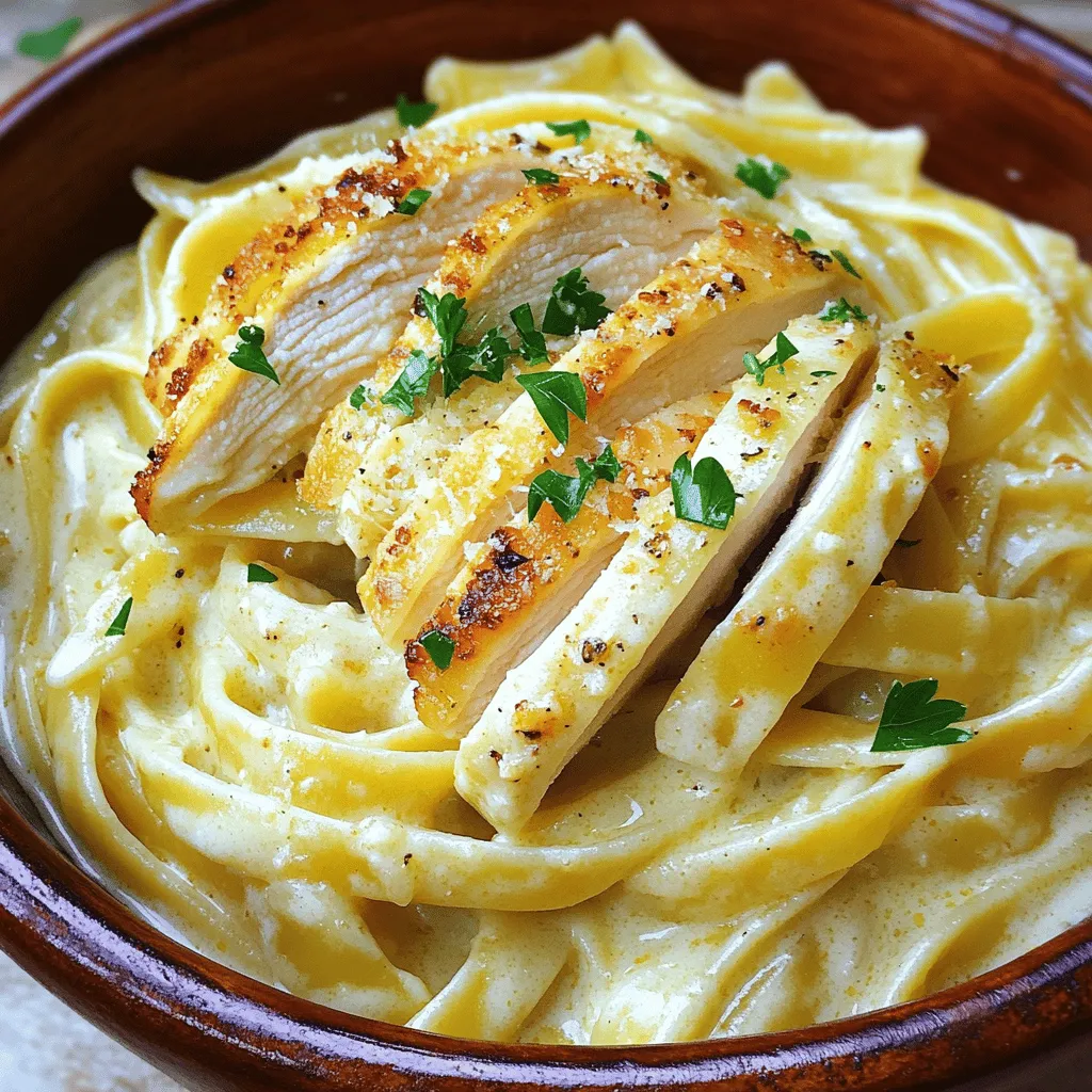 - 2 boneless, skinless chicken breasts - 8 ounces of fettuccine pasta - 4 cloves of garlic, minced - 2 tablespoons olive oil - 1 cup heavy cream - 1 cup grated Parmesan cheese - 1/2 teaspoon dried Italian herbs - Salt and pepper to taste - Fresh parsley for garnish