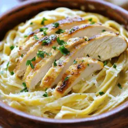 - 2 boneless, skinless chicken breasts - 8 ounces of fettuccine pasta - 4 cloves of garlic, minced - 2 tablespoons olive oil - 1 cup heavy cream - 1 cup grated Parmesan cheese - 1/2 teaspoon dried Italian herbs - Salt and pepper to taste - Fresh parsley for garnish