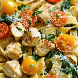 To make Cowboy Butter Chicken Pasta, gather these ingredients: - 8 oz fettuccine or penne pasta - 2 chicken breasts, cubed - 4 tablespoons unsalted butter - 1 tablespoon olive oil - 3 cloves garlic, minced - 1 teaspoon smoked paprika - 1 teaspoon onion powder - 1 teaspoon garlic powder - ½ teaspoon cayenne pepper (adjust for spice preference) - 1 cup heavy cream - 1 cup chicken broth - 1 cup cherry tomatoes, halved - 1 cup spinach, roughly chopped - Salt and pepper to taste - Fresh parsley, chopped (for garnish) - Grated Parmesan cheese (for serving) If you have dietary needs, try these swaps: - Pasta: Use gluten-free pasta for a gluten-free option. - Chicken: Swap chicken with shrimp or tofu for a different protein. - Butter: Use olive oil or vegan butter for a dairy-free version. - Cream: Replace heavy cream with coconut cream for a dairy-free choice. - Spinach: Kale or arugula works great in place of spinach. For the best flavor, pick fresh ingredients: - Chicken: Choose organic or free-range chicken for better taste. - Pasta: Look for high-quality pasta brands that use durum wheat. - Vegetables: Buy local, seasonal produce for freshness. - Spices: Fresh spices enhance flavor. Check expiration dates. - Dairy: Use fresh butter and cheese for richer taste. These tips help ensure your Cowboy Butter Chicken Pasta shines on the plate. For the full recipe, check the detailed instructions. 1. Cook the Pasta: Start by filling a large pot with salted water. Bring it to a boil. Add 8 oz of fettuccine or penne pasta. Cook until al dente, as per the package instructions. Drain the pasta and keep ½ cup of the pasta water for later. 2. Sauté the Chicken: In a large skillet over medium-high heat, heat 1 tablespoon of olive oil and 2 tablespoons of unsalted butter. Add 2 cubed chicken breasts. Season with salt, pepper, smoked paprika, onion powder, garlic powder, and cayenne pepper. Cook for about 6-8 minutes until browned and cooked through. Take the chicken out and set aside. 3. Make the Cowboy Butter Sauce: In the same skillet, lower the heat to medium. Add the remaining 2 tablespoons of butter. Once melted, add 3 minced garlic cloves. Sauté for about 30 seconds until fragrant. Pour in 1 cup of chicken broth and let it simmer for 2-3 minutes. 4. Add Cream and Vegetables: Stir in 1 cup of heavy cream. Let the sauce simmer for another 2-3 minutes until it thickens. Toss in 1 cup of halved cherry tomatoes and 1 cup of chopped spinach. Cook until the tomatoes soften and the spinach wilts, about 2-3 minutes. 5. Combine Everything: Add the cooked chicken back to the skillet. Mix well. Stir in the cooked pasta and reserved pasta water. Toss everything together until well coated. Cook for another minute or two to heat through. Adjust seasoning with salt and pepper to taste. 6. Serve: Plate the pasta. Sprinkle fresh chopped parsley on top. Grate Parmesan cheese over each serving. - Prep Time: 10 minutes - Cook Time: 20 minutes - Total Time: 30 minutes - Use fresh ingredients for the best flavor. - Don't overcook the pasta; it should be al dente for a nice bite. - Reserve pasta water helps to adjust the sauce thickness. - Add spinach last; it wilts quickly and keeps its bright color. - Use high-quality butter for rich taste. To make the Cowboy Butter sauce shine, follow these tips: - Use fresh garlic. Fresh garlic gives the best flavor. Mince it just before cooking. - Control the heat. Keep the heat at medium to avoid burning the butter and garlic. - Simmer gently. Let the sauce simmer slowly. This helps the flavors blend well. - Adjust creaminess. If you want a richer sauce, add a bit more heavy cream. Avoid these common mistakes to ensure a tasty meal: - Overcooking the pasta. Cook it just until al dente. This keeps it firm and prevents mushiness. - Not seasoning enough. Make sure to season the chicken and sauce well with salt and pepper. - Skipping the pasta water. The reserved pasta water helps the sauce cling to the noodles. - Rushing the sauce. Let it simmer long enough to thicken and develop flavors. Pair your Cowboy Butter Chicken Pasta for a delightful meal: - Serve with garlic bread. It complements the butter sauce and adds crunch. - Add a side salad. A fresh salad balances the richness of the pasta. - Try a white wine. A crisp Sauvignon Blanc enhances the flavors of the dish. - Garnish with herbs. Fresh parsley not only adds color but also freshens the taste. For the complete Cowboy Butter Chicken Pasta recipe, check the Full Recipe. Enjoy making this flavorful dinner delight! {{image_2}} You can easily switch proteins in this dish. Shrimp adds a nice twist. Cook it in the same way as chicken. Just be careful not to overcook shrimp; it cooks fast! Tofu is another great option. Use firm tofu, and pan-fry it to get a crispy edge. Both options keep the dish flavorful and fun. While fettuccine or penne works best, you can try other pastas too. Bowtie pasta, or farfalle, looks pretty on the plate. Rotini holds sauce well, making each bite tasty. Spaghetti is classic and always a hit. Feel free to experiment and find your favorite! To make this dish vegan, swap chicken for chickpeas or lentils. Use a plant-based cream for the sauce. For gluten-free, choose gluten-free pasta. Both changes keep the flavors intact. You won't miss the meat or gluten at all! Enjoy these twists on a classic dish. To keep your Cowboy Butter Chicken Pasta fresh, store it in an airtight container. Make sure it cools down to room temperature first. This helps prevent condensation inside the container. You can keep it in the fridge for up to three days. If you want to enjoy it later, freezing is also an option. When reheating, I recommend using the stove instead of the microwave. Place the pasta in a skillet over medium heat. Add a splash of chicken broth or water to help restore moisture. Stir gently until heated through. This method keeps the sauce creamy and tasty. Avoid high heat, as it can dry out the dish. If you plan to freeze your Cowboy Butter Chicken Pasta, do so within two days of cooking. Use a freezer-safe container and leave some space for expansion. It can last for up to three months in the freezer. When ready to eat, thaw it overnight in the fridge before reheating. This helps maintain the best flavor and texture. For the full recipe, check out the complete cooking instructions above. Cowboy Butter is a rich, flavorful sauce that combines butter with spices. It adds a creamy, savory taste to the pasta. The blend of garlic, smoked paprika, and cayenne pepper gives the sauce a kick. This sauce coats the chicken and pasta, making every bite delicious. Using this sauce in the Cowboy Butter Chicken Pasta brings warmth and depth to the dish. It makes the meal feel cozy and satisfying. Yes, you can prepare Cowboy Butter Chicken Pasta ahead of time. Cook the pasta and chicken, then mix them with the sauce. Store everything in an airtight container. Keep it in the fridge for up to three days. When ready to eat, reheat it slowly on the stove or in the microwave. You may need to add a splash of chicken broth or cream to keep it creamy. Making it ahead saves time and makes dinner quick and easy. Great sides for Cowboy Butter Chicken Pasta include: - Garlic bread - Steamed broccoli - Caesar salad - Grilled corn on the cob - Roasted asparagus These sides add color and crunch to your meal. They also balance the rich flavors of the pasta. You can mix and match these sides to suit your taste. Enjoy your meal! For the Full Recipe, check the details above. In this post, we explored how to make Cowboy Butter Chicken Pasta. We covered every detail, from ingredients to cooking steps. I shared tips to avoid common mistakes and offered ways to adapt the dish for different diets. Cooking can be fun and rewarding. With the right ingredients and techniques, you can create a delicious meal. Enjoy your cooking journey, and know that your efforts will pay off with great taste! Keep experimenting and sharing this dish with others.