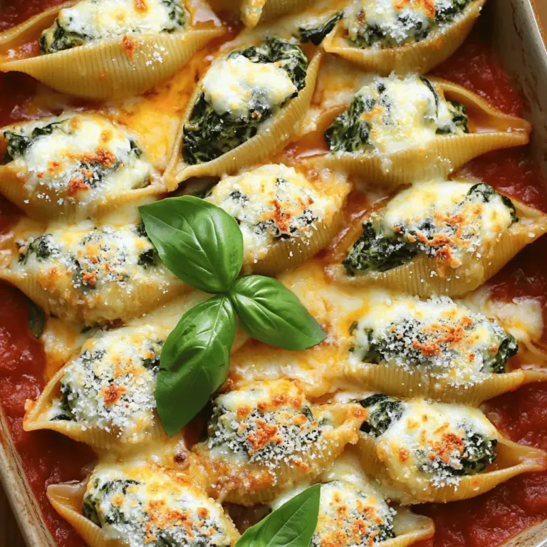 To create the perfect cheesy spinach stuffed shells, gather these simple ingredients: - 20 jumbo pasta shells - 2 cups fresh spinach, chopped - 1 cup ricotta cheese - 1 cup mozzarella cheese, shredded - 1/2 cup grated Parmesan cheese - 1 large egg - 1 teaspoon garlic powder - 1 teaspoon Italian seasoning - Salt and pepper to taste - 2 cups marinara sauce - Fresh basil leaves for garnish Each ingredient plays a key role in making this dish rich and flavorful. The jumbo shells are perfect for holding the creamy filling. Fresh spinach adds a pop of color and nutrition. Ricotta and mozzarella cheeses create that luscious, gooey texture we crave. Parmesan gives it a savory kick that ties everything together. The egg helps bind the filling, ensuring it stays put in the shells. Garlic powder and Italian seasoning bring warmth and depth. Salt and pepper enhance all the flavors, while marinara sauce adds a tangy base. Finally, fresh basil leaves not only add flavor but also a beautiful garnish. To find the full recipe for this delightful dish, check out the [Full Recipe]. - Set your oven to 375°F (190°C). - Grab a 9x13-inch baking dish and lightly coat it with cooking spray. - Fill a large pot with water and add salt. - Bring the water to a rolling boil and add the jumbo pasta shells. - Cook for 8 to 10 minutes until they are al dente. - Drain the shells and place them on a baking sheet to cool. - In a medium bowl, mix the chopped spinach, ricotta cheese, half of the mozzarella cheese, Parmesan cheese, egg, garlic powder, Italian seasoning, and salt and pepper. - Stir the mixture well until it’s smooth and creamy. - Take each shell and spoon the cheese and spinach mix inside. - Fill each shell generously but do not overstuff. This helps avoid spills while baking. - Spread a thin layer of marinara sauce on the bottom of your baking dish. - Place the stuffed shells in a single layer on top of the sauce. - Pour the remaining marinara sauce over the shells and sprinkle the rest of the mozzarella cheese on top. - Cover the dish with aluminum foil. - Bake for 20 minutes, then remove the foil and bake for another 10 to 15 minutes. - Check if the cheese is bubbly and slightly golden before taking it out. This recipe gives you a filling and tasty meal. You can find the full recipe to make these cheesy spinach stuffed shells in the earlier sections. Enjoy your cooking! To make sure your cheesy spinach stuffed shells turn out great, follow these tips. - Avoiding sogginess: Use a good amount of marinara sauce, but don’t drown the shells. A layer on the bottom keeps them moist and helps with cooking. If shells sit too long in the sauce, they can become mushy. - Ensuring even cooking: Spread the stuffed shells in a single layer in the baking dish. This allows the heat to reach every shell. Cover the dish with foil for the first part of baking. This helps steam the shells and keeps them tender. Having the right tools makes cooking easier and more fun. - Top tools for successful preparation: A large pot for boiling pasta is key. A mixing bowl helps combine your filling. A good spoon will help you stuff the shells without breaking them. - Importance of a good baking dish: A sturdy baking dish, like a 9x13-inch pan, helps with even heat. Glass or ceramic dishes are perfect for this recipe. They hold heat well and look great when serving. Pair your cheesy spinach stuffed shells with tasty sides and drinks for a complete meal. - Side dish options: A simple green salad brightens the plate. Garlic bread adds a nice crunch. Roasted veggies also work well and bring extra flavor. - Wine pairings: A light white wine, like Pinot Grigio, pairs nicely with the rich flavors. If you prefer red, try a light Chianti. Both will complement the meal well. Enjoy making these cheesy spinach stuffed shells! For the full recipe, check out the details above. {{image_2}} You can switch up the cheese in your Cheesy Spinach Stuffed Shells. Try using cottage cheese or feta for a new taste. Both options add a nice twist without losing creaminess. Want to add protein? Cooked chicken or ground turkey works well. Just chop or crumble it into the filling. This makes the dish heartier and more filling. To add extra flavor, consider mixing in herbs like parsley or dill. A bit of red pepper flakes can also provide a nice kick. Just a pinch can transform the dish into something special. You can also add vegetables. Chopped mushrooms or bell peppers blend well. These options boost nutrition and add color to your dish. If you need a gluten-free version, use gluten-free jumbo shells. They cook and taste great, just like regular pasta. You can find them in many grocery stores. To keep the flavors, use a gluten-free marinara sauce. Many brands offer tasty options without gluten. This way, you can enjoy your Cheesy Spinach Stuffed Shells without worry. For the full recipe to guide you through these variations, check the [Full Recipe]. To keep your cheesy spinach stuffed shells fresh, store them correctly. If you plan to eat them within a few days, refrigeration is best. Here’s how: - Refrigeration Tips: Allow the shells to cool completely. Place them in an airtight container. They will stay fresh for about 3 to 5 days in the fridge. Always check for any off smells or changes in color before eating. - Freezing Instructions: For longer storage, freeze the shells. Wrap them tightly in plastic wrap or foil before placing them in a freezer-safe bag. They can last up to 3 months. Just make sure to label the bag with the date so you know when to use them. Reheating your cheesy spinach stuffed shells can be easy and delicious. You want to bring back that great flavor without drying them out. - Best Methods: The best way to reheat is in the oven. Preheat it to 350°F (175°C). Place the shells in a baking dish and cover them with foil. This keeps moisture in and prevents burning. You can also use a microwave, but the oven gives better results. - Recommended Time & Temperature: If using the oven, heat for about 20 to 25 minutes. For the microwave, start with 2 to 3 minutes on high. Check to see if they are heated through. If not, add a little more time. Knowing how long your cheesy spinach stuffed shells last helps avoid waste. - Fridge: In the fridge, they last about 3 to 5 days. - Freezer: In the freezer, they can last up to 3 months. After that, the taste and texture may change. You can enjoy a delicious meal at any time with these simple storage tips! For the complete recipe, check out the Full Recipe. Yes, you can prepare Cheesy Spinach Stuffed Shells in advance. To do this, cook the shells and make the filling. You can stuff the shells and place them in a baking dish. Cover the dish with plastic wrap and store it in the fridge for up to 24 hours. When you are ready to bake, remove the wrap and add extra sauce if needed. Bake as directed for a warm meal. Cheesy Spinach Stuffed Shells pair well with crisp salad or garlic bread. A light Caesar salad adds a nice crunch and flavor. Roasted vegetables can also be a great side. For a drink, choose a glass of white wine, like Sauvignon Blanc. Its acidity complements the cheesy flavors well. To keep the shells standing, spread a little marinara sauce on the bottom of the dish. This will help them stick. Place the shells close together so they support each other. You can also use crumpled parchment paper to fill gaps. This keeps them upright during baking. Yes, frozen spinach works great in this recipe. Just make sure to thaw it first. Squeeze out any extra water to avoid a soggy filling. Use about 1 cup of thawed spinach in place of fresh. It saves time and still gives you that delicious flavor. Cheesy Spinach Stuffed Shells are a delicious dish with simple steps. We covered all the key ingredients needed, cooking tips, and storage methods. You learned how to create a tasty filling and bake it perfectly. Remember, you can adapt the recipe to your taste. Add different cheeses or proteins as you like. This dish is easy and fun to make, perfect for family dinners. Enjoy your cooking adventure with these tasty shells!