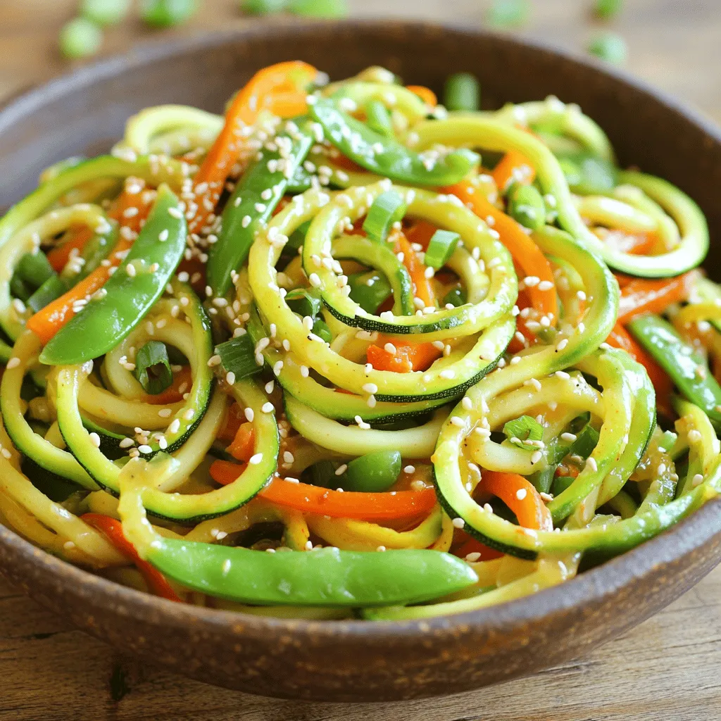 To make a tasty zucchini noodle stir fry, you need these simple ingredients: - 2 medium zucchinis (spiralized) - 1 bell pepper (thinly sliced) - 1 cup snap peas (trimmed) - 1 carrot (julienned) - 3 cloves garlic (minced) - 1 tablespoon fresh ginger (grated) - 2 tablespoons soy sauce (or tamari) - 1 tablespoon sesame oil - 1 teaspoon chili paste - 1 tablespoon sesame seeds (for garnish) - Chopped green onions (for garnish) - Salt and pepper (to taste) These ingredients bring a burst of flavor and crunch to the dish. The spiralized zucchini acts as a low-carb base, while the veggies add color and nutrition. Garlic and ginger provide great flavor, and soy sauce adds saltiness. The chili paste gives a little kick, making every bite exciting. This recipe is not only quick to make but also healthy. You can enjoy it as a main dish or a side. For the full recipe, you can check the details above. - Spiralizing zucchinis: Use a spiralizer to turn the zucchinis into noodles. This tool makes it easy. Aim for thin strands to cook quickly. - Julienne the carrot: Take a sharp knife and cut the carrot into thin strips. This will help it cook evenly. - Slicing the bell pepper: Cut the bell pepper into thin slices. Any color works well and adds a pop of color. - Heating the skillet with sesame oil: Heat a large skillet over medium-high heat. Add sesame oil and let it warm up. This oil adds a nutty flavor. - Sautéing garlic and ginger: Once the oil is hot, add minced garlic and grated ginger. Cook for about 30 seconds. The aroma will fill your kitchen! - Adding vegetables and stirring: Toss in the bell pepper, carrot, and snap peas. Stir-fry for 3-4 minutes. You want them to be crisp and bright. - Incorporating zucchini noodles and sauces: Gently add the zucchini noodles to the pan. Pour in soy sauce and chili paste. Mix well to coat everything. - Tossing ingredients together: Stir everything for 2-3 minutes. Be careful not to overcook the zucchini. You want them tender but not mushy. - Final seasoning adjustments: Taste and add salt and pepper as needed. This is your chance to fine-tune the flavors. Enjoy your fresh, vibrant dish! For the full recipe, check out the details above. When you sauté vegetables, heat the pan first. Use medium-high heat for the best results. Add sesame oil and let it shimmer. This step helps seal in the flavors. To avoid mushy zucchini noodles, be quick. Add them last and cook for just a few minutes. They need to stay firm. Overcooking makes them watery. Keep an eye on them, and stir gently. For a tasty stir fry, use soy sauce and sesame oil. They bring depth to your dish. Fresh ginger and garlic add a kick. If you want to change things up, try different sauces. Teriyaki or sweet chili sauce can add a new twist. You can also use coconut aminos for a gluten-free option. Garnish your dish with sesame seeds and chopped green onions. They add color and texture. A sprinkle of sesame seeds makes it look gourmet. Serve your stir fry in a big bowl. This makes it inviting. Pair it with rice or quinoa for a fuller meal. For the full recipe, check out the Zesty Zucchini Noodle Stir Fry. {{image_2}} You can easily add protein to your zucchini noodle stir fry. Chicken and tofu are great options. For chicken, use thin strips and cook them first. Add them back when the veggies are nearly done. For tofu, press it to remove water, then cut it into cubes. Sauté it until golden brown before mixing in the veggies. This gives a nice texture and flavor. You can also try shrimp or tempeh for different tastes. Feel free to customize based on what you like or have at home. Zucchini noodles are just the start. You can include other veggies to make it colorful and nutritious. Bell peppers, carrots, and snap peas work well. But don’t stop there! Use broccoli, mushrooms, or bok choy. Seasonal choices like asparagus in spring or sweet corn in summer add freshness. The more variety, the more fun your dish will be. You can twist your stir fry with different cuisines. For an Asian flair, add soy sauce, sesame oil, and a bit of chili paste. Try adding peanuts or cashews for crunch. For a Mediterranean style, swap soy sauce for olive oil and lemon juice. Add olives and artichokes for a tasty twist. Both styles keep it exciting and flavorful. For the complete recipe, check out the [Full Recipe]. To keep your zucchini noodle stir fry fresh, store leftovers in airtight containers. Glass containers work well as they keep food safe and fresh. Make sure to cool the stir fry before sealing. This helps prevent moisture buildup, which can make your dish soggy. Yes, you can freeze zucchini noodles! However, it’s best to freeze them raw. Cooked noodles can lose their texture. To freeze, place the raw noodles in freezer bags, removing as much air as possible. When you’re ready to use them, thaw in the fridge overnight. Reheat them in a skillet over medium heat for the best results. Zucchini noodle stir fry lasts about three to four days in the fridge. Always check for signs of spoilage. If you see any mold or off smells, it’s best to throw it out. Fresh ingredients lead to a better tasting dish, so always prioritize quality. To make zucchini noodles, you need to spiralize the zucchini. This turns it into thin strands, much like spaghetti. You can easily do this with a spiralizer. They come in different styles, from handheld to countertop models. You can also use a vegetable peeler or knife, but that takes more time. Zucchini noodle stir fry is low in calories and high in nutrients. On average, one serving has around 100-150 calories. Zucchini is rich in vitamins A and C, potassium, and fiber. This dish is a great alternative to regular noodles, which can be high in carbs. Zucchini noodles have fewer carbs and more vitamins. Yes, you can prepare some ingredients ahead of time. Spiralize the zucchinis and chop other veggies a day before. Store them in airtight containers in the fridge. When you’re ready to cook, just heat up your pan and add everything. If you reheat it, do so gently to keep the noodles from getting mushy. This will help maintain their texture and flavor. For the full recipe, check out the Zesty Zucchini Noodle Stir Fry 🥒. Zucchini noodle stir fry is simple and fun to make. You saw how to prepare colorful veggies and add flavor with soy sauce and sesame oil. Remember, you can customize this dish with different proteins and spices. Storage tips help you enjoy leftovers or make meals ahead of time. In the end, this dish is fresh, healthy, and tasty. Give it a try, and you’ll find it's full of flavor and good for you!