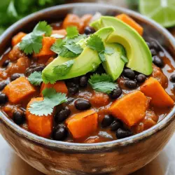 For a great pot of Sweet Potato and Black Bean Chili, gather these items: - 2 medium sweet potatoes, peeled and diced - 1 can (15 oz) black beans, rinsed and drained - 1 can (14 oz) diced tomatoes (with juice) - 1 large onion, chopped - 3 cloves garlic, minced - 1 red bell pepper, chopped - 1 green bell pepper, chopped - 2 cups vegetable broth - 2 tablespoons olive oil - 1 tablespoon chili powder - 1 teaspoon cumin - 1 teaspoon smoked paprika - 1/2 teaspoon cinnamon - Salt and pepper to taste - Fresh cilantro, for garnish - Avocado and lime wedges, for serving This chili is not only tasty but also packed with nutrients. Each serving provides: - Calories: 220 - Protein: 9g - Carbohydrates: 37g - Dietary Fiber: 10g - Fat: 5g - Sugars: 6g Sweet potatoes and black beans are full of health perks. Here are a few: - Sweet Potatoes: They are high in beta-carotene, which is good for your eyes. They also help with digestion due to their fiber. - Black Beans: These beans are great for your heart. They have protein and iron, which can help keep you strong. - Vegetables: Onions and peppers add vitamins and antioxidants, boosting your overall health. - Spices: Chili powder and cumin can help with digestion and may reduce inflammation. This chili is a tasty way to eat well and feel good. For the full recipe, check out the [Full Recipe]. Start by peeling and dicing the sweet potatoes. Aim for uniform pieces for even cooking. Next, chop the onion and bell peppers. Mince the garlic cloves. You want all vegetables to be ready before cooking. This helps the process flow smoothly. In a large pot or Dutch oven, heat the olive oil over medium heat. Add the chopped onion and garlic first. Sauté for about 3-4 minutes until they smell great and turn soft. Then, stir in the red and green bell peppers. Cook them for about 5 minutes until they soften slightly. Next, sprinkle in the chili powder, cumin, smoked paprika, and cinnamon. Stir well to coat the vegetables with spices. Cook for another 2 minutes to boost the flavor. Now, mix in the diced sweet potatoes and the can of diced tomatoes with juice. Stir everything together, ensuring the sweet potatoes are well combined. Pour in the vegetable broth and add the black beans. Don’t forget to season with salt and pepper to taste. Stir everything together once more. Bring the mix to a boil, then reduce the heat to low. Cover the pot and let the chili simmer for about 20-25 minutes. Stir occasionally until the sweet potatoes are tender. After simmering, taste your chili. Adjust the seasoning if needed. If it seems too thick, you can add more vegetable broth to reach your desired consistency. When it’s ready, ladle the chili into bowls. Garnish with fresh cilantro. You can serve it with avocado slices and lime wedges on the side for extra flavor. Enjoy your delicious Sweet Potato and Black Bean Chili! For the full recipe, check the section above. To boost the flavor of your chili, use fresh herbs. Fresh cilantro adds a nice touch. You can also add a splash of lime juice just before serving. This lifts the flavors and gives it a fresh taste. Consider using smoked salt for a unique twist. It adds depth to the dish. When cooking sweet potatoes, cut them into uniform pieces. This helps them cook evenly. Peel them before dicing for a smoother texture. If you want a sweeter flavor, roast them first. Roasting caramelizes their natural sugars. It makes them taste even better in the chili. Serve your chili hot in a bowl. Top it with fresh cilantro for color and flavor. Add slices of avocado for creaminess. Lime wedges bring brightness and balance to the dish. You can also serve it with warm bread or rice for a hearty meal. For extra fun, try it with tortilla chips on the side. Enjoy this tasty dish with family and friends! {{image_2}} You can easily make this chili vegetarian or vegan. The recipe already uses black beans and sweet potatoes, which are great sources of protein. Feel free to skip the meat entirely. You can also use vegetable broth instead of chicken broth for a fully vegan dish. If you want extra protein, add lentils or quinoa. These will blend well and add texture. If you love heat, try adding jalapeños or chili flakes. You can chop fresh jalapeños and sauté them with the onions and garlic. For extra spice, consider using cayenne pepper in the spice mix. Adjust the amount to fit your taste. Remember, you can always add more heat, but it’s hard to take it away once it’s in. You don’t have to stick to black beans. You can swap them for kidney beans or pinto beans. Each type offers a different flavor and texture. For vegetables, try adding corn, zucchini, or carrots. They will enhance the dish's color and taste. Feel free to mix and match your favorite ingredients. This chili is very flexible, so make it your own. For more details, check out the Full Recipe. After you enjoy your chili, let it cool down. Transfer any leftovers into an airtight container. Store it in the fridge for up to five days. This keeps the flavors fresh. If you want to keep it longer, freezing is a great option. To reheat, you can use the microwave or the stove. If using the microwave, place your portion in a bowl. Cover it loosely and heat for about two minutes. Stir halfway through to ensure even heating. For the stove, pour the chili into a pot and heat over medium heat. Stir occasionally until hot. To freeze, place the cooled chili in a freezer-safe container. Leave some space at the top, as the chili will expand. It can stay frozen for up to three months. When ready to eat, thaw it in the fridge overnight. Then, reheat it on the stove or in the microwave. Enjoy the flavors like fresh! For the full recipe, check out Sweet Potato & Black Bean Chili. Yes, you can make this chili in a slow cooker. Start by sautéing the onions and garlic in a pan. Then, add all ingredients, including the sweet potatoes and spices, to the slow cooker. Cook on low for 6 to 8 hours or on high for 3 to 4 hours. This method lets the flavors blend beautifully. You will enjoy a warm and hearty meal. If your chili is too watery, there are a few easy ways to thicken it. First, let it simmer longer with the lid off. This lets steam escape and reduces the liquid. You can also mash some sweet potatoes in the chili for a thicker texture. Another option is to mix in a cornstarch slurry. Just combine 1 tablespoon of cornstarch with 2 tablespoons of water, stir it in, and heat until thick. Each method works well, so choose what suits you best. You can serve this chili with many tasty sides. Here are some ideas: - Cornbread: Its sweetness pairs well with the chili's spice. - Rice: White or brown rice makes a filling base. - Tortilla chips: Perfect for dipping and adds crunch. - Avocado: Sliced avocado adds creaminess and flavor. - Fresh cilantro: Use it as a garnish for a fresh touch. These sides enhance your meal and make it even more enjoyable. For the full recipe, check out the detailed instructions above. This blog post covered key ingredients, cooking steps, and tips for Sweet Potato and Black Bean Chili. I shared nutritional info and health benefits to help you choose wisely. You learned how to make it tasty, store it well, and explore fun variations. Remember, cooking is about enjoyment and creativity. Feel free to tweak recipes. Your version of this chili can be unique and full of flavor. Happy cooking!