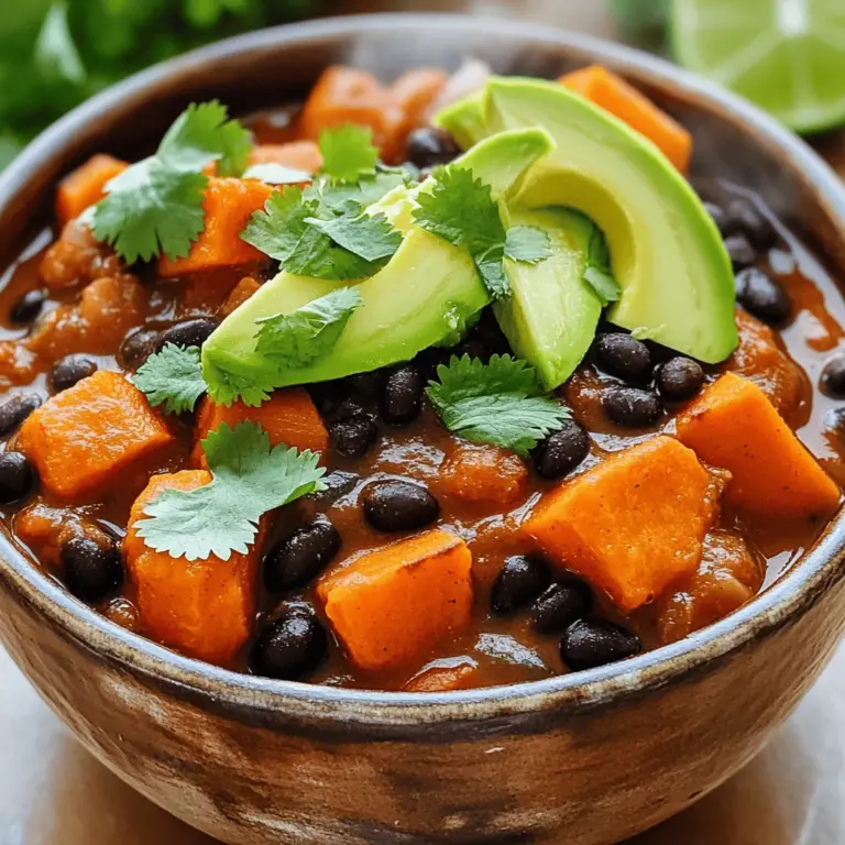 For a great pot of Sweet Potato and Black Bean Chili, gather these items: - 2 medium sweet potatoes, peeled and diced - 1 can (15 oz) black beans, rinsed and drained - 1 can (14 oz) diced tomatoes (with juice) - 1 large onion, chopped - 3 cloves garlic, minced - 1 red bell pepper, chopped - 1 green bell pepper, chopped - 2 cups vegetable broth - 2 tablespoons olive oil - 1 tablespoon chili powder - 1 teaspoon cumin - 1 teaspoon smoked paprika - 1/2 teaspoon cinnamon - Salt and pepper to taste - Fresh cilantro, for garnish - Avocado and lime wedges, for serving This chili is not only tasty but also packed with nutrients. Each serving provides: - Calories: 220 - Protein: 9g - Carbohydrates: 37g - Dietary Fiber: 10g - Fat: 5g - Sugars: 6g Sweet potatoes and black beans are full of health perks. Here are a few: - Sweet Potatoes: They are high in beta-carotene, which is good for your eyes. They also help with digestion due to their fiber. - Black Beans: These beans are great for your heart. They have protein and iron, which can help keep you strong. - Vegetables: Onions and peppers add vitamins and antioxidants, boosting your overall health. - Spices: Chili powder and cumin can help with digestion and may reduce inflammation. This chili is a tasty way to eat well and feel good. For the full recipe, check out the [Full Recipe]. Start by peeling and dicing the sweet potatoes. Aim for uniform pieces for even cooking. Next, chop the onion and bell peppers. Mince the garlic cloves. You want all vegetables to be ready before cooking. This helps the process flow smoothly. In a large pot or Dutch oven, heat the olive oil over medium heat. Add the chopped onion and garlic first. Sauté for about 3-4 minutes until they smell great and turn soft. Then, stir in the red and green bell peppers. Cook them for about 5 minutes until they soften slightly. Next, sprinkle in the chili powder, cumin, smoked paprika, and cinnamon. Stir well to coat the vegetables with spices. Cook for another 2 minutes to boost the flavor. Now, mix in the diced sweet potatoes and the can of diced tomatoes with juice. Stir everything together, ensuring the sweet potatoes are well combined. Pour in the vegetable broth and add the black beans. Don’t forget to season with salt and pepper to taste. Stir everything together once more. Bring the mix to a boil, then reduce the heat to low. Cover the pot and let the chili simmer for about 20-25 minutes. Stir occasionally until the sweet potatoes are tender. After simmering, taste your chili. Adjust the seasoning if needed. If it seems too thick, you can add more vegetable broth to reach your desired consistency. When it’s ready, ladle the chili into bowls. Garnish with fresh cilantro. You can serve it with avocado slices and lime wedges on the side for extra flavor. Enjoy your delicious Sweet Potato and Black Bean Chili! For the full recipe, check the section above. To boost the flavor of your chili, use fresh herbs. Fresh cilantro adds a nice touch. You can also add a splash of lime juice just before serving. This lifts the flavors and gives it a fresh taste. Consider using smoked salt for a unique twist. It adds depth to the dish. When cooking sweet potatoes, cut them into uniform pieces. This helps them cook evenly. Peel them before dicing for a smoother texture. If you want a sweeter flavor, roast them first. Roasting caramelizes their natural sugars. It makes them taste even better in the chili. Serve your chili hot in a bowl. Top it with fresh cilantro for color and flavor. Add slices of avocado for creaminess. Lime wedges bring brightness and balance to the dish. You can also serve it with warm bread or rice for a hearty meal. For extra fun, try it with tortilla chips on the side. Enjoy this tasty dish with family and friends! {{image_2}} You can easily make this chili vegetarian or vegan. The recipe already uses black beans and sweet potatoes, which are great sources of protein. Feel free to skip the meat entirely. You can also use vegetable broth instead of chicken broth for a fully vegan dish. If you want extra protein, add lentils or quinoa. These will blend well and add texture. If you love heat, try adding jalapeños or chili flakes. You can chop fresh jalapeños and sauté them with the onions and garlic. For extra spice, consider using cayenne pepper in the spice mix. Adjust the amount to fit your taste. Remember, you can always add more heat, but it’s hard to take it away once it’s in. You don’t have to stick to black beans. You can swap them for kidney beans or pinto beans. Each type offers a different flavor and texture. For vegetables, try adding corn, zucchini, or carrots. They will enhance the dish's color and taste. Feel free to mix and match your favorite ingredients. This chili is very flexible, so make it your own. For more details, check out the Full Recipe. After you enjoy your chili, let it cool down. Transfer any leftovers into an airtight container. Store it in the fridge for up to five days. This keeps the flavors fresh. If you want to keep it longer, freezing is a great option. To reheat, you can use the microwave or the stove. If using the microwave, place your portion in a bowl. Cover it loosely and heat for about two minutes. Stir halfway through to ensure even heating. For the stove, pour the chili into a pot and heat over medium heat. Stir occasionally until hot. To freeze, place the cooled chili in a freezer-safe container. Leave some space at the top, as the chili will expand. It can stay frozen for up to three months. When ready to eat, thaw it in the fridge overnight. Then, reheat it on the stove or in the microwave. Enjoy the flavors like fresh! For the full recipe, check out Sweet Potato & Black Bean Chili. Yes, you can make this chili in a slow cooker. Start by sautéing the onions and garlic in a pan. Then, add all ingredients, including the sweet potatoes and spices, to the slow cooker. Cook on low for 6 to 8 hours or on high for 3 to 4 hours. This method lets the flavors blend beautifully. You will enjoy a warm and hearty meal. If your chili is too watery, there are a few easy ways to thicken it. First, let it simmer longer with the lid off. This lets steam escape and reduces the liquid. You can also mash some sweet potatoes in the chili for a thicker texture. Another option is to mix in a cornstarch slurry. Just combine 1 tablespoon of cornstarch with 2 tablespoons of water, stir it in, and heat until thick. Each method works well, so choose what suits you best. You can serve this chili with many tasty sides. Here are some ideas: - Cornbread: Its sweetness pairs well with the chili's spice. - Rice: White or brown rice makes a filling base. - Tortilla chips: Perfect for dipping and adds crunch. - Avocado: Sliced avocado adds creaminess and flavor. - Fresh cilantro: Use it as a garnish for a fresh touch. These sides enhance your meal and make it even more enjoyable. For the full recipe, check out the detailed instructions above. This blog post covered key ingredients, cooking steps, and tips for Sweet Potato and Black Bean Chili. I shared nutritional info and health benefits to help you choose wisely. You learned how to make it tasty, store it well, and explore fun variations. Remember, cooking is about enjoyment and creativity. Feel free to tweak recipes. Your version of this chili can be unique and full of flavor. Happy cooking!