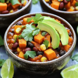 - 2 medium sweet potatoes, peeled and diced - 1 can (15 oz) black beans, rinsed and drained - 1 can (15 oz) kidney beans, rinsed and drained - 1 can (28 oz) crushed tomatoes - 1 cup corn kernels (fresh, frozen, or canned) - 1 medium onion, diced - 3 cloves garlic, minced - 1 red bell pepper, diced - 2 tablespoons chili powder - 1 teaspoon cumin - 1 teaspoon smoked paprika - 1/2 teaspoon cayenne pepper (optional) - 4 cups vegetable broth - 2 tablespoons olive oil - Salt and black pepper to taste - Fresh cilantro and avocado for garnish You need these ingredients for a tasty vegan sweet potato chili. Sweet potatoes are the star here. They add a sweet flavor and creamy texture. Black and kidney beans pack in protein and fiber. The crushed tomatoes provide a rich base for the chili. Use fresh or frozen corn for added sweetness and crunch. The onion, garlic, and red bell pepper will create a nice aroma as they cook. Chili powder, cumin, and smoked paprika give the dish depth. Cayenne pepper adds optional heat, so adjust to your taste. You can also pick vegetable broth that suits your preference. Olive oil helps sauté the veggies. Don't forget salt and black pepper to enhance all the flavors. Top it off with fresh cilantro and avocado for a delicious finish. For the full recipe, check the section above. This chili is not just tasty; it’s healthy too. Each serving has about 250 calories. You get around 45 grams of carbs, 12 grams of protein, and 6 grams of fat. It’s a filling dish that supports a balanced diet. Sweet potatoes are full of vitamins and minerals. They are great for your eyes and skin. Beans provide plant-based protein and fiber, which help with digestion. This chili is a comforting meal that keeps you full. Enjoying it regularly can support your health goals. 1. Heating the oil in a pot: Begin by heating the olive oil in a large pot over medium heat. This step is crucial because it adds flavor to the base of your chili. 2. Sautéing aromatics: Next, add the diced onion and red bell pepper. Sauté them for about 5 minutes until they soften. Add minced garlic in the last minute to avoid burning. 3. Adding sweet potatoes and spices: Stir in the diced sweet potatoes. Cook for an additional 5 minutes. This gives them a head start before you add spices. Now, sprinkle the chili powder, cumin, smoked paprika, and optional cayenne pepper. Mix well to coat the sweet potatoes and veggies with the spices. 1. Combining tomatoes and broth: Pour in the crushed tomatoes and vegetable broth. Stir everything together to mix all the ingredients. 2. Folding in beans and corn: Gently fold in the black beans, kidney beans, and corn kernels. This adds protein and texture to your chili. 3. Simmering the chili: Bring the mixture to a boil, then reduce the heat to low. Cover the pot and let it simmer for 25-30 minutes. Stir occasionally until the sweet potatoes are soft and the chili thickens. 1. Adjusting seasoning: Taste your chili and adjust the seasoning with salt and black pepper as needed. This step enhances all the flavors. 2. Presentation tips: Ladle the chili into bowls. Garnish with fresh cilantro and diced avocado for a vibrant touch. Serve with a lime wedge and some crunchy bread or tortilla chips for a complete meal. Enjoy every flavorful bite! For the complete recipe, check out the full recipe section. To avoid mushy sweet potatoes, cut them into even pieces. This helps them cook evenly. You can also pre-cook them lightly before adding to the chili. For enhancing chili flavors, try toasting the spices first in olive oil. This brings out their natural oils and boosts taste. Adding fresh herbs like cilantro at the end brightens the dish. A squeeze of lime juice also adds a zesty kick. You can swap out beans for chickpeas or lentils if desired. If you prefer other vegetables, add bell peppers, zucchini, or spinach. For spices, try adding oregano or thyme for a new twist. If you need gluten-free options, all beans and vegetables used here are naturally gluten-free. Just ensure your broth is also gluten-free. Using canned ingredients can save you lots of time. Canned beans and tomatoes are quick and easy. If you have fresh produce, prep it ahead of time. Chop sweet potatoes and veggies the night before. Store them in the fridge to make cooking faster. This way, you can enjoy your chili in no time! For the full recipe, check back for details on cooking times and prep steps. {{image_2}} You can change the heat of your vegan sweet potato chili. To make it spicier, add cayenne pepper or chopped jalapeños. Start with a little and taste as you go. If you want more flavor, try adding more spices like paprika or cumin. Fresh herbs like cilantro can also add a nice kick. Feel free to swap out the beans or lentils. You can use chickpeas or black-eyed peas instead. For veggies, add zucchini, carrots, or bell peppers. These swaps make the chili fun and unique. You can also mix and match your favorites to create a personal touch. Serve your chili in a bowl with rice for a hearty meal. You can also enjoy it cold as a salad. Top it with avocado or fresh herbs for extra flavor. If you want a twist, use it as a topping for baked potatoes or nachos. This recipe adapts well to any meal style. For the full recipe, check out the details above. To keep leftover vegan sweet potato chili fresh, store it in an airtight container. This helps prevent spoilage and keeps it tasty. You can safely eat the chili for up to 5 days in the fridge. Make sure to let it cool before sealing the container. This way, it won’t trap heat, which can cause bacteria to grow. You can freeze vegan sweet potato chili for longer storage. Pour the cooled chili into freezer-safe bags or containers. Remove as much air as you can to avoid freezer burn. It can last up to 3 months in the freezer. To reheat, thaw it overnight in the fridge. Heat it on the stove or in the microwave until hot. Stir occasionally to ensure even heating. Meal prep makes life easier. You can divide the chili into single servings for quick meals. Just scoop the desired amount into containers. This is great for lunch or a light dinner. You can also use the chili as a topping for baked potatoes or tacos. It’s versatile and saves time in the kitchen. Can I make this chili in a slow cooker? Yes, you can! Just add all the ingredients to your slow cooker. Cook on low for 6-8 hours or high for 3-4 hours. This makes it easy to enjoy a warm meal after a long day. Is this chili suitable for meal prep? Definitely! This chili stores well in the fridge. You can make a big batch and divide it into containers. It’s perfect for quick lunches or dinners throughout the week. How can I thicken the chili if it's too watery? If your chili is too thin, you can add a few tablespoons of cornmeal or mashed beans. Stir well and let it cook a bit longer. This will help give it a nice, thick texture. Is this recipe gluten-free? Yes, this recipe is gluten-free. All the ingredients, like beans and sweet potatoes, are safe for a gluten-free diet. Just make sure to check any canned goods for gluten-free labels. Can I make it oil-free? Absolutely! You can skip the olive oil. Just sauté the veggies in a little vegetable broth or water instead. It will still taste great without the oil. Recommended pots and pans for the recipe I suggest using a large pot for this chili. A heavy-bottomed pot works best. It helps the chili cook evenly and prevents burning. Tools for chopping and preparation A sharp knife and a cutting board are must-haves. You’ll also need measuring cups and spoons. A can opener is helpful too for the beans and tomatoes. This chili recipe combines diverse ingredients, flavors, and healthy benefits. Sweet potatoes, beans, and spices create a satisfying meal. You can enjoy it with rice or as a chilled salad. Remember to adjust the spice level and try different ingredients for variety. It’s easy to store, freeze, and prepare ahead for quick meals. With these steps and tips, you can make a tasty, versatile dish everyone will love. Keep exploring, and let your creativity shine in your cooking!