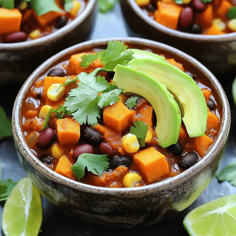 - 2 medium sweet potatoes, peeled and diced - 1 can (15 oz) black beans, rinsed and drained - 1 can (15 oz) kidney beans, rinsed and drained - 1 can (28 oz) crushed tomatoes - 1 cup corn kernels (fresh, frozen, or canned) - 1 medium onion, diced - 3 cloves garlic, minced - 1 red bell pepper, diced - 2 tablespoons chili powder - 1 teaspoon cumin - 1 teaspoon smoked paprika - 1/2 teaspoon cayenne pepper (optional) - 4 cups vegetable broth - 2 tablespoons olive oil - Salt and black pepper to taste - Fresh cilantro and avocado for garnish You need these ingredients for a tasty vegan sweet potato chili. Sweet potatoes are the star here. They add a sweet flavor and creamy texture. Black and kidney beans pack in protein and fiber. The crushed tomatoes provide a rich base for the chili. Use fresh or frozen corn for added sweetness and crunch. The onion, garlic, and red bell pepper will create a nice aroma as they cook. Chili powder, cumin, and smoked paprika give the dish depth. Cayenne pepper adds optional heat, so adjust to your taste. You can also pick vegetable broth that suits your preference. Olive oil helps sauté the veggies. Don't forget salt and black pepper to enhance all the flavors. Top it off with fresh cilantro and avocado for a delicious finish. For the full recipe, check the section above. This chili is not just tasty; it’s healthy too. Each serving has about 250 calories. You get around 45 grams of carbs, 12 grams of protein, and 6 grams of fat. It’s a filling dish that supports a balanced diet. Sweet potatoes are full of vitamins and minerals. They are great for your eyes and skin. Beans provide plant-based protein and fiber, which help with digestion. This chili is a comforting meal that keeps you full. Enjoying it regularly can support your health goals. 1. Heating the oil in a pot: Begin by heating the olive oil in a large pot over medium heat. This step is crucial because it adds flavor to the base of your chili. 2. Sautéing aromatics: Next, add the diced onion and red bell pepper. Sauté them for about 5 minutes until they soften. Add minced garlic in the last minute to avoid burning. 3. Adding sweet potatoes and spices: Stir in the diced sweet potatoes. Cook for an additional 5 minutes. This gives them a head start before you add spices. Now, sprinkle the chili powder, cumin, smoked paprika, and optional cayenne pepper. Mix well to coat the sweet potatoes and veggies with the spices. 1. Combining tomatoes and broth: Pour in the crushed tomatoes and vegetable broth. Stir everything together to mix all the ingredients. 2. Folding in beans and corn: Gently fold in the black beans, kidney beans, and corn kernels. This adds protein and texture to your chili. 3. Simmering the chili: Bring the mixture to a boil, then reduce the heat to low. Cover the pot and let it simmer for 25-30 minutes. Stir occasionally until the sweet potatoes are soft and the chili thickens. 1. Adjusting seasoning: Taste your chili and adjust the seasoning with salt and black pepper as needed. This step enhances all the flavors. 2. Presentation tips: Ladle the chili into bowls. Garnish with fresh cilantro and diced avocado for a vibrant touch. Serve with a lime wedge and some crunchy bread or tortilla chips for a complete meal. Enjoy every flavorful bite! For the complete recipe, check out the full recipe section. To avoid mushy sweet potatoes, cut them into even pieces. This helps them cook evenly. You can also pre-cook them lightly before adding to the chili. For enhancing chili flavors, try toasting the spices first in olive oil. This brings out their natural oils and boosts taste. Adding fresh herbs like cilantro at the end brightens the dish. A squeeze of lime juice also adds a zesty kick. You can swap out beans for chickpeas or lentils if desired. If you prefer other vegetables, add bell peppers, zucchini, or spinach. For spices, try adding oregano or thyme for a new twist. If you need gluten-free options, all beans and vegetables used here are naturally gluten-free. Just ensure your broth is also gluten-free. Using canned ingredients can save you lots of time. Canned beans and tomatoes are quick and easy. If you have fresh produce, prep it ahead of time. Chop sweet potatoes and veggies the night before. Store them in the fridge to make cooking faster. This way, you can enjoy your chili in no time! For the full recipe, check back for details on cooking times and prep steps. {{image_2}} You can change the heat of your vegan sweet potato chili. To make it spicier, add cayenne pepper or chopped jalapeños. Start with a little and taste as you go. If you want more flavor, try adding more spices like paprika or cumin. Fresh herbs like cilantro can also add a nice kick. Feel free to swap out the beans or lentils. You can use chickpeas or black-eyed peas instead. For veggies, add zucchini, carrots, or bell peppers. These swaps make the chili fun and unique. You can also mix and match your favorites to create a personal touch. Serve your chili in a bowl with rice for a hearty meal. You can also enjoy it cold as a salad. Top it with avocado or fresh herbs for extra flavor. If you want a twist, use it as a topping for baked potatoes or nachos. This recipe adapts well to any meal style. For the full recipe, check out the details above. To keep leftover vegan sweet potato chili fresh, store it in an airtight container. This helps prevent spoilage and keeps it tasty. You can safely eat the chili for up to 5 days in the fridge. Make sure to let it cool before sealing the container. This way, it won’t trap heat, which can cause bacteria to grow. You can freeze vegan sweet potato chili for longer storage. Pour the cooled chili into freezer-safe bags or containers. Remove as much air as you can to avoid freezer burn. It can last up to 3 months in the freezer. To reheat, thaw it overnight in the fridge. Heat it on the stove or in the microwave until hot. Stir occasionally to ensure even heating. Meal prep makes life easier. You can divide the chili into single servings for quick meals. Just scoop the desired amount into containers. This is great for lunch or a light dinner. You can also use the chili as a topping for baked potatoes or tacos. It’s versatile and saves time in the kitchen. Can I make this chili in a slow cooker? Yes, you can! Just add all the ingredients to your slow cooker. Cook on low for 6-8 hours or high for 3-4 hours. This makes it easy to enjoy a warm meal after a long day. Is this chili suitable for meal prep? Definitely! This chili stores well in the fridge. You can make a big batch and divide it into containers. It’s perfect for quick lunches or dinners throughout the week. How can I thicken the chili if it's too watery? If your chili is too thin, you can add a few tablespoons of cornmeal or mashed beans. Stir well and let it cook a bit longer. This will help give it a nice, thick texture. Is this recipe gluten-free? Yes, this recipe is gluten-free. All the ingredients, like beans and sweet potatoes, are safe for a gluten-free diet. Just make sure to check any canned goods for gluten-free labels. Can I make it oil-free? Absolutely! You can skip the olive oil. Just sauté the veggies in a little vegetable broth or water instead. It will still taste great without the oil. Recommended pots and pans for the recipe I suggest using a large pot for this chili. A heavy-bottomed pot works best. It helps the chili cook evenly and prevents burning. Tools for chopping and preparation A sharp knife and a cutting board are must-haves. You’ll also need measuring cups and spoons. A can opener is helpful too for the beans and tomatoes. This chili recipe combines diverse ingredients, flavors, and healthy benefits. Sweet potatoes, beans, and spices create a satisfying meal. You can enjoy it with rice or as a chilled salad. Remember to adjust the spice level and try different ingredients for variety. It’s easy to store, freeze, and prepare ahead for quick meals. With these steps and tips, you can make a tasty, versatile dish everyone will love. Keep exploring, and let your creativity shine in your cooking!