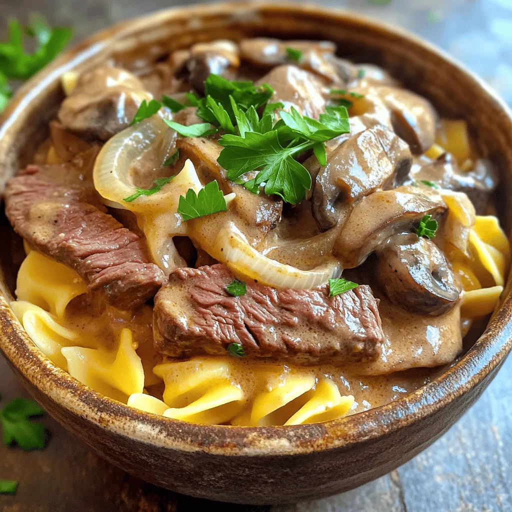 To make a tasty Instant Pot Beef Stroganoff, you need these simple ingredients: - 1 lb (450g) beef sirloin or flank steak, sliced into thin strips - 1 medium onion, diced - 2 cloves garlic, minced - 8 oz (225g) mushrooms, sliced - 1 cup beef broth - 1 tablespoon Worcestershire sauce - 1 teaspoon dried thyme - 1 teaspoon paprika - Salt and pepper to taste - 1 cup sour cream - 2 tablespoons olive oil - 12 oz (340g) egg noodles - Fresh parsley for garnish You can easily swap some ingredients for what you have on hand. For example, if you don’t have beef broth, chicken broth works too. If you want a lighter dish, use chicken or turkey instead of beef. You can also use different types of mushrooms, like cremini or button mushrooms. If you want to make it dairy-free, try using a vegan sour cream. Using fresh and high-quality ingredients makes a big difference in flavor. Fresh beef gives a rich taste that frozen meat can lack. Fresh mushrooms add a nice texture and umami flavor. Also, fresh herbs like parsley brighten up the dish. When you use great ingredients, you elevate the taste of your meal. It shows in every bite! To start, gather your ingredients. This will help you stay organized. First, set your Instant Pot to 'Sauté' mode. Add 2 tablespoons of olive oil. Once hot, add 1 pound of sliced beef sirloin. Season it with salt and pepper. Brown the beef for about 3-4 minutes. Then, remove the beef and set it aside. Next, add 1 medium diced onion to the pot. Sauté it until it turns translucent, about 3 minutes. Then, add 2 minced garlic cloves and 8 ounces of sliced mushrooms. Cook them for another 3-4 minutes until the mushrooms soften. Now, it’s time to deglaze the pot. Pour in 1 cup of beef broth and 1 tablespoon of Worcestershire sauce. Use a wooden spoon to scrape the bottom of the pot. This helps lift all the tasty bits stuck there. Return the browned beef to the pot. Stir in 1 teaspoon of dried thyme, 1 teaspoon of paprika, and more salt and pepper if you wish. Place 12 ounces of egg noodles on top of the beef mixture. Do not stir. Secure the lid on your Instant Pot and set the valve to 'Sealing.' Select 'Manual' or 'Pressure Cook' and set it for 7 minutes. Using the Instant Pot can be easy. To ensure great results, always follow these tips: - Prep Ahead: Measure and cut your ingredients before you start cooking. - Avoid Overfilling: Do not exceed the max fill line. This helps prevent spills. - Use Natural Release for Delicate Foods: For dishes with dairy, let pressure release naturally to avoid curdling. - Clean the Seal: Regularly check the sealing ring for food particles. This keeps your pot working well. For this beef stroganoff, timing is key. After you set the pot for 7 minutes, pay attention to the pressure release. A quick release works best here. Once you open the lid, stir in 1 cup of sour cream. If the sauce is thick, add a little more broth or water. Watch for the noodles; they should be tender but not mushy. Your stroganoff is ready when it is creamy and flavorful. Adjust the seasoning to your taste, and enjoy this comforting meal! For the full recipe, check the details above. To make a great beef stroganoff, start with good meat. I like using beef sirloin or flank steak. Slice it thin for quick cooking. Here are my tips: - Searing the Beef: Sear the beef in the Instant Pot on 'Sauté' mode. This builds flavor. - Cook Onions First: Cook the onions until they are soft. This adds sweetness to your dish. - Layer the Ingredients: Add the egg noodles on top of the beef. Do not stir. This helps them cook evenly. Here are some common errors that can ruin your beef stroganoff: - Overcooking the Meat: Don't cook the beef too long in the pot. It can get tough. - Skipping the Deglazing: Always deglaze the pot. This removes burnt bits and keeps the sauce tasty. - Too Thick of a Sauce: If your sauce is too thick, add more broth or water. Stir until smooth. Want to add more flavor? Try these tips: - Use Fresh Herbs: Fresh parsley on top makes a big difference. It adds color and taste. - Add a Splash of Wine: A little white wine can boost the flavor. Add it during deglazing. - Try Different Mushrooms: Use cremini or shiitake mushrooms for a richer taste. For the full recipe and detailed instructions, check out the [Full Recipe]. {{image_2}} You can give your beef stroganoff a twist by adding more mushrooms. This creamy mushroom version is rich and full of flavor. Just add an extra cup of sliced mushrooms to the recipe. Cook them with the onions and garlic for a deeper taste. The mushrooms soak up the broth, making every bite delicious. Want to make it heartier? Toss in some vegetables like peas, carrots, or spinach. Simply add them in with the beef before pressure cooking. You can also swap the beef for chicken or turkey for a lighter meal. Just adjust the cooking time if you change the protein. If you're avoiding gluten, use gluten-free noodles or skip them altogether. You can serve the beef and sauce over zucchini noodles or cauliflower rice. For a low-carb version, just stick to the beef and sauce. This way, you keep all the flavors without the extra carbs. For all these variations, you can still follow the full recipe to keep your dish tasty and fun! After enjoying your Instant Pot Beef Stroganoff, store leftovers in an airtight container. Let the dish cool to room temperature before sealing. This prevents moisture buildup and keeps flavors intact. Leftovers can stay fresh in the fridge for up to three days. Make sure to label the container with the date, so you know when to use them. To reheat, place your Beef Stroganoff in a pot over low heat on the stove. Stir gently to avoid sticking. Add a splash of broth or water if the sauce seems thick. Heat until warm throughout. You can also use the microwave. Place in a microwave-safe dish, cover loosely, and heat in 30-second intervals, stirring in between. This ensures even heating without drying it out. Freezing Beef Stroganoff is an option if you want to save some for later. First, let it cool completely. Then, transfer the stroganoff to a freezer-safe container. You can also use freezer bags. Remove as much air as possible before sealing. Label with the date and store in the freezer for up to three months. For best results, thaw overnight in the fridge before reheating. Making Instant Pot Beef Stroganoff takes about 45 minutes total. You need 15 minutes for prep. The cooking time under pressure is only 7 minutes. This quick method makes it easy to enjoy a hearty meal without spending all day in the kitchen. Yes, you can use other cuts of beef. Flank steak and chuck roast work well too. Just remember that cooking times might vary slightly. Leaner cuts may cook faster, while tougher cuts might need a bit longer to become tender. Always cut the beef into thin strips for best results. Beef Stroganoff pairs well with many sides. Here are some great options: - Egg noodles (the classic choice) - Rice for a hearty base - Mashed potatoes for creamy comfort - Steamed vegetables for a fresh touch - Crusty bread to soak up the sauce These sides will balance the rich flavors of the stroganoff. For the full recipe, check out the [Full Recipe]. You now know how to make Instant Pot Beef Stroganoff. Start with good ingredients for better taste. Follow the step-by-step guide for easy cooking. Use my tips to avoid mistakes and enhance flavors. Try the fun variations to mix things up. Store leftovers properly to enjoy later. When you keep these points in mind, you will make delicious meals. Enjoy your cooking adventure!