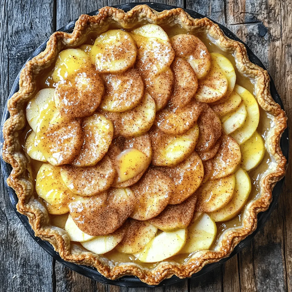 For a delicious Snickerdoodle Cream Cheese Apple Pie, gather these key ingredients: - 1 ½ cups all-purpose flour - ½ cup unsalted butter, softened - ¼ cup granulated sugar - 1 egg yolk - 1 teaspoon vanilla extract - ½ teaspoon salt - 1 cup cream cheese, softened - 1/3 cup granulated sugar - 1 teaspoon cinnamon - 1 teaspoon vanilla extract - 1 egg - 3 cups Granny Smith apples, peeled and sliced - 1 tablespoon lemon juice - ½ cup brown sugar - 1 teaspoon cinnamon - 1 tablespoon cornstarch - 1 tablespoon unsalted butter, melted - 2 tablespoons granulated sugar - 1 teaspoon cinnamon - 2 tablespoons unsalted butter, melted With these ingredients, you can create a pie that balances creamy and spiced flavors. The tart apples blend perfectly with rich cream cheese and snickerdoodle spices. For the full recipe, check out the detailed instructions provided earlier. Each bite of this pie offers a delightful experience that’s hard to resist! Mixing the Ingredients To start, grab a mixing bowl. Combine 1 ½ cups of flour, ½ cup of softened butter, and ¼ cup of sugar. Add 1 egg yolk, 1 teaspoon of vanilla extract, and ½ teaspoon of salt. Use a fork or pastry cutter to mix until you see a dough form. Chilling the Dough Next, press the dough into a 9-inch pie plate. Make sure to cover the bottom and sides evenly. Prick the bottom with a fork to prevent bubbling. Now, chill the crust in the refrigerator for 30 minutes. Shaping the Crust After chilling, remove the crust from the fridge. If needed, gently reshape the edges. This helps to make the crust look nice and neat. Blending Cream Cheese Mixture In a separate bowl, add 1 cup of softened cream cheese. Then, combine it with ⅓ cup of sugar, 1 teaspoon of cinnamon, 1 teaspoon of vanilla extract, and 1 egg. Mix until the cream cheese is smooth and creamy. Achieving Smooth Consistency Make sure there are no lumps in the cream cheese mixture. A smooth layer will blend well with the apples. Tossing Apples with Spices Grab 3 cups of peeled and sliced Granny Smith apples. In a large bowl, toss these apples with ½ cup of brown sugar, 1 tablespoon of cornstarch, and 1 teaspoon of cinnamon. This gives the apples a sweet and spicy flavor. Combining with Lemon Juice Add 1 tablespoon of lemon juice to the apples. This will keep them fresh and add a nice zing. Layering Techniques Preheat your oven to 350°F (175°C). Once the crust has chilled, spread the cream cheese mixture evenly over the crust. Then, layer the spiced apple mixture on top. Adding the Topping In a small bowl, mix 2 tablespoons of sugar with 1 teaspoon of cinnamon. Drizzle 2 tablespoons of melted butter over the apple filling. Sprinkle the cinnamon sugar mixture on top. Oven Temperature and Time Bake the pie in the preheated oven for 45-50 minutes. The apples should become tender, and the crust should turn golden brown. Checking for Doneness Keep an eye on the pie. If the crust starts to brown too much, cover the edges with foil. Recommended Cooling Time After baking, let the pie cool for at least 30 minutes. This cooling time helps the filling set up nicely. Presentation Suggestions Serve the pie warm or at room temperature. You can top each slice with whipped cream or vanilla ice cream. A sprinkle of cinnamon adds a lovely touch. For the complete recipe, check out the Full Recipe section. - Blind Baking Techniques: Blind baking helps set the crust. After chilling the dough, line it with parchment paper. Fill with pie weights. Bake at 350°F (175°C) for 10-15 minutes. This prevents sogginess when adding filling. - Cooling Tips: Let the pie cool for 30 minutes after baking. This allows the filling to set. If you cut it too early, the bottom can become wet. - Spice Options: You can add more warmth with nutmeg or ginger. A dash of allspice can also enhance the flavor. Experiment to find your favorite mix! - Extract Variations: Vanilla is classic, but almond extract adds a unique twist. Try maple extract for a sweet depth. Just a little goes a long way. - Cream Cheese Consistency Tips: Always soften the cream cheese before mixing. Cold cream cheese will not blend well. Aim for a smooth, creamy texture to make the layer rich. - Whisking Techniques: Use a hand mixer for smooth results. Start slow to avoid splatter. Increase speed once mixed well. This ensures no lumps remain for a perfect snickerdoodle layer. For full details on creating this mouthwatering pie, check out the Full Recipe. {{image_2}} For a different taste, try using a gluten-free crust. You can mix gluten-free flour with cold butter. This gives you a nice base for your pie. Another fun option is to use biscuit or graham cracker crusts. Crush the crackers and mix them with melted butter. Press this into your pie dish. This adds a sweet crunch that pairs well with the filling. While Granny Smith apples are great, you can experiment with other apple types. Try Honeycrisp or Fuji apples for a sweeter taste. Each apple brings its unique flavor to the pie. You can also add pears or berries for a twist. Pears add a soft texture, while berries give a burst of flavor. Mix these fruits with the apples for a colorful filling. If you're dairy-free, you can use dairy-free cream cheese. This works well and still keeps the creamy texture. Look for brands that mimic regular cream cheese for the best result. You can also swap out regular sugar for alternatives like coconut sugar or honey. These options can add a new depth of flavor to your pie. Just adjust the amount to taste. For the full recipe, check the detailed steps and ingredient usage to create your own Snickerdoodle Cream Cheese Apple Pie. When you have leftover Snickerdoodle Cream Cheese Apple Pie, store it in the fridge. Place it in an airtight container for best results. If you don’t have a container, cover it tightly with plastic wrap. This keeps the pie fresh and prevents it from drying out. You can freeze this pie, but decide when to do it. If you freeze before baking, wrap it well in plastic wrap and foil. Make sure it is sealed tight. If you want to freeze after baking, let it cool first. Then, wrap it in plastic wrap and foil. When you are ready to eat it, follow these thawing guidelines. For a pie frozen before baking, thaw it in the fridge overnight. For a baked pie, let it sit at room temperature for a few hours. To reheat your pie, use an oven for the best taste. Preheat your oven to 350°F (175°C). Place the pie on a baking sheet and heat for about 15-20 minutes. This helps keep the crust crisp. If you’re short on time, use the microwave. Heat a slice for 30-45 seconds. Check to see if it is warm enough. If not, heat it in small increments. However, this method may soften the crust. Enjoy your Snickerdoodle Cream Cheese Apple Pie fresh and warm! Yes, you can use store-bought pie crust for this recipe. It saves time and effort. Just make sure it fits your pie plate. Follow the package instructions for baking times. The pie is done when the apples are tender and the crust is golden. You can check the apples with a fork. If they are soft, the pie is ready. Absolutely! You can prepare the pie a day in advance. Just store it in the fridge after cooling. Reheat it before serving for the best taste. Serve it warm or at room temperature. Add whipped cream or vanilla ice cream on top. A sprinkle of cinnamon adds a nice touch. Yes, you can skip the cream cheese. Use a mix of sour cream and sugar instead. This will change the flavor but still keep it tasty. To create a Snickerdoodle Cream Cheese Apple Pie, you need to follow some easy steps. Each layer adds a unique flavor and texture, making this pie a delightful treat. Detailed Steps and Ingredient Usage: 1. Prepare the Pie Crust: - Combine these ingredients in a bowl: - 1 ½ cups all-purpose flour - ½ cup unsalted butter, softened - ¼ cup granulated sugar - 1 egg yolk - 1 teaspoon vanilla extract - ½ teaspoon salt - Mix until a dough forms. Press this dough into a 9-inch pie plate. Prick the bottom and chill it for 30 minutes. 2. Make the Snickerdoodle Layer: - In another bowl, beat together: - 1 cup cream cheese, softened - 1/3 cup granulated sugar - 1 teaspoon cinnamon - 1 teaspoon vanilla extract - 1 egg - Mix until it's smooth and creamy. 3. Prepare the Apple Filling: - Toss 3 cups of peeled and sliced Granny Smith apples with: - 1 tablespoon lemon juice - ½ cup brown sugar - 1 teaspoon cinnamon - 1 tablespoon cornstarch - Ensure all apples are coated well. 4. Assemble the Pie: - Preheat the oven to 350°F (175°C). - Spread the snickerdoodle cream cheese mixture over the chilled crust. - Layer the apple mixture on top of the cream cheese. 5. Add the Topping: - Mix 2 tablespoons of granulated sugar with 1 teaspoon of cinnamon in a small bowl. - Drizzle 2 tablespoons of melted butter over the apple filling and sprinkle the cinnamon-sugar mix on top. 6. Bake the Pie: - Bake for 45-50 minutes. The pie is done when the apples are tender and the crust is golden. 7. Cool and Serve: - Let the pie cool for at least 30 minutes before slicing. This helps the filling set. Summary of Preparation Techniques: This pie blends the rich taste of cream cheese and the warm spices of cinnamon. Chilling the crust helps prevent sogginess. Layering the cream cheese and apples creates a delightful texture. Baking brings all the flavors together, making every bite a flavorful delight. Enjoy your slice with whipped cream or ice cream for extra joy! This blog post covered the tasty Snickerdoodle Cream Cheese Apple Pie. We explored each step, from making the perfect crust to creating a delicious apple filling. I shared tips to avoid a soggy bottom and suggested fun variations. Remember, this pie is all about balance—sweet cream cheese, spiced apples, and a crisp crust. Use this guidance to impress your family and friends. Enjoy the baking journey!