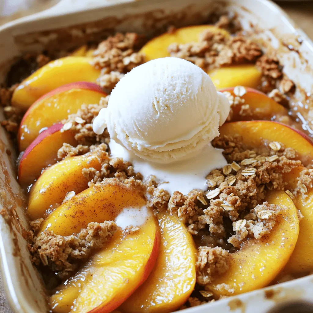 - 6 ripe peaches, pitted and sliced - 1 tablespoon lemon juice - 1/2 cup granulated sugar - 1 teaspoon vanilla extract - 1 teaspoon ground cinnamon - 1 cup rolled oats - 3/4 cup all-purpose flour - 1/2 cup brown sugar, packed - 1/3 cup unsalted butter, melted - 1/4 teaspoon salt - Optional: Vanilla ice cream for serving Gathering fresh ingredients makes a big difference in flavor. I love using ripe peaches for their sweetness. When you slice them, the juice flows, making them perfect for this crisp. The lemon juice adds a bit of tang. It helps balance the sweetness. I always add granulated sugar for a nice, sweet flavor. Vanilla extract and ground cinnamon are key to making the filling aromatic. They bring warmth to the dish. The oat topping is where the magic happens. Rolled oats provide a chewy texture. Adding all-purpose flour, brown sugar, and melted butter makes the topping crispy and rich. A pinch of salt enhances all the flavors. For an extra treat, serve this peach crisp warm with a scoop of vanilla ice cream on top. It melts slightly and creates a creamy contrast to the crisp. This simple recipe is all about using fresh, quality ingredients to create something delightful. You can find the full recipe with all details to help you on your cooking journey. - Preheat your oven to 350°F (175°C). - In a large bowl, combine the sliced peaches with: - 1 tablespoon lemon juice - 1/2 cup granulated sugar - 1 teaspoon vanilla extract - 1 teaspoon ground cinnamon - Toss the peaches gently to coat them well. Let them sit for about 10 minutes. This softens the peaches and brings out their juices. - In another bowl, mix together: - 1 cup rolled oats - 3/4 cup all-purpose flour - 1/2 cup brown sugar, packed - 1/3 cup unsalted butter, melted - 1/4 teaspoon salt - Stir until the mixture looks like crumbly sand. This texture is key for a great topping. - Take your baking dish, about 9x9 inches, and arrange the peach mixture evenly on the bottom. - Sprinkle the oat topping generously over the peaches. Make sure every peach is covered for even baking. - Bake in the preheated oven for 30-35 minutes. - Check for a golden brown topping and bubbly peaches. The smell will be amazing! For the complete recipe, check out the Full Recipe section. Choosing ripe peaches is key. Look for peaches that feel slightly soft. Their color should be vibrant and even. Sweetness is important too. If your peaches are tart, add more sugar. You can taste the peach mix before baking. Adjust the sweetness to your liking. A warm peach crisp pairs great with vanilla ice cream. The cold ice cream melts into the warm crisp, making it a treat. You can also serve it with whipped cream or yogurt. This adds creaminess and balances the sweetness. To add more texture, try adding nuts like walnuts or pecans. They add a nice crunch. You can also mix in spices like nutmeg or ginger for warmth. If you want to mix flavors, try adding blueberries or raspberries. These fruits add a pop of color and extra sweetness to your peach crisp. For the full recipe, check the earlier section. {{image_2}} One of the best things about peach crisp is how easy it is to adapt. You can change it to fit your needs or the season. Here are some fun variations to try. You can make this dish gluten-free with a few swaps. - Substitute all-purpose flour with almond or coconut flour. - Use gluten-free oats to ensure your crisp stays delicious and safe. These changes keep the flavor while being kind to those with gluten sensitivities. Want to make this peach crisp vegan? It’s simple! - Replace unsalted butter with coconut oil or vegan butter. - Use maple syrup instead of granulated sugar to sweeten your dish. These swaps still give you the same yummy flavor without any animal products. You can also change your peach crisp to match the season. - In summer, add fresh berries like blueberries or raspberries for a burst of color. - In fall, sprinkle in spices like nutmeg or allspice to warm up the flavors. These seasonal tweaks bring new life to this classic recipe. For the full recipe, check out the details above. To keep your peach crisp fresh, you should store it properly. First, let the crisp cool down completely. Once cooled, cover it with plastic wrap or aluminum foil. You can also place it in an airtight container. Store it in the refrigerator for up to five days. If you want to save it for longer, you can freeze it. For freezing, cut the peach crisp into portions. Wrap each piece tightly in plastic wrap, then place them in a freezer-safe bag. This way, you can enjoy a slice whenever you want. It will last in the freezer for up to three months. When it’s time to enjoy your leftovers, reheating them properly is key. The best way to reheat peach crisp is in the oven. Preheat your oven to 350°F (175°C). Place the crisp in an oven-safe dish and cover it with foil. Heat it for about 15-20 minutes, or until it’s warmed through. You can also use a microwave if you’re in a hurry. Place a portion on a microwave-safe plate. Heat it for 30 seconds to one minute. Make sure to check if it's hot enough before eating. Enjoy your delicious peach crisp again! Yes, you can use frozen peaches. Just let them thaw before using. Frozen peaches may have extra water. So, drain them well to avoid a soggy crisp. Using fresh peaches gives a better texture. They have a firmer bite and great flavor. In summer, ripe peaches shine in this dish. If you use frozen ones, the crisp still tastes great. Your peach crisp lasts about 3 to 5 days in the fridge. Store it in an airtight container. This keeps it fresh and tasty. To keep the topping crunchy, reheat it in the oven. Heat at 350°F (175°C) for about 10 minutes. This will give you a warm and crispy treat again. If you want to skip oats, try these options: - Almond flour: Adds a nutty flavor and keeps it gluten-free. - Coconut flakes: Gives a tropical twist and a chewy texture. - Crushed nuts: Use almonds, pecans, or walnuts for crunch. - Granola: Adds sweetness and texture if you want a quick fix. These alternatives offer different flavors and textures. Feel free to experiment with what you have at home. This blog post guides you to make a delicious peach crisp. We covered ingredients, equipment, and step-by-step instructions. You learned tips for perfecting flavors and serving ideas. We also shared variations for dietary needs and storage tips. Making peach crisp can be fun and easy. Enjoy every bite of this sweet treat, whether warm or cold. Your kitchen can be the go-to spot for great desserts that everyone will love!