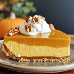 To make the best pumpkin cheesecake, you need a few key ingredients. Here’s what you’ll need: - 1 ½ cups graham cracker crumbs - ½ cup unsalted butter, melted - 1 cup granulated sugar - 1 (8 oz) package cream cheese, softened - 1 (15 oz) can pure pumpkin puree - 3 large eggs - 1 teaspoon vanilla extract - 1 teaspoon ground cinnamon - ½ teaspoon ground nutmeg - ½ teaspoon ground ginger - Pinch of salt - 1 cup sour cream - Whipped cream for topping (optional) - Toasted pecans or walnuts for garnish (optional) The graham cracker crumbs and melted butter create a crunchy crust. This base holds everything together. Next, the filling is the star of the show. Cream cheese and sugar give it a rich texture. The pumpkin puree adds creaminess and that lovely fall flavor. The spices—cinnamon, nutmeg, and ginger—bring warmth and depth. You can make it even more special with toppings. A dollop of whipped cream adds a light touch. You can sprinkle some toasted nuts for crunch. These small details elevate the dish. For the full recipe, check out the complete steps I’ve laid out for you. Enjoy making this delightful treat! 1. Preheat the Oven: Start by preheating your oven to 325°F (160°C). This step is key for a well-cooked crust. 2. Prepare the Crust: In a medium bowl, mix together 1 ½ cups of graham cracker crumbs and ½ cup of melted unsalted butter. Stir until it looks like wet sand. Press the mixture evenly into the bottom of a 9-inch springform pan. This forms the base of your cheesecake. 3. Bake the Crust: Place the pan in the oven and bake for 10 minutes. Once done, take it out and let it cool. 1. Mix Cream Cheese and Sugar: In a large mixing bowl, put in 1 (8 oz) package of softened cream cheese and 1 cup of granulated sugar. Beat on medium speed for about 2-3 minutes. The mix should be smooth and creamy. 2. Add Pumpkin and Spices: Gradually add 1 (15 oz) can of pure pumpkin puree, 3 large eggs, 1 teaspoon of vanilla extract, 1 teaspoon of ground cinnamon, ½ teaspoon of ground nutmeg, ½ teaspoon of ground ginger, and a pinch of salt. Mix until just combined. Be careful not to over-mix to avoid air bubbles. 3. Incorporate Sour Cream: Gently fold in 1 cup of sour cream until smooth. This adds creaminess and depth to your filling. 1. Pour and Bake: Pour the cheesecake filling into the cooled crust. Smooth the top using a spatula. Bake in the oven for 50-60 minutes. You want the edges set and the center slightly jiggly. 2. Cool Down: After baking, turn off the oven. Crack the door open and let the cheesecake cool inside for 1 hour. This helps prevent cracks on the surface. 3. Chill: Finally, remove the cheesecake from the oven. Cover it with plastic wrap and refrigerate for at least 4 hours, but overnight works best. This helps the flavors meld together beautifully. Check out the Full Recipe for more details on serving and enjoying your pumpkin cheesecake! - Over-mixing the filling: Mixing too much adds air to the batter. This air leads to cracks during baking. Mix just until smooth for the best texture. - Not cooling properly to prevent cracks: Cooling in the oven helps set the cheesecake slowly. A sudden temperature change can cause cracks. - Room temperature ingredients: Always use room temperature cream cheese and eggs. Cold ingredients do not blend well, and you get lumps. - Incorporating sour cream effectively: Gently fold in sour cream at the end. This adds creaminess without over-mixing. - Best accompaniments for pumpkin cheesecake: Whipped cream adds sweetness and lightness. A sprinkle of toasted pecans or walnuts brings crunch and flavor. - Creative presentation ideas: Serve slices on a colorful plate. Drizzle caramel or chocolate sauce for a nice touch. Add a sprig of mint for color. For the complete recipe, check the Full Recipe section. This pumpkin cheesecake is perfect for fall gatherings! {{image_2}} You can spice up your pumpkin cheesecake in fun ways. Here are two tasty options: - Maple pumpkin cheesecake: Add maple syrup to the filling. It gives a sweet, rich flavor. Use about ½ cup of maple syrup to replace some sugar. This adds a lovely depth to your dish. - Chocolate pumpkin cheesecake: Mix in melted dark chocolate. It brings a nice twist to the classic taste. Use about 4 ounces of chocolate, melted and cooled. This mix will surprise your guests! Many people have special diets. You can still enjoy pumpkin cheesecake with these swaps: - Gluten-free crust alternatives: Use almond flour or gluten-free cookies. Just crush them and mix with melted butter. This gives you a delicious crust without gluten. - Vegan pumpkin cheesecake options: Replace cream cheese with cashew cream or silken tofu. Use coconut cream instead of sour cream. Sweeten with maple syrup instead of sugar for a full vegan treat. You can also change the flavor by swapping ingredients: - Using different sweeteners: Try honey or agave syrup. These natural sweeteners can give a unique taste. Adjust the amount to fit your sweetness preference. - Exploring alternative spices: If you want a twist, swap cinnamon for cardamom or allspice. These spices can give your cheesecake a new flavor profile. Just use them in small amounts to avoid overpowering the pumpkin. For the full recipe, check out the creamy pumpkin bliss cheesecake details above! To keep your pumpkin cheesecake fresh, refrigerate it right after it cools. Wrap the cheesecake tightly in plastic wrap. This helps stop it from drying out. You can also place it in an airtight container if you prefer. If you want to save it for later, freezing works great too. First, let the cheesecake cool completely. Then, slice it into pieces. Wrap each slice in plastic wrap and put them in a freezer-safe bag. This way, you can enjoy a slice whenever you want! Homemade pumpkin cheesecake lasts about 5 to 7 days in the fridge. Always check for signs of spoilage. If you see mold or a strange smell, it’s time to toss it. When frozen, pumpkin cheesecake can last for about 2 to 3 months. Just remember to check for freezer burn. If the cheesecake looks dry or icy, it may not taste as good. Enjoy your delicious dessert while it’s fresh! For the full recipe, check out the Creamy Pumpkin Bliss Cheesecake. The texture of cheesecake depends on several factors. - Cream cheese type: Full-fat cream cheese gives a dense texture. - Mixing: Over-mixing adds air and can make it light. - Eggs: More eggs can lead to a lighter cheesecake. - Baking temperature: Lower temperatures help set the cheesecake slowly, making it dense. A dense cheesecake feels creamy and rich. A light one is fluffier. Adjust these factors to get your desired texture. To check if your cheesecake is done, look for these signs: - Edges: They should be set and slightly puffed. - Center: It should jiggle gently, but not be liquid. - Cracks: A few cracks on top are normal and can happen. A toothpick method can help too. Insert it in the center; it should come out mostly clean, with a few moist crumbs. Yes, making pumpkin cheesecake ahead is a smart idea! - Chill Time: It needs at least four hours to chill. - Storage: Cover it well and keep it in the fridge. - Flavor: It tastes even better after a day in the fridge. This makes it perfect for parties or gatherings. Toppings can take your pumpkin cheesecake to the next level. Here are some favorites: - Whipped cream: A classic choice for added creaminess. - Toasted nuts: Pecans or walnuts add crunch and flavor. - Caramel sauce: Drizzle for sweetness and richness. - Cinnamon sprinkle: A light dusting for extra spice. Feel free to mix and match these toppings for a fun twist! For the full recipe, check out the Creamy Pumpkin Bliss Cheesecake. Making pumpkin cheesecake involves key ingredients, proper techniques, and creative twists. We've looked at essential parts like the crust, filling, and toppings. Avoid common mistakes and follow tips for the best texture and flavor. You can even explore variations to suit different diets or tastes. In the end, with attention to detail, you can create an amazing dessert. Enjoy every step, and share your cheesecake creation!