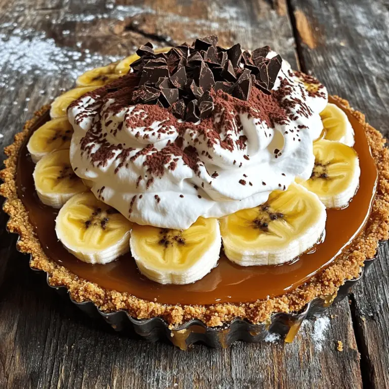 To make your easy Banoffee pie, gather these simple ingredients: - 1 pre-made digestive biscuit base (or graham cracker crust) - 397g can of sweetened condensed milk - 2 large ripe bananas, sliced - 300ml heavy cream - 2 tablespoons powdered sugar - 1 teaspoon vanilla extract - Cocoa powder or dark chocolate shavings (for garnish) Choosing the right ingredients makes a big difference. For bananas, pick ripe ones that are yellow with a few brown spots. This means they are sweet and soft. When selecting heavy cream, look for a high-fat content. This helps create a rich and fluffy whipped cream. For the biscuit base, ensure it is fresh. A good base gives the pie a nice crunch. Always check the expiration date on the condensed milk. Fresh ingredients make your pie taste better! You can easily adjust this recipe to fit your needs. If you want a gluten-free option, use a gluten-free biscuit base. For a dairy-free pie, try coconut cream instead of heavy cream. You can use maple syrup or agave instead of powdered sugar for a vegan option. These swaps keep the flavors while meeting different dietary needs. Don't hesitate to experiment and find what works best for you! To make the caramel, you need sweetened condensed milk. Pour it into a saucepan. Heat it on low. Stir it well for about 10 to 15 minutes. You want it to thicken and turn brown. If you prefer, use a microwave. Place the milk in a bowl. Heat for 30 seconds at a time. Stir after each time until it thickens. This should take about 2 to 3 minutes. Once your caramel is ready, it’s time to assemble the pie. Take your pre-made biscuit base and pour the caramel over it. Use a spatula to spread it evenly. After that, layer your sliced bananas on top of the caramel. Arrange them nicely for a beautiful look. Next, let’s whip the cream. In a bowl, mix heavy cream, powdered sugar, and vanilla extract. Use an electric mixer and whip until soft peaks form. Be careful not to over-whip; you want fluffy cream. Finally, spread the whipped cream over the bananas. Smooth it out with the spatula. For a lovely finish, dust cocoa powder or sprinkle dark chocolate shavings on top. Chill your pie for at least one hour before serving. Enjoy every bite of this delightful dessert! For the complete recipe, check [Full Recipe]. To make smooth caramel, heat the sweetened condensed milk slowly. Stir it often to avoid burning. You want it to thicken and change color. This takes about 10 to 15 minutes on the stove. If you choose the microwave, heat it in short bursts. Stir well in between to check the texture. The goal is a rich, golden caramel that is not too thick or runny. When whipping cream, use a cold bowl and beaters. This helps the cream whip faster and stay fluffy. Mix in powdered sugar and vanilla for a touch of sweetness. Beat until soft peaks form. Be careful not to over-whip, or it will turn grainy. The perfect cream should be smooth and hold its shape well. For a stunning presentation, slice the pie into wedges. Place each slice on a plate with extra banana slices on top. A light drizzle of caramel adds flair and taste. Dust the pie with cocoa powder or dark chocolate shavings for a fancy touch. Serve it chilled for a refreshing finish. Enjoy your Easy Banoffee Pie with friends and family! For the full recipe, check out the details above. {{image_2}} You can change up your banoffee pie with fun flavors. Try adding chopped nuts for crunch. Peanuts or hazelnuts work well. You can also mix in some caramel sauce for extra sweetness. If you love chocolate, add a layer of chocolate ganache. This makes the pie richer and more indulgent. For a fruit twist, use berries instead of bananas. Strawberries or raspberries add a nice tartness. While I love a classic digestive biscuit base, feel free to experiment. A graham cracker crust is a great choice too. You can even use a chocolate cookie crust for a deeper flavor. For a gluten-free option, try almond flour mixed with butter. This gives a unique taste and texture to your pie. Just ensure your crust is firm enough to hold the filling. If you want a vegan version, swap the condensed milk for coconut cream. This gives a creamy texture and a hint of coconut flavor. Use a plant-based whipped cream made from coconut or almond. For the crust, use vegan cookies or nuts combined with coconut oil. This way, everyone can enjoy banoffee pie, no matter their diet. To keep your Easy Banoffee Pie fresh, store it in the fridge. Use an airtight container or cover it tightly with plastic wrap. This helps keep the pie moist and prevents it from absorbing any odors from the fridge. When stored properly, the pie lasts about 3 to 4 days in the fridge. After that, the bananas may brown, and the crust can become soggy. For the best taste and texture, enjoy it within the first few days. You can freeze the pie, but it may change texture. To freeze, slice the pie and wrap each piece in plastic wrap. Place the wrapped pieces in a freezer bag. You can freeze the pie for up to 2 months. When ready to eat, thaw it in the fridge overnight. The cream might not be as fluffy, but it will still taste great! You can replace condensed milk with coconut milk. Cook it slowly to create a thick caramel. Use brown sugar for sweetness. This method takes longer, but it works well. You can also use homemade caramel sauce for a fresh taste. Just ensure it’s thick enough to hold its shape. Yes, you can use fresh cream, but it won’t hold as well. Whipped cream is light and fluffy. It keeps its shape better on the pie. If you choose fresh cream, serve the pie right away. The pie may lose some height without whipped cream. You can add strawberries, raspberries, or peaches. They bring a fresh twist to the pie. You can mix and match fruits for more flavor. Just ensure the fruit is ripe and sweet. This adds color and makes the dessert more fun. Yes, you can make the pie a day before serving. Just store it in the fridge. This gives the flavors time to blend. Keep the whipped cream separate until serving for best results. This way, the pie stays fresh and tasty. Banoffee pie lasts about 2-3 days in the fridge. After that, the bananas may brown. The whipped cream might lose its fluff. Make sure to cover it well to avoid drying out. Enjoy it within this time for the best taste. Absolutely! You can use an Oreo crust or a graham cracker crust. Even a cookie crust works well. Choose a crust that you enjoy for added flavor. Each type will give the pie a unique twist. It can be gluten-free if you use a gluten-free crust. Many stores sell gluten-free biscuit bases. You can also make one at home using gluten-free cookies. Check the labels to ensure all ingredients are safe for gluten-free diets. Freezing is not recommended due to the bananas and cream. It may change the texture. If you must freeze it, slice the pie first. Wrap each piece well. Thaw in the fridge before serving, but quality may vary. If you don’t like bananas, use cooked apples. They add a nice sweetness and texture. Pears can also work well, adding a different flavor. Just make sure they are ripe and soft for the best results. For more details on making this delicious dessert, check the Full Recipe. In this article, we covered the key ingredients and steps to make delicious banoffee pie. You learned how to select quality ingredients and tasty substitutes. We explored tips for making the perfect caramel and whipping cream. We also discussed fun variations and proper storage methods to keep your pie fresh. Banoffee pie is easy to make and fun to share. Experiment with flavors and enjoy this sweet treat!