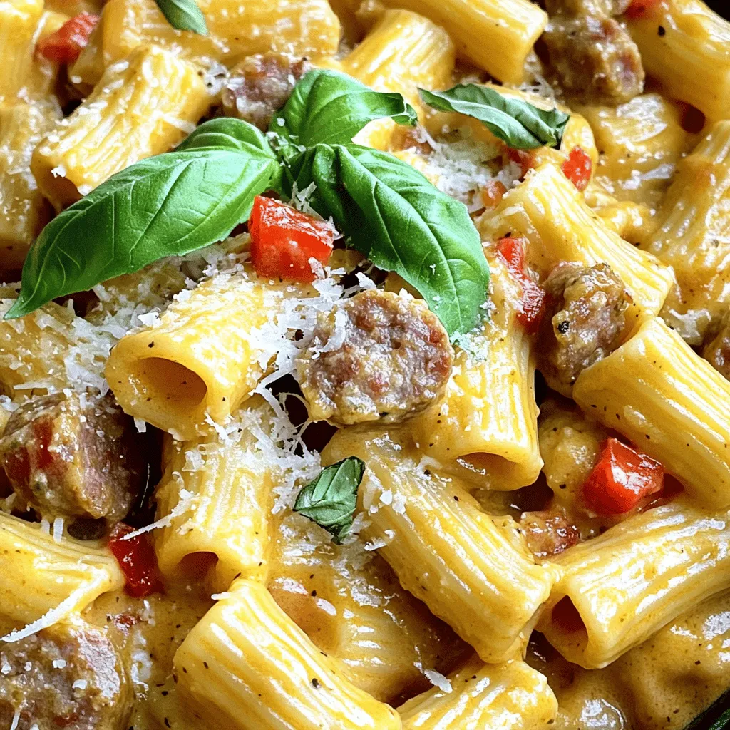 To create this tasty dish, you will need: - 12 oz rigatoni pasta - 1 lb Italian sausage (bulk or casings removed) - 1 medium onion, diced - 3 cloves garlic, minced - 1 red bell pepper, diced - 1 cup heavy cream - 1 cup chicken broth - 1 cup grated Parmesan cheese - 2 tablespoons olive oil - 1 teaspoon dried oregano - ½ teaspoon red pepper flakes (adjust for spice preference) - Salt and pepper to taste - Fresh basil leaves for garnish