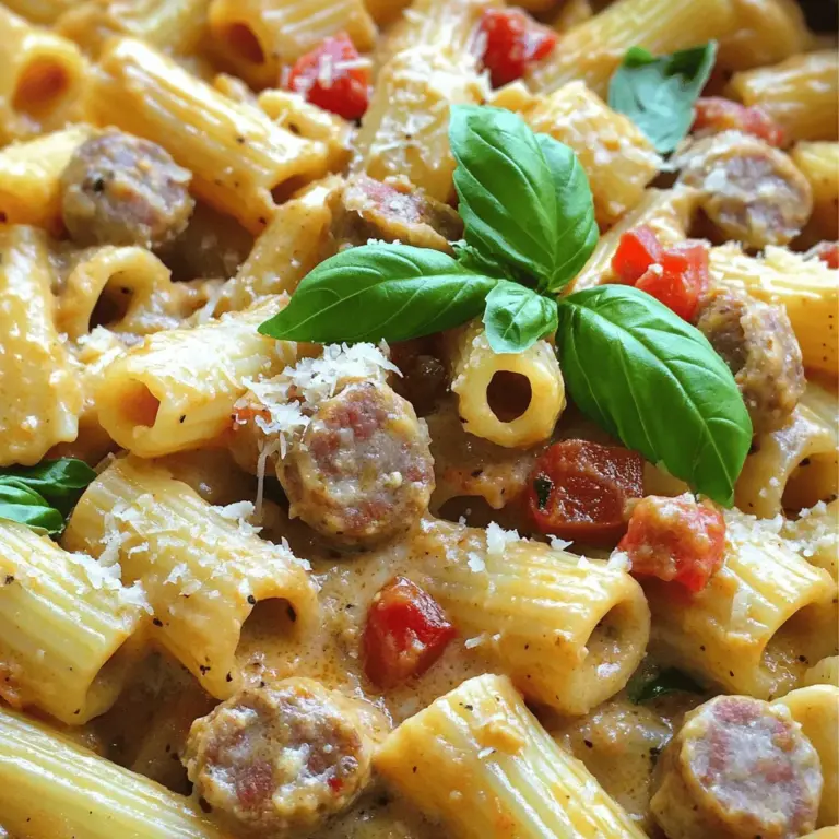 To create this tasty dish, you will need: - 12 oz rigatoni pasta - 1 lb Italian sausage (bulk or casings removed) - 1 medium onion, diced - 3 cloves garlic, minced - 1 red bell pepper, diced - 1 cup heavy cream - 1 cup chicken broth - 1 cup grated Parmesan cheese - 2 tablespoons olive oil - 1 teaspoon dried oregano - ½ teaspoon red pepper flakes (adjust for spice preference) - Salt and pepper to taste - Fresh basil leaves for garnish