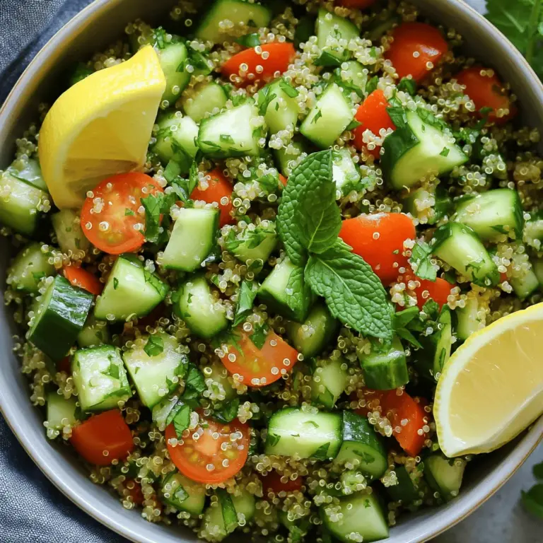 - 1 cup quinoa, rinsed - 2 cups water - 1 cup parsley, finely chopped - 1/2 cup mint leaves, finely chopped - 1 medium cucumber, diced - 2 medium tomatoes, diced - 1/4 red onion, finely chopped - 1/4 cup olive oil - 3 tablespoons lemon juice - Salt and pepper to taste Quinoa offers protein and fiber. It helps keep you full. Parsley is rich in vitamins A and C. It also adds a fresh taste. Mint brings a cooling effect and aids digestion. Cucumbers provide hydration and crunch. Tomatoes are full of antioxidants and vitamins. Red onion adds flavor and has heart benefits. Olive oil is a healthy fat. It supports good heart health. Lemon juice gives a tangy flavor. It is also high in vitamin C. You can swap quinoa for bulgur if you like. For a gluten-free option, use cauliflower rice. If you don't have parsley, try fresh cilantro. You can replace mint with basil for a different taste. Any fresh veggies can work too. Try bell peppers or radishes for crunch. Use apple cider vinegar instead of lemon juice if needed. First, rinse 1 cup of quinoa under cold water. This helps remove any bitter taste. Next, bring 2 cups of water to a boil in a medium saucepan. Once boiling, add the rinsed quinoa. Lower the heat and cover the pot. Let it simmer for about 15 minutes. You will know it’s done when all the water is gone. Remove the pot from heat and let it cool for a bit. In a large bowl, combine the cooled quinoa with the fresh ingredients. Add 1 cup of finely chopped parsley, 1/2 cup of finely chopped mint leaves, 1 diced cucumber, 2 diced tomatoes, and 1/4 of a finely chopped red onion. Mix these ingredients well with a fork. This step makes sure every bite is full of flavor and freshness. In a small bowl, whisk together the dressing. Start with 1/4 cup of olive oil and 3 tablespoons of lemon juice. Add salt and pepper to taste. Once mixed, pour the dressing over the quinoa mixture. Toss everything gently to coat the ingredients well. Taste the salad and adjust the seasoning if needed. For the best flavor, refrigerate for at least 30 minutes. This allows the flavors to blend perfectly. You can find the Full Recipe for more details on this delicious dish. To make quinoa fluffy, start with rinsing it well. Rinsing removes the bitter coating called saponin. Next, use double the water for every cup of quinoa. Bring the water to a boil, then add the quinoa. Lower the heat and cover the pot. Let it simmer for about 15 minutes. After that, let it sit off the heat for 5 minutes. Finally, fluff it with a fork. This gives it a light and airy texture. Chopping herbs is easy with the right method. Start by stacking the leaves. Roll them tightly like a cigar. Then, use a sharp knife to slice across the roll. This creates thin strips. For parsley and mint, make sure to chop them finely. This helps release their flavors and makes them mix well in your tabbouleh. Always use a clean, dry cutting board to avoid any slips. You can easily adjust the flavors in your quinoa tabbouleh. Taste the dish after mixing the ingredients. If it needs more zing, add more lemon juice. For a richer taste, drizzle in extra olive oil. If you like spice, try adding a pinch of red pepper flakes. Remember, each ingredient adds its own flavor. So, start with small amounts and add more as needed. This way, you can create a tabbouleh that suits your taste perfectly. For the full recipe, check out the Healthy Quinoa Tabbouleh section. {{image_2}} You can make this quinoa tabbouleh even better by adding protein. Chickpeas are a great choice. They add a nice crunch and are full of fiber. Simply rinse and drain a can of chickpeas, then mix them in with the quinoa. If you want meat, grilled chicken works well too. Cook the chicken, chop it into small pieces, and add it to the mix. You get flavor and a hearty meal this way. Quinoa is naturally gluten-free, making it perfect for many diets. If you need a gluten-free option, ensure all your ingredients are certified gluten-free. For a twist, you can replace quinoa with cooked rice or millet. These grains also provide a light and tasty base. Using seasonal ingredients can make your quinoa tabbouleh fresh and exciting. In the summer, try adding ripe peaches or watermelon for a sweet touch. In fall, you can toss in roasted butternut squash for warmth. Think about using different herbs too! Basil or cilantro can change the taste. Experiment with what’s fresh and available to keep your dish lively and tasty. For the full recipe, check out the Healthy Quinoa Tabbouleh! 🥗 To keep your quinoa tabbouleh fresh, store it in the fridge. Use an airtight container to prevent odors from mixing. Make sure the salad is cool before sealing it. This way, it stays crisp and tasty. Glass containers are great for storing quinoa tabbouleh. They let you see the food inside. Plastic containers work well too, but choose ones without BPA. Avoid metal containers, as they can alter the taste of your dish. Quinoa tabbouleh lasts about 3 to 5 days in the fridge. If you want to freeze it, consider the ingredients. Fresh herbs and veggies may lose their crunch when thawed. I recommend freezing only the quinoa base. When you're ready to eat, mix in fresh herbs and veggies. For the best flavor, make it fresh. Check out the Full Recipe for more tips! You can serve Healthy Quinoa Tabbouleh with many dishes. It pairs well with grilled chicken or fish. You can also add it to a wrap or pita. For a vegetarian option, try it with falafel. This salad complements hummus and roasted veggies too. It’s fresh and bright, enhancing any meal. Yes, you can make Healthy Quinoa Tabbouleh ahead of time. It tastes even better after the flavors mix. Prepare it a day before your event, and keep it in the fridge. This helps the ingredients blend well. Just remember to stir it before serving. If it seems dry, add a splash of lemon juice. Quinoa is very healthy and offers many benefits. It is high in protein, which helps build muscles. Quinoa also has fiber, aiding digestion and keeping you full. It contains vitamins and minerals, like magnesium and iron. Plus, it is gluten-free, making it great for those with allergies. Eating quinoa may help support heart health too. Healthy quinoa tabbouleh offers fresh flavors and great nutrition. We covered the main ingredients that boost your health and provided easy steps to prepare it. I shared tips to make your quinoa fluffy and how to adjust flavors. We also explored tasty variations and smart storage methods. This dish is not only simple but fun to make. You can enjoy it any time with different sides or ingredients. Keep experimenting, and you’ll always have a great meal ready!