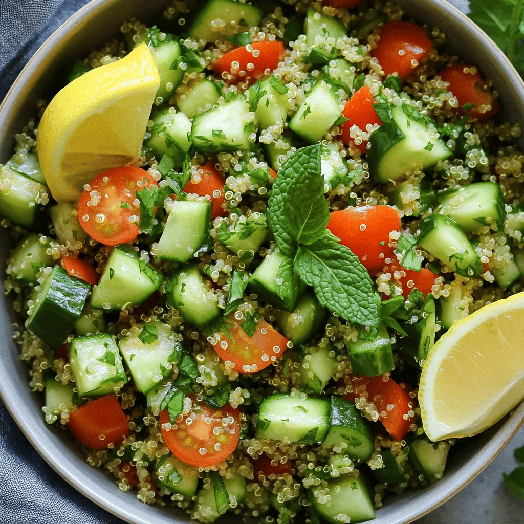 - 1 cup quinoa, rinsed - 2 cups water - 1 cup parsley, finely chopped - 1/2 cup mint leaves, finely chopped - 1 medium cucumber, diced - 2 medium tomatoes, diced - 1/4 red onion, finely chopped - 1/4 cup olive oil - 3 tablespoons lemon juice - Salt and pepper to taste Quinoa offers protein and fiber. It helps keep you full. Parsley is rich in vitamins A and C. It also adds a fresh taste. Mint brings a cooling effect and aids digestion. Cucumbers provide hydration and crunch. Tomatoes are full of antioxidants and vitamins. Red onion adds flavor and has heart benefits. Olive oil is a healthy fat. It supports good heart health. Lemon juice gives a tangy flavor. It is also high in vitamin C. You can swap quinoa for bulgur if you like. For a gluten-free option, use cauliflower rice. If you don't have parsley, try fresh cilantro. You can replace mint with basil for a different taste. Any fresh veggies can work too. Try bell peppers or radishes for crunch. Use apple cider vinegar instead of lemon juice if needed. First, rinse 1 cup of quinoa under cold water. This helps remove any bitter taste. Next, bring 2 cups of water to a boil in a medium saucepan. Once boiling, add the rinsed quinoa. Lower the heat and cover the pot. Let it simmer for about 15 minutes. You will know it’s done when all the water is gone. Remove the pot from heat and let it cool for a bit. In a large bowl, combine the cooled quinoa with the fresh ingredients. Add 1 cup of finely chopped parsley, 1/2 cup of finely chopped mint leaves, 1 diced cucumber, 2 diced tomatoes, and 1/4 of a finely chopped red onion. Mix these ingredients well with a fork. This step makes sure every bite is full of flavor and freshness. In a small bowl, whisk together the dressing. Start with 1/4 cup of olive oil and 3 tablespoons of lemon juice. Add salt and pepper to taste. Once mixed, pour the dressing over the quinoa mixture. Toss everything gently to coat the ingredients well. Taste the salad and adjust the seasoning if needed. For the best flavor, refrigerate for at least 30 minutes. This allows the flavors to blend perfectly. You can find the Full Recipe for more details on this delicious dish. To make quinoa fluffy, start with rinsing it well. Rinsing removes the bitter coating called saponin. Next, use double the water for every cup of quinoa. Bring the water to a boil, then add the quinoa. Lower the heat and cover the pot. Let it simmer for about 15 minutes. After that, let it sit off the heat for 5 minutes. Finally, fluff it with a fork. This gives it a light and airy texture. Chopping herbs is easy with the right method. Start by stacking the leaves. Roll them tightly like a cigar. Then, use a sharp knife to slice across the roll. This creates thin strips. For parsley and mint, make sure to chop them finely. This helps release their flavors and makes them mix well in your tabbouleh. Always use a clean, dry cutting board to avoid any slips. You can easily adjust the flavors in your quinoa tabbouleh. Taste the dish after mixing the ingredients. If it needs more zing, add more lemon juice. For a richer taste, drizzle in extra olive oil. If you like spice, try adding a pinch of red pepper flakes. Remember, each ingredient adds its own flavor. So, start with small amounts and add more as needed. This way, you can create a tabbouleh that suits your taste perfectly. For the full recipe, check out the Healthy Quinoa Tabbouleh section. {{image_2}} You can make this quinoa tabbouleh even better by adding protein. Chickpeas are a great choice. They add a nice crunch and are full of fiber. Simply rinse and drain a can of chickpeas, then mix them in with the quinoa. If you want meat, grilled chicken works well too. Cook the chicken, chop it into small pieces, and add it to the mix. You get flavor and a hearty meal this way. Quinoa is naturally gluten-free, making it perfect for many diets. If you need a gluten-free option, ensure all your ingredients are certified gluten-free. For a twist, you can replace quinoa with cooked rice or millet. These grains also provide a light and tasty base. Using seasonal ingredients can make your quinoa tabbouleh fresh and exciting. In the summer, try adding ripe peaches or watermelon for a sweet touch. In fall, you can toss in roasted butternut squash for warmth. Think about using different herbs too! Basil or cilantro can change the taste. Experiment with what’s fresh and available to keep your dish lively and tasty. For the full recipe, check out the Healthy Quinoa Tabbouleh! 🥗 To keep your quinoa tabbouleh fresh, store it in the fridge. Use an airtight container to prevent odors from mixing. Make sure the salad is cool before sealing it. This way, it stays crisp and tasty. Glass containers are great for storing quinoa tabbouleh. They let you see the food inside. Plastic containers work well too, but choose ones without BPA. Avoid metal containers, as they can alter the taste of your dish. Quinoa tabbouleh lasts about 3 to 5 days in the fridge. If you want to freeze it, consider the ingredients. Fresh herbs and veggies may lose their crunch when thawed. I recommend freezing only the quinoa base. When you're ready to eat, mix in fresh herbs and veggies. For the best flavor, make it fresh. Check out the Full Recipe for more tips! You can serve Healthy Quinoa Tabbouleh with many dishes. It pairs well with grilled chicken or fish. You can also add it to a wrap or pita. For a vegetarian option, try it with falafel. This salad complements hummus and roasted veggies too. It’s fresh and bright, enhancing any meal. Yes, you can make Healthy Quinoa Tabbouleh ahead of time. It tastes even better after the flavors mix. Prepare it a day before your event, and keep it in the fridge. This helps the ingredients blend well. Just remember to stir it before serving. If it seems dry, add a splash of lemon juice. Quinoa is very healthy and offers many benefits. It is high in protein, which helps build muscles. Quinoa also has fiber, aiding digestion and keeping you full. It contains vitamins and minerals, like magnesium and iron. Plus, it is gluten-free, making it great for those with allergies. Eating quinoa may help support heart health too. Healthy quinoa tabbouleh offers fresh flavors and great nutrition. We covered the main ingredients that boost your health and provided easy steps to prepare it. I shared tips to make your quinoa fluffy and how to adjust flavors. We also explored tasty variations and smart storage methods. This dish is not only simple but fun to make. You can enjoy it any time with different sides or ingredients. Keep experimenting, and you’ll always have a great meal ready!