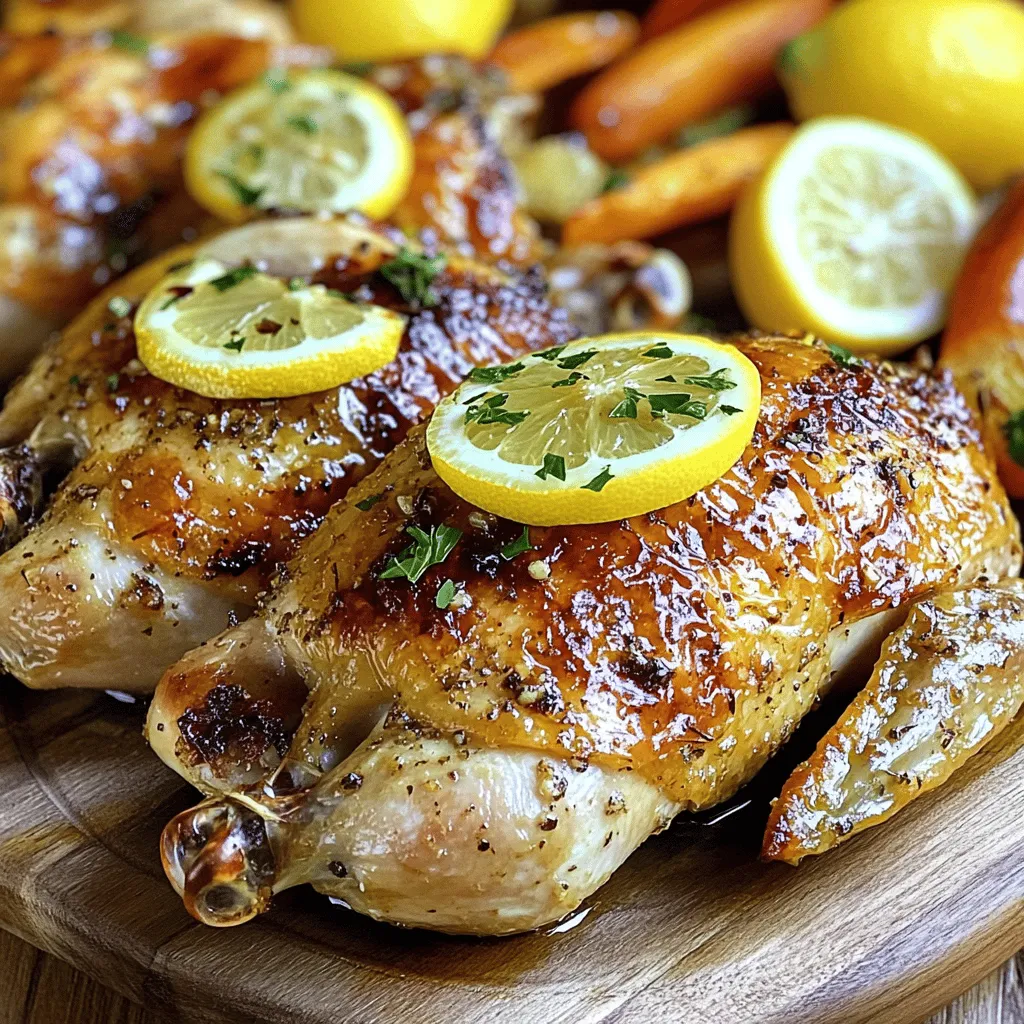 To make this dish, you need a few key items. The main star is a whole chicken, weighing around 4-5 lbs. This size will give you juicy meat and crispy skin. You also need: - 1 whole chicken (about 4-5 lbs) - 4 lemons (2 sliced, 2 juiced) - 8 cloves garlic, minced These ingredients form the base of the meal. The lemon adds a fresh zing, and garlic brings rich flavor. Next, you’ll want to gather some seasoning. The right herbs and spices make all the difference. For this recipe, have on hand: - 1/4 cup olive oil - 1 tablespoon fresh rosemary, chopped (or 1 teaspoon dried) - 1 tablespoon fresh thyme, chopped (or 1 teaspoon dried) - 1 tablespoon salt - 1 teaspoon black pepper - 1 teaspoon paprika These seasonings will give your chicken a wonderful taste. The olive oil helps to keep the meat moist, while the herbs add depth. Finally, let’s talk about the tools you need. You will need: - A roasting pan - A small bowl for mixing the marinade - A meat thermometer - Paper towels for drying the chicken These items will help you prepare and cook your chicken perfectly. Having the right tools makes cooking easier and more fun! For the full recipe, check out the Lemon Garlic Roasted Chicken 🧄. To start, you need a whole chicken, about 4 to 5 pounds. First, I like to pat the chicken dry with paper towels. This step is key for getting that crispy skin. Make sure to dry it well. Then, place the chicken in a roasting pan. Next, it’s time to make the marinade. In a small bowl, combine these ingredients: - 8 cloves garlic, minced - 1/4 cup olive oil - Juice from 2 lemons - 1 tablespoon fresh rosemary, chopped (or 1 teaspoon dried) - 1 tablespoon fresh thyme, chopped (or 1 teaspoon dried) - 1 tablespoon salt - 1 teaspoon black pepper - 1 teaspoon paprika Mix everything well. This flavorful mix will make the chicken taste amazing. Now, rub the marinade generously all over the chicken. Make sure to get it under the skin for extra flavor. Next, stuff the chicken with sliced lemons. This adds even more taste while roasting. Pour 1 cup of low-sodium chicken broth into the roasting pan. This keeps the chicken moist and helps make gravy. Preheat your oven to 425°F (220°C). Place the chicken breast-side up in the pan. Roast it for about 1 hour and 20 minutes. You want the internal temperature to reach 165°F (75°C). Baste the chicken with broth every 30 minutes to help it brown. Once done, let the chicken rest for 15 minutes. This helps keep it juicy. Now, you can carve and serve it! Don’t forget to drizzle some pan juices over the chicken for extra flavor. If you want, garnish with fresh parsley for a nice touch. For the complete process, check out the Full Recipe. To get that golden, crispy skin, start with a dry chicken. Pat it dry with paper towels. This helps the skin crisp up nicely. Next, rub olive oil all over. The oil creates a barrier, helping the skin brown. Season well with salt and paprika. Salt pulls moisture from the skin, improving the crispiness. Roast at a high temperature, like 425°F (220°C). This ensures a crunchy exterior while keeping the inside juicy. For juicy meat, consider the cooking time. Use a meat thermometer to check the doneness. Aim for an internal temperature of 165°F (75°C). This ensures the chicken cooks through without drying out. Basting the chicken with its juices adds flavor and moisture. Stuffing the chicken with lemon slices adds a zesty taste. The lemons release juices that flavor the meat from the inside. Basting during roasting is a game-changer. It keeps the chicken moist and adds flavor. Every 30 minutes, spoon some broth over the chicken. This helps the skin stay crisp and prevents dryness. The broth collects at the bottom of the pan, making a great base for gravy. This simple step transforms your meal into a gourmet experience. Try it with the full recipe for the best results. {{image_2}} You can change up the flavors of your lemon garlic roasted chicken easily. Try different herbs like sage or oregano. These add unique tastes that brighten your dish. You can also use other citrus fruits. Limes or oranges work well too. Their juices give a fresh twist that you will love. If you want to cook this chicken differently, you have options. A slow cooker is a great choice. It makes the chicken tender and juicy. Simply follow the same steps for seasoning. Then cook on low for 6-8 hours. Grilling is another fun way to prepare this dish. It gives the chicken a nice smoky flavor. Just marinate it as usual and grill over medium heat until cooked through. You can pair your chicken with many sides. Fresh salads, roasted veggies, or mashed potatoes all work great. Try a simple green salad with lemon vinaigrette. It complements the chicken well. For a hearty meal, serve with roasted root veggies. They add color and taste to your plate. You can even serve it over rice or quinoa. This creates a filling and balanced meal. Check out the Full Recipe for more ideas and tips! To keep your leftover chicken fresh, let it cool first. Once it's cool, wrap it tightly in plastic wrap or foil. You can also place it in an airtight container. Store it in the fridge for up to four days. This helps keep the chicken juicy and full of flavor. When it's time to eat the leftovers, preheat your oven to 350°F (175°C). Place the chicken in an oven-safe dish. Cover it with foil to prevent it from drying out. Heat it for about 20 to 25 minutes. You can use a meat thermometer to check if it reaches 165°F (75°C) before serving. If you want to keep the chicken longer, freezing is a great option. After cooling, portion the chicken into smaller pieces. Wrap each piece in plastic wrap, then place them in a freezer bag. Make sure to remove as much air as possible. You can freeze the chicken for up to three months. When ready to eat, thaw it in the fridge overnight before reheating. For more details, check out the Full Recipe for Lemon Garlic Roasted Chicken. To check if the chicken is done, use a meat thermometer. Insert it into the thickest part of the thigh. The temperature should reach 165°F (75°C). If you don’t have a thermometer, cut into the thigh. The juices should run clear, not pink. Yes, you can use chicken parts. Just adjust the cooking time. Chicken breasts and thighs cook faster than a whole chicken. Cook breasts for about 25-30 minutes and thighs for about 40-45 minutes. Always check for that safe 165°F (75°C) mark. To reheat, place the chicken in an oven at 350°F (175°C). Cover it with foil to keep it moist. Heat for about 20-25 minutes or until warm. You can also use a microwave but be careful not to dry it out. To serve more people, increase the number of chickens. For a crowd, two whole chickens work well. Simply double all ingredients. Make sure your roasting pan can hold them both. Adjust cooking time if needed, checking each chicken’s temperature. Yes, marinating overnight is a great idea! It allows the flavors to soak in deeply. Just keep the chicken in the fridge while it marinates. Make sure to cover it well to avoid any cross-contamination with other foods. You can try other herbs like oregano, sage, or basil. Each herb brings unique flavors. Feel free to mix and match based on your taste. Fresh herbs usually pack more flavor than dried ones, so keep that in mind. For the full details, check the Full Recipe. Lemon garlic roasted chicken is a simple dish that packs a punch. We covered essential ingredients, easy steps, and helpful tips. Each step helps you achieve crispy skin and juicy meat. Feel free to explore variations with herbs or different sides. Remember, proper storage keeps leftovers tasty. With these tools and tricks, you can enjoy this meal any time. Try it out and share your results!