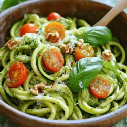 - 4 medium zucchini - 1 cup fresh basil leaves - 1/4 cup walnuts (or pine nuts) - 1/4 cup grated Parmesan cheese (or nutritional yeast for vegan) - 2 cloves garlic, minced - 1/3 cup extra virgin olive oil - Salt and pepper to taste - Cherry tomatoes, halved - Red pepper flakes for added heat Zucchini noodles make a great base for this dish. You’ll need four medium zucchini. They spiralize well and hold their shape. Next, let’s talk about the pesto sauce. For a fresh and vibrant flavor, use one cup of basil leaves. You can choose walnuts or pine nuts, both work great. You’ll need a quarter cup. If you want a vegan option, use nutritional yeast instead of Parmesan cheese. That’s also a quarter cup. Two cloves of minced garlic add zest. Extra virgin olive oil brings it all together, about a third of a cup. Finally, season with salt and pepper to taste. For garnishes, halved cherry tomatoes look and taste great. If you like a kick, add red pepper flakes. This full recipe makes a simple and fresh meal that shines with flavor! To start, grab your zucchini. Use a spiralizer to create long, thin noodles. If you don’t have one, a vegetable peeler works too. Simply peel the zucchini into strips. Once you have your noodles, place them in a colander. Let them drain for about 10 minutes. This step helps remove excess water, so your dish stays crunchy. Next, let’s make the pesto. In a food processor, combine fresh basil leaves, walnuts, Parmesan cheese, and minced garlic. Pulse the mix until it’s finely chopped. Then, while the processor runs, slowly drizzle in the olive oil. Keep blending until you reach a smooth paste. Scrape down the sides if needed. Finally, season with salt and pepper to taste. You can adjust the texture with more olive oil or a bit of water. Now, heat a non-stick skillet over medium heat. Add your drained zucchini noodles to the pan. Sauté them for about 2-3 minutes. You want them tender but still firm, which is called al dente. Make sure not to cook them too long, or they will become mushy. Once the noodles are ready, remove the skillet from heat. Stir in the pesto sauce until the noodles are well coated. Taste your dish and adjust the seasoning if needed. For a fun touch, serve it with halved cherry tomatoes on top. If you like a bit of spice, add red pepper flakes for extra heat. Enjoy your fresh and vibrant zucchini noodles with pesto! For the full recipe, you can refer to the section above. To avoid sogginess, drain zucchini noodles well. After spiralizing, place them in a colander. Let them sit for about 10 minutes. This helps remove extra water. You want them tender, but not mushy. Sauté for 2-3 minutes over medium heat. This keeps them firm and tasty. To make your pesto richer, try adding nuts or cheese. Pine nuts and Parmesan cheese work great. You can also try adding lemon juice for zest. Adjust the texture by adding more olive oil. If it's too thick, add a splash of water. This makes the pesto smooth and easy to mix. Zucchini noodles pair well with grilled chicken or shrimp. For a vegetarian meal, add roasted veggies like bell peppers or mushrooms. Arrange the noodles in a bowl and top with cherry tomatoes. You can also sprinkle nuts on top for crunch. This gives a nice look and taste. For a fun twist, serve in a hollowed-out zucchini. You can find the full recipe [here](#). {{image_2}} If you want a vegan option, you can easily swap out the cheese. Instead of Parmesan, try using nutritional yeast. It adds a cheesy flavor without any dairy. You can also use blended cashews for a creamy texture. Both options work well in the pesto and keep it fresh and tasty. Do you need a nut-free recipe? No problem! You can use seeds instead of nuts. Sunflower seeds or pumpkin seeds make great substitutes. Just blend them in the food processor as you would with nuts. They add a nice crunch and flavor without any nuts, making it safe for those with allergies. Want to make your dish even better? Add more veggies or proteins! You can toss in sliced bell peppers, spinach, or cherry tomatoes. For protein, think of grilled chicken, shrimp, or chickpeas. These add-ins boost flavor and nutrition. Get creative and mix what you love. Remember, this dish is all about fresh and simple ingredients, so feel free to experiment! Store your zucchini noodles and pesto in separate, airtight containers. This keeps each fresh. Place the noodles in the fridge for up to two days. The pesto can last up to a week. To keep your pesto green, press plastic wrap on the surface before sealing. You can freeze zucchini noodles, but they can lose some crunch. To freeze, place them in a single layer on a baking sheet. After a few hours, transfer them to a freezer bag. For pesto, pour it into ice cube trays. Once frozen, pop them out and store in a bag. Both will last about three months in the freezer. To reheat zucchini noodles, use a non-stick skillet. Heat them on low for about two minutes. This helps keep them from getting mushy. For pesto, add it to the skillet with a bit of olive oil. Stir until warm, but don’t cook it too long. This keeps the flavors fresh and bright. For a complete recipe, check out the Full Recipe. Yes, you can make zucchini noodles ahead of time. Here are some tips for meal prep: - Spiralize or peel the zucchini a few hours before serving. - Place the noodles in a colander and sprinkle with salt. - Let them sit for 10 minutes to draw out moisture. - Store them in an airtight container in the fridge. These steps help keep your noodles fresh and ready for a quick meal. Zucchini noodles can become soggy if not prepared correctly. Here are common mistakes to avoid: - Don’t skip salting the noodles; it removes extra water. - Avoid cooking them for too long; 2-3 minutes is ideal. - Use a non-stick skillet to prevent sticking and overcooking. Following these tips keeps your noodles firm and tasty. Zucchini noodles are very versatile! Here are some alternative sauce ideas: - Marinara sauce for a classic flavor. - Alfredo sauce for a creamy twist. - A simple olive oil and garlic mix for a light option. - Spicy arrabbiata if you like heat. Feel free to experiment with different flavors! Leftovers can last in the fridge for about 3 days. Here are some storage tips: - Place them in an airtight container. - Keep the pesto and zucchini noodles separate if possible. - Reheat gently on the stove or in the microwave. This way, you maintain the best taste and texture for your meal. For the full recipe, check out the details above! This blog post covered how to make delicious zucchini noodles with pesto sauce. We started with the basic ingredients, from zucchini to fresh basil. Then, I guided you through step-by-step instructions, ensuring your noodles shine. We discussed tips to enhance flavor and ways to store your meal. In closing, experimenting with variations can make this dish even better. Enjoy healthy meals that are simple and fun to make!