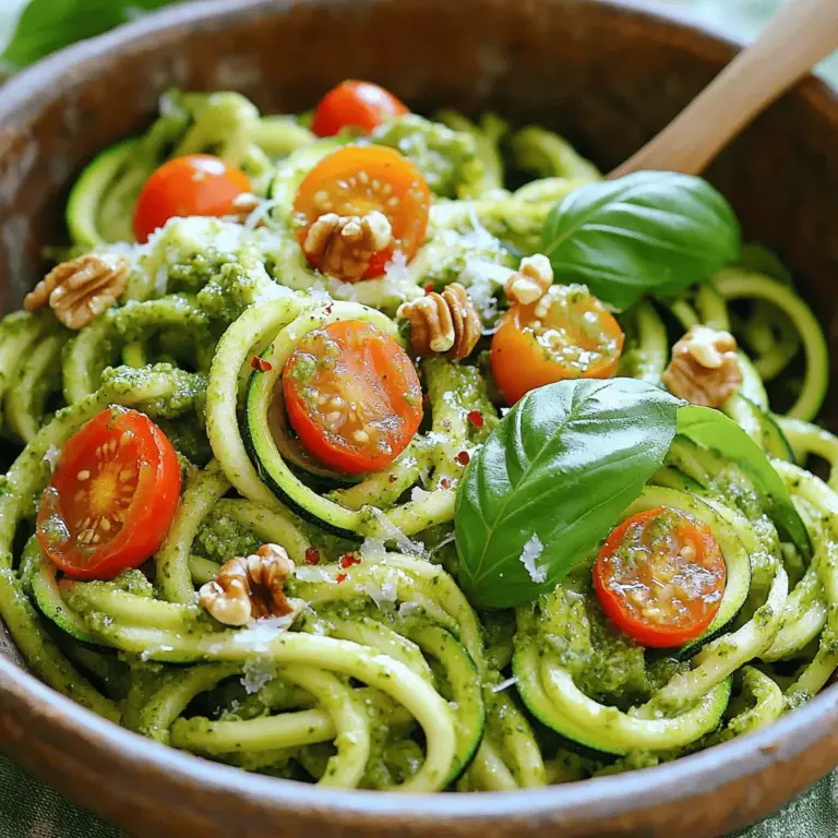 - 4 medium zucchini - 1 cup fresh basil leaves - 1/4 cup walnuts (or pine nuts) - 1/4 cup grated Parmesan cheese (or nutritional yeast for vegan) - 2 cloves garlic, minced - 1/3 cup extra virgin olive oil - Salt and pepper to taste - Cherry tomatoes, halved - Red pepper flakes for added heat Zucchini noodles make a great base for this dish. You’ll need four medium zucchini. They spiralize well and hold their shape. Next, let’s talk about the pesto sauce. For a fresh and vibrant flavor, use one cup of basil leaves. You can choose walnuts or pine nuts, both work great. You’ll need a quarter cup. If you want a vegan option, use nutritional yeast instead of Parmesan cheese. That’s also a quarter cup. Two cloves of minced garlic add zest. Extra virgin olive oil brings it all together, about a third of a cup. Finally, season with salt and pepper to taste. For garnishes, halved cherry tomatoes look and taste great. If you like a kick, add red pepper flakes. This full recipe makes a simple and fresh meal that shines with flavor! To start, grab your zucchini. Use a spiralizer to create long, thin noodles. If you don’t have one, a vegetable peeler works too. Simply peel the zucchini into strips. Once you have your noodles, place them in a colander. Let them drain for about 10 minutes. This step helps remove excess water, so your dish stays crunchy. Next, let’s make the pesto. In a food processor, combine fresh basil leaves, walnuts, Parmesan cheese, and minced garlic. Pulse the mix until it’s finely chopped. Then, while the processor runs, slowly drizzle in the olive oil. Keep blending until you reach a smooth paste. Scrape down the sides if needed. Finally, season with salt and pepper to taste. You can adjust the texture with more olive oil or a bit of water. Now, heat a non-stick skillet over medium heat. Add your drained zucchini noodles to the pan. Sauté them for about 2-3 minutes. You want them tender but still firm, which is called al dente. Make sure not to cook them too long, or they will become mushy. Once the noodles are ready, remove the skillet from heat. Stir in the pesto sauce until the noodles are well coated. Taste your dish and adjust the seasoning if needed. For a fun touch, serve it with halved cherry tomatoes on top. If you like a bit of spice, add red pepper flakes for extra heat. Enjoy your fresh and vibrant zucchini noodles with pesto! For the full recipe, you can refer to the section above. To avoid sogginess, drain zucchini noodles well. After spiralizing, place them in a colander. Let them sit for about 10 minutes. This helps remove extra water. You want them tender, but not mushy. Sauté for 2-3 minutes over medium heat. This keeps them firm and tasty. To make your pesto richer, try adding nuts or cheese. Pine nuts and Parmesan cheese work great. You can also try adding lemon juice for zest. Adjust the texture by adding more olive oil. If it's too thick, add a splash of water. This makes the pesto smooth and easy to mix. Zucchini noodles pair well with grilled chicken or shrimp. For a vegetarian meal, add roasted veggies like bell peppers or mushrooms. Arrange the noodles in a bowl and top with cherry tomatoes. You can also sprinkle nuts on top for crunch. This gives a nice look and taste. For a fun twist, serve in a hollowed-out zucchini. You can find the full recipe [here](#). {{image_2}} If you want a vegan option, you can easily swap out the cheese. Instead of Parmesan, try using nutritional yeast. It adds a cheesy flavor without any dairy. You can also use blended cashews for a creamy texture. Both options work well in the pesto and keep it fresh and tasty. Do you need a nut-free recipe? No problem! You can use seeds instead of nuts. Sunflower seeds or pumpkin seeds make great substitutes. Just blend them in the food processor as you would with nuts. They add a nice crunch and flavor without any nuts, making it safe for those with allergies. Want to make your dish even better? Add more veggies or proteins! You can toss in sliced bell peppers, spinach, or cherry tomatoes. For protein, think of grilled chicken, shrimp, or chickpeas. These add-ins boost flavor and nutrition. Get creative and mix what you love. Remember, this dish is all about fresh and simple ingredients, so feel free to experiment! Store your zucchini noodles and pesto in separate, airtight containers. This keeps each fresh. Place the noodles in the fridge for up to two days. The pesto can last up to a week. To keep your pesto green, press plastic wrap on the surface before sealing. You can freeze zucchini noodles, but they can lose some crunch. To freeze, place them in a single layer on a baking sheet. After a few hours, transfer them to a freezer bag. For pesto, pour it into ice cube trays. Once frozen, pop them out and store in a bag. Both will last about three months in the freezer. To reheat zucchini noodles, use a non-stick skillet. Heat them on low for about two minutes. This helps keep them from getting mushy. For pesto, add it to the skillet with a bit of olive oil. Stir until warm, but don’t cook it too long. This keeps the flavors fresh and bright. For a complete recipe, check out the Full Recipe. Yes, you can make zucchini noodles ahead of time. Here are some tips for meal prep: - Spiralize or peel the zucchini a few hours before serving. - Place the noodles in a colander and sprinkle with salt. - Let them sit for 10 minutes to draw out moisture. - Store them in an airtight container in the fridge. These steps help keep your noodles fresh and ready for a quick meal. Zucchini noodles can become soggy if not prepared correctly. Here are common mistakes to avoid: - Don’t skip salting the noodles; it removes extra water. - Avoid cooking them for too long; 2-3 minutes is ideal. - Use a non-stick skillet to prevent sticking and overcooking. Following these tips keeps your noodles firm and tasty. Zucchini noodles are very versatile! Here are some alternative sauce ideas: - Marinara sauce for a classic flavor. - Alfredo sauce for a creamy twist. - A simple olive oil and garlic mix for a light option. - Spicy arrabbiata if you like heat. Feel free to experiment with different flavors! Leftovers can last in the fridge for about 3 days. Here are some storage tips: - Place them in an airtight container. - Keep the pesto and zucchini noodles separate if possible. - Reheat gently on the stove or in the microwave. This way, you maintain the best taste and texture for your meal. For the full recipe, check out the details above! This blog post covered how to make delicious zucchini noodles with pesto sauce. We started with the basic ingredients, from zucchini to fresh basil. Then, I guided you through step-by-step instructions, ensuring your noodles shine. We discussed tips to enhance flavor and ways to store your meal. In closing, experimenting with variations can make this dish even better. Enjoy healthy meals that are simple and fun to make!