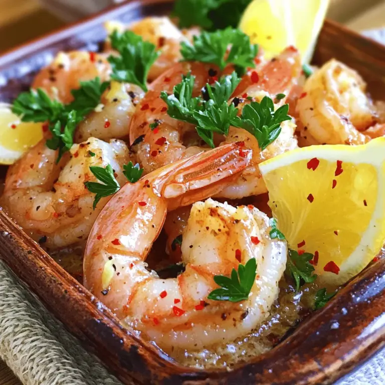 To make Lemon Garlic Butter Shrimp, you need some key ingredients. Here’s what you will need: - 1 pound large shrimp, peeled and deveined - 4 tablespoons unsalted butter - 4 cloves garlic, minced - 1 lemon, zested and juiced - 1 tablespoon fresh parsley, chopped - 1 teaspoon red pepper flakes (optional) - Salt and pepper to taste - Lemon wedges, for serving These ingredients create a bright and zesty flavor that makes this dish shine. Fresh shrimp is the star of the show, so choose large, plump shrimp for the best taste and texture. Having the right tools makes cooking a breeze. For this recipe, you will need: - A large skillet - A spatula or wooden spoon - A zester or grater for the lemon - A cutting board and knife for prep These tools help you cook efficiently and keep everything organized. A good skillet ensures even cooking and helps the shrimp get that nice sear. Sometimes, you may not have all the ingredients on hand. Here are some easy swaps: - Use olive oil instead of butter for a lighter option. - If you don’t have fresh parsley, try fresh cilantro or basil. - For a different flavor, swap lemon juice with lime juice. These substitutes can give you a new twist while keeping the essence of the dish. For full guidance on the recipe, check the Full Recipe section. To start, rinse the shrimp under cold water. I like to use cold water to keep them fresh. Next, pat the shrimp dry with paper towels. This step is key! It helps the shrimp get a nice sear. Now, season the shrimp with salt and pepper. Use just enough to enhance the flavor. Now, grab a large skillet. Melt four tablespoons of unsalted butter over medium heat. Watch closely as it starts to foam. You want it melted but not browned. Add four cloves of minced garlic to the skillet. Stir it for about one to two minutes. The garlic should smell amazing, but don’t let it burn. Next, add the shrimp to the skillet. Cook one side for two to three minutes. You’ll see the shrimp turn pink and opaque. Then, flip them over to the other side. Cook for another two to three minutes. The shrimp should be fully cooked and tender. After that, pour in the lemon juice and add the lemon zest. For some heat, sprinkle in red pepper flakes. Stir well to mix all the flavors. Finally, take the skillet off the heat. Toss in the fresh parsley and mix. Your Lemon Garlic Butter Shrimp is ready to serve! For the complete guidance, check the Full Recipe. When buying shrimp, look for a few key signs. The shrimp should smell like the ocean, not fishy. Choose shrimp that feel firm to the touch. Their shells should be shiny and clear. If you see black spots, skip those shrimp. Buy shrimp from a trusted source for the best quality. Always check the sell-by date to ensure freshness. To boost the taste of your lemon garlic butter shrimp, consider these tips. Add fresh herbs like basil or dill for a unique twist. A splash of white wine can deepen the flavor. For a spicy kick, increase the red pepper flakes. You can also squeeze more lemon juice for extra zest. Experimenting with flavors helps you find your favorite mix. Many people make simple mistakes when cooking shrimp. Overcooking shrimp makes them tough and rubbery. Always cook them just until they turn pink. Another mistake is not seasoning enough. Salt and pepper enhance the shrimp's natural flavor. Lastly, don’t rush the garlic. Burnt garlic can ruin your dish. Follow these tips for the best results. For the full scoop, check the Full Recipe. {{image_2}} If you love heat, add red pepper flakes. This spice lifts the dish. It gives the shrimp a nice kick. Start with one teaspoon; you can add more if you want. Mix the flakes in when you add the lemon juice. This spicy twist makes the shrimp even more tasty. You can add veggies to the shrimp. Bell peppers, zucchini, and spinach work well. Just chop them and add them after you sauté the garlic. Cook them for a few minutes until they are tender. This adds color and nutrition to the dish. Plus, it makes a great one-pan meal. To make this dish gluten-free, check your butter. Most butter is gluten-free, but some brands may add gluten. You can use olive oil instead of butter for a dairy-free option. The taste will still be great! Just follow the same steps in the Full Recipe to cook the shrimp. After enjoying your Lemon Garlic Butter Shrimp, let the leftovers cool. Place them in an airtight container. Store in the fridge for up to two days. Make sure to keep the shrimp dry to avoid sogginess. If you have extra sauce, store it separately to maintain flavor and texture. To reheat, use a skillet over medium heat. Add a splash of water or broth to help steam the shrimp. Heat for about 3-4 minutes until warmed through. Avoid high heat; it can make the shrimp tough. Stir gently to keep the shrimp intact. You can freeze Lemon Garlic Butter Shrimp for future meals. Place cooled shrimp in a freezer-safe bag. Remove as much air as possible before sealing. They will stay fresh for about three months. When ready to eat, thaw them overnight in the fridge. Reheat in the skillet as mentioned above for the best taste. For complete guidance, refer to the Full Recipe. Yes, you can use frozen shrimp. Just thaw them first. Place them in cold water for about 15 minutes. This method works well and keeps the shrimp fresh. After thawing, dry them well with paper towels. Season as you would with fresh shrimp. To make this dish ahead, cook the shrimp and sauce. Let it cool and store in the fridge. You can keep it for up to two days. Reheat gently on low heat before serving. This way, you save time for your meal. This shrimp pairs well with many sides. You can serve it with crusty bread. It’s great for soaking up the sauce. Fluffy rice is also a good choice. You can even add a fresh salad for crunch. For complete guidance, check the Full Recipe. In this blog, we explored essential ingredients, helpful tools, and substitutes for your shrimp dish. You learned easy steps to prepare and cook shrimp perfectly. We shared tips to pick fresh shrimp, enhance flavor, and avoid common mistakes. You can try fun variations like spicy or veggie-packed options. Plus, we covered storage and reheating tips to keep leftovers tasty. For complete guidance, don't miss the full recipe. Enjoy cooking this simple and delicious dish!