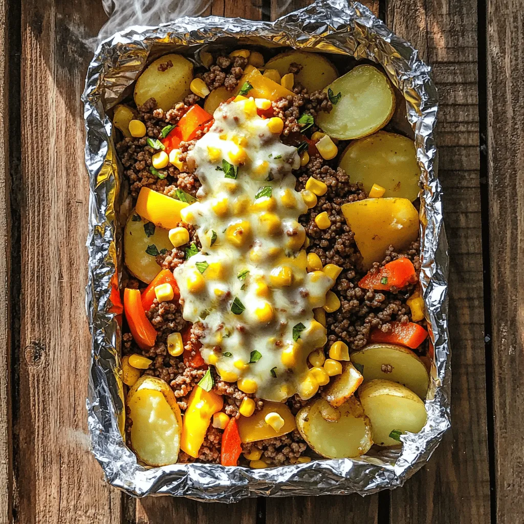 - 1 lb ground beef or turkey - 2 medium potatoes, thinly sliced - 1 cup fresh corn kernels (or 1 can of corn, drained) - 1 bell pepper, diced (any color) - 1 small red onion, thinly sliced - 2 cloves garlic, minced