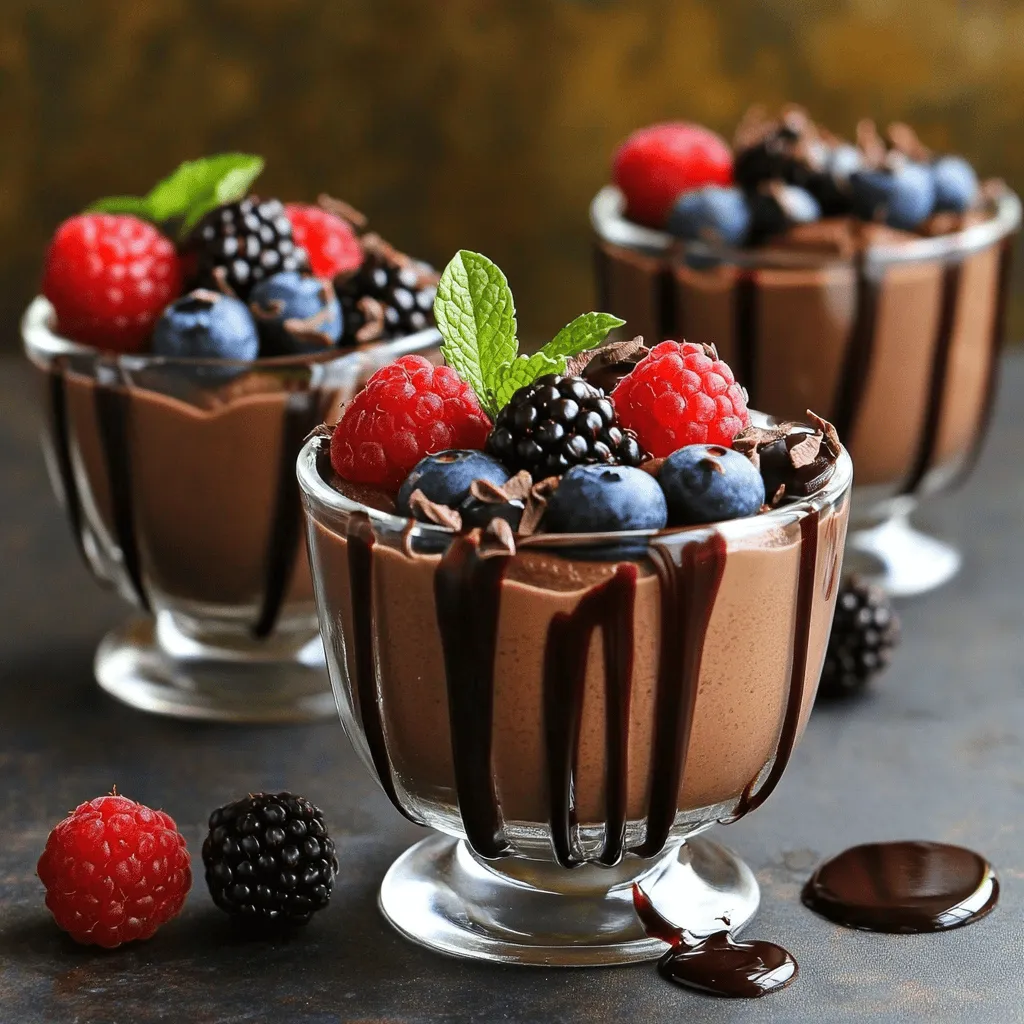 - 1 cup full-fat coconut milk - 1/2 cup dairy-free dark chocolate chips (at least 70% cacao) - 2 tablespoons maple syrup (adjust to taste) - 1 teaspoon vanilla extract - A pinch of sea salt - 1 tablespoon unsweetened cocoa powder (optional for extra chocolate flavor) - Fresh berries (for garnish) To make this dairy-free chocolate mousse, you need just a few simple ingredients. The base is full-fat coconut milk, which gives the mousse a rich and creamy texture. You will also use dairy-free dark chocolate chips. I recommend choosing chocolate with at least 70% cacao. This will add depth to your mousse. Next, you’ll want a sweetener. I like to use maple syrup because it adds a nice flavor. You can adjust the amount to fit your taste. Vanilla extract provides extra flavor, while a pinch of sea salt enhances the sweetness. If you want an even richer chocolate taste, you can add unsweetened cocoa powder. It's optional, but I think it makes a big difference. Finally, for a lovely garnish, fresh berries work great. They add color and a burst of freshness to this indulgent treat. For the full recipe, check out the complete instructions to whip up this easy and delicious dessert. To start, refrigerate a can of full-fat coconut milk overnight. This helps the cream rise to the top. When you open the can, scoop out the thick coconut cream into a mixing bowl. Leave the watery part behind. This creamy base gives our mousse its rich texture. For best results, use coconut milk without additives. Next, we need to melt the dairy-free dark chocolate chips. Place them in a microwave-safe bowl. Heat the chocolate in the microwave in 20-second bursts. Stir the chocolate each time. This method prevents burning and helps achieve a smooth melt. It’s okay if some pieces are still solid. The heat will finish melting them as you stir. Once your chocolate is smooth, mix in the coconut cream. Stir until blended well. Then, add in the maple syrup, vanilla extract, and a pinch of sea salt. You can also add cocoa powder for a richer flavor. Mix everything until it’s smooth and creamy. Taste the mixture and adjust sweetness if needed. Now it’s time to whip the mousse. Use a hand mixer or whisk to beat the mixture. Start at a low speed, then increase. Whip until the mousse becomes fluffy and light, which should take about 2 to 3 minutes. The goal is to get air into the mixture, making it airy and light. Once whipped, spoon the mousse into serving cups. Refrigerate them for at least 2 hours. This chilling time helps it set and firm up. When ready to serve, you can garnish with fresh berries or a sprinkle of cocoa powder. A sprig of mint on top adds a nice touch for color. Enjoy this indulgent treat as a delightful dessert! For the full recipe, refer to the earlier sections. - Alternatives for coconut milk: If you cannot find coconut milk, try using almond milk, cashew cream, or oat milk. These can give a nice flavor but may change the texture. Choose full-fat versions for a creamier finish. - Sweetener options: You can swap maple syrup with agave nectar, honey, or date syrup. Adjust according to your taste. Each sweetener adds a unique flavor, so feel free to experiment! - Tips for fluffiness: To make your mousse light and airy, whip the mixture well. Use a hand mixer or whisk until it turns fluffy. This step is key for a perfect texture. - Common mistakes to avoid: Avoid overmixing. If you whip too long, the mousse may become grainy. Also, make sure to chill the mousse for at least two hours. This helps it set properly. - Creative serving suggestions: Serve your mousse in clear cups or jars. This shows off the beautiful layers and texture. You can even layer it with fruit or nut butter for extra flavor. - Garnishing tips: Top your mousse with fresh berries, a sprig of mint, or a dusting of cocoa powder. These add color and enhance the taste. A drizzle of melted dairy-free chocolate can also make it look fancy! For the full recipe, check the [Full Recipe]. {{image_2}} You can enhance your mousse by adding different spices or extracts. A pinch of cinnamon brings warmth. A dash of peppermint extract gives a fresh twist. You can even try espresso powder for a rich coffee flavor. Each option makes the mousse unique and exciting. Switching up the chocolate type also changes the taste. Dark chocolate offers a bold flavor. Milk chocolate gives a sweeter touch. You can also use white chocolate for a creamy, light experience. Each type adds its own character to this treat. Pairing your mousse with fresh fruits makes it even better. Berries like strawberries or raspberries add brightness. Slices of banana or kiwi also create a fun contrast. You can top with nuts or coconut flakes for crunch. For presentation, consider serving the mousse in small jars or cups. Layer it with fruit for a beautiful look. Drizzling melted chocolate on top adds extra flair. A sprig of mint can brighten up the dish, too. Get creative and make it visually appealing! If you need nut-free options, you can still enjoy this mousse. Just ensure your chocolate chips are nut-free. Many brands offer safe choices. You can also replace coconut milk with soy or oat milk for a different flavor. For gluten-free needs, this mousse is already safe! All the ingredients are gluten-free as is. Just check your chocolate chips to avoid hidden gluten. This way, everyone can enjoy a delicious dessert. To keep your mousse fresh, refrigerate it right away. Place it in an airtight container. This way, it stays creamy and delicious for longer. Make sure the lid is tight to avoid any weird smells or tastes from the fridge. If you want to store it for a longer time, you can freeze it. Just scoop the mousse into freezer-safe containers, leaving some space at the top. This allows for expansion as it freezes. When you’re ready to eat it, move it to the fridge for a slow thaw. Your mousse will stay fresh in the fridge for about 3 to 5 days. However, for the best taste and texture, aim to eat it within 2 days. After that, it might lose its fluffy texture. Look for signs that your mousse has gone bad. If you notice any off smells, a change in color, or if it feels slimy, it’s best to throw it away. Fresh mousse should look smooth and feel light. If you want to soften the mousse after it’s been in the fridge, use a gentle method. Take it out and let it sit at room temperature for about 15 minutes. This helps restore some of its creamy texture. You can also give it a quick whip with a hand mixer. This can help bring back its fluffiness. Avoid using the microwave, as it may change the texture and make it gritty. Always aim for a gentle touch to keep that light, airy feel. Yes, you can make this mousse a day in advance. Just follow the full recipe and chill it overnight. This allows the flavors to blend well. When you’re ready to serve, simply garnish it with fresh berries. This dessert stays tasty for up to three days in the fridge. If you want to use something else, you have options. Agave nectar or coconut sugar works well as sweeteners. You can also try brown rice syrup for a different taste. Just adjust the amount to your liking. This mousse is already vegan-friendly! All the ingredients are plant-based. Just ensure your chocolate chips are dairy-free. Look for brands that specify they are vegan. Absolutely! Kids love the rich chocolate flavor. It’s sweet and creamy, making it a hit with little ones. You can even let them help with mixing. They will enjoy garnishing it with berries too! You now have a clear guide to making dairy-free chocolate mousse. We covered the key ingredients, step-by-step instructions, and useful tips. Remember to check for ingredient substitutions and variations, so you can make it your own. Store your mousse properly to keep it fresh, and feel free to prep it ahead for convenience. With a few creative touches, your dessert can impress anyone. Go ahead and make this yummy treat! Enjoy your cooking adventure!